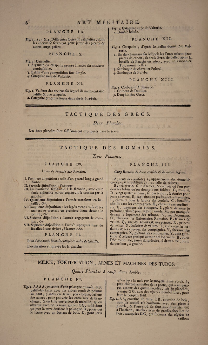 PLANCHE IX. Fig. I, 3 & 4. Différentes fortes de catapultes, dont les anciens fe fervoient pour jetter des pierres Ôc autres corps pefans. PLANCHE X. 'Fig. u Catapulte. 2. Arganete ou catapulte propre à lancer des matières combuftibles. 3. Balifte d’une compolition fort fimple. 4. Catapulte titrée de Valturio. PLANCHE XI. Fig. 1: Vaiffeau des anciens fur lequel ils mettoient une baliffe ôc une catapulte. 2. Catapulte propre à lancer deux dards à-la-fois. Fig. 3. Catapulte tirée de Valturio. 4. Double balifte. PLANCHE XII. Fig. 1. Catapulte , d’après le deflin donne par Val¬ turio. 2. Un des chameaux ftir lefqueis les Turcs mirent deux pièces de canon, de trois livres de balle, après la bataille de Patacin en 16570 , avec un canonnier Turc monté deffus. 3. Sambuque du chevalier Folard. 4. Sambuque de Polybe. PLANCHE XIII. Fig. 1. Corbeau d’Archimede. 2. Corbeau de Duillius. 3. Dauphin des Grecs. TACTIQUE DES GRECS. Deux Planches. Ces deux planches font fuffifàmment expliquées dans le texte. TACTIQUE DES ROMAINS. Trois Planches. PLANCHE I«e. PLANCHE III. Ordre de bataille des Romains. Camp Romain de deux conjuls & de quatre légions. L Première difpofition : celle d’un quarré long à grand front. II. Seconde difpofition : l’oblique. III. La troifteme femblable à la fécondé, avec cette feule différence qu’on engageoit le combat par la gauche. IV. Quatrième difpofition : l’armée marchant en ba¬ taille, &è. V. Cinquième difpofition : les légèrement armés Ôc les archers fè mettant en première ligne devant le centre, &c. VI. Sixième difpofition : l’armée engageant le com¬ bat , &c. VII. Septième difpofition : l’armée appuyant une de fes ailes à une rivière, à la mer, &c. PLANCHE II. Plan d'une armée Romaine rangée en ordre de bataille. L’explication eft gravée fur la planche. A , tente des confiais 1, appartement des domeftî- Gllt publique ; 3,4, fille de réferve. B, tréfiorerie, fialle-d’armes, & endroit où l’on gar- doit les habits qu’on donnoit aux fioldats. C , marché. D, vingt-quatre tribuns , fix par légion, & écuries pour leurs chevaux. E, capitaines ou préfets des compagnies. F, chevaux pour le fiervice des confiais. G * fantaflins choifis dans les compagnies. H, chevaux extraordinai¬ res. K , logement des étrangers. L , place derriere'le prétoire deftinée pour la promenade. M, rue pratiquée devant le logement des tribuns. N, me Décumane. O, chevaux des légionnaires Romains. P, triâmes ôc velites. Q, rue des triaires ôc desprinces. R, princes ôc vélites. S , haftaires ôc vélites. T, rue entre les ha- ftaires ôc les chevaux des compagnies. V, chevaux des compagnies. X, piétons des compagnies. Y, voie quin- taine. Z,efipace pratiqué autour deslogemens. è ,porte Décumane. O-, porte du prétoire, à droite. -O 9 porte du quefteur , à gauche. ,, . ■ ——i —a - - ■■■— —— ■■ ■ MILICE, FORTIFICATION , ARMES ET MACHINES DES TURCS. Qiiatre Planches PLANCHE Iere. Fig. 1. A A A A, enceinte d’une palanque quanrée. B B, paliftàdes faites avec des arbres ronds ôc pointus au haut, plantés en terre, peu éloignés les uns des autres, pour pouvoir les entrelacer de bran¬ chages, & en faire une efipece de muraille, qu’on affermit avec de la terre graftè. C C, foffé dont on met la terre derrière la palanque. D , porte qui fe ferme avec un battant de bois. E, pont-levis à caufe d'une double. qu*on Jeve la nuit par le moyen d’une corde. F, petit chateau au-deilus de la porte, qui a un para¬ pet autour des quatre façades , fart de planches, comme G G, avec des efipeces d’embrâfures. pour faire le coup de fufil. Fig. 2. A A, courtine de terre. BB, courtine de bois, | dont la moitié eft conftruite avec des pieux à plomb, ôc 1 autre ou ils font mis parallèlement a 1 horizon , attaches avec de groffes chevilles de bois> marquées CC, qui forment des efpeces de caillons I