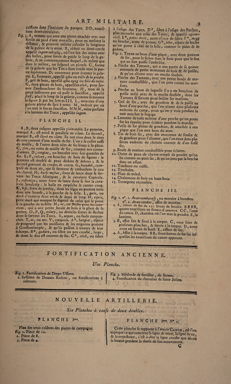 caiflons dans l'întérieür du parapet. DD, touril¬ lons demi-circulaires. Fig. 3. A, mineur qui jette une pierre attachée avec une ficelle au pied d une muraille , pour en mefurer la diftance, & pouvoir enfuite calculer la longueur de la galerie de la mine. B , réduit en demi-cercle appelle lagum tabiajèg, où 1 on fait des mires avec des balles, pour fervir de guide le long de la ga¬ lerie, ôc au commencement duquel, de même que dans le milieu, on fufpend un plomb. G, forme de la galerie que les Turcs font ronde vers la par¬ tie fuperieure. D, ouverture pour éventer la gale¬ rie. E, fourneau, appel lé a/ha ou trêfor delà poudre. F, gril de bois, appellé ajna agag ou bois du trefor. G, deux pièces de bois , appeîlées uluk, pour fer¬ mer l'embouchure du fourneau. H , trou de la pièce inférieure par où pafife le fauciflon , appellé fctil, place le long de la galerie, comme le montre la figure E par les lettres III. L , morceau d’une galerie pleine de facs à terre. M , endroit par où l’on met le feu au faucilfon. N N N, mine parfaite à la lumière des Turcs , appellée lagum. PLANCHE II. A , B, deux cafques appelles frin-culla. Le premier, marqué A , eft rond ôc parallèle au crâne. Le fécond , marque B, eft eleve en cône. Ils ont tous deux le tiers du cou couvert d’une maille de fer. L’un a le collet aufli de maille , ôc l’autre deux ailes de fer blanc à la place. C, ^ire y ou cotte de maille de fer, comme nos cottes- d armes. D , congiac, ou bracelet avec fon gantelet de fer. E, F , calcan, ou bouclier de bois de figuier : le premier eft doublé de peau dedans ôc dehors ; Ôc le fécond entouré de cordes de coton. G, buinduk, com- ■pofé de deux ais, qui fe ferment ôc embralïent le cou du cheval. H, karki mefrac, forte de lance dont fe fer¬ vent les Turcs Afiatiques , ôc la cavalerie Capiculy. I, cojlaniia, autre forte de lance dont le fert la cava¬ lerie Serafculy : la balle en empêche le contre-coup. K, kijt y lorte de javelot, dont les légas en portent trois dans une bourfe , a la gauche de la (elle. L, gerity ou dard d environ deux pieds Ôc demi de long. M, topeisy petit dard qui marque la dignité de celui qui le porte à ia gauche de la felle N , oc, on fléché puui Ica exer¬ cices , qui a une petite boule de bois à la place de la pointe. O, P, Q, oclary, ou diverfes fortes de fléchés dont fe fervent les Turcs. S, terpan , ou faulx emman¬ chée. T, ai y ou arc. V, carquois. A*, hangiar, efpece de poignard que les janiflàires ôc les mignons portent a Conftantinople , ôc qu’ils paflènt à travers de leur écharpe. B*, gadaray ou fabre un peu courbé , large, ôc dont le dos eft couvert de fer. C*, clich, ou fabre I T A I R E. 9 a l ufitgc des Turcs. D*, flibve à XuCage desPerfans, plus recourbé que celui des Turcs , ôc appellé agiem- clich. E*, palas droit, autre efpece de fabre. F*, megg ou, broche, arme^ de pointe. G *, tebety efpece de hache qu on porte a cote de la felle, comme le palas ôc le gadara. Tuyau au bout d’une pique, avec deux pointes de ter, pour la ficher dans le bois pour que le feu qui en fort puilfe l’embrâfer. 2. Fléché des Tartares, qui a une partie de là pointe entouree de petits morceaux de bois ôc de paille, ôc qu on allume avec un meche foufrée. 3. Fléché des Tattaies, avec une petite bouje de ma- tieie combuftible , que 1 on jette contre les mai- ions. 4. Perche au^ bout de laquelle il y a un bouchon de paille mêlé avec de la meche foufrée , dont les Tartares fe fervent pour brûler les maifons. f. Gril de, fer , avec du goudron ôc de la paille au bout d une perche , que l’on plante dans plufieurs- endroits du camp, pour qu’011 y voie pendant la nuit marcher le bagage. 6. Lanterne^ de toile au bout d’une perche qu’on porte fur les épaules pour éclairer pendant la marche. 7. Poêle de fer pleine de goudron, ôc attachée à une pique que l’on met hors du mur. 8. Tas de bois fec, avec des morceaux de foufre ôc de goudron pour l’allumer, que l’on tient dans plu- fieurs endroits du chemin couvert ôc d’un foflé fec. 9- Boule de matière combuftible pour éclairer. 10. Outre de peau de chevre rempli de poudre qu’on lie comme un petit lac, ôc qu’on jette par la breche dans un a (Faut. 11. Tambour ou caille. 12. Tymbales. 13. Plats de métal. 14. Chalumeau de bois ou haut-bois.’ iy. Trompette recourbée. PLANCHE III. big. 1. n°. 1. Avan-cumbarajy y ou mortier à bombes.’ n°. i. Avan-cundac, affût de mortier. 1. A, canon de fer de 1 zo livres de boulet. B B B B, quatre tourillons en forme d’anneaux. C C , l’âme du canon. D, chambre où l’on met la poudre. E la lumière. 5 3. B affût fait & ferré à la turque. C, roue faite de plulieurs planches, ôc ferrée à la turque. D autre roue en forme de baril. E, aiflieu de fer. 4. A, Affût à la turque. B B, fourchettes de fer fur leP quelles les tourillons du canon appuient. —* ^FORTIFICATION ANCIENNE. I . * , ■ .-r, Tl ... Une Planche, Fig. 1. Fortification de Diego Uffano. 2. Syftême de Donato Rofetti , ou fortifications à rebours. ' ’ r “ r Fig. 3. Méthode de fortifier , de Sturm. 4. Fortification du chevalier de Saint-Julien; NOUVELLE ARTILLERIE. I W ? ' 1 «'•''< f V/ * ' I*r ' ' ‘ ^ . 4.. * r r t t , Six Planches à eau fe de deux doubles. PLANCHE I«e. Plan des trois calibres des pièces de campagne. Fig. i.‘ Piece de 12. 2. Piece de 8. 3. Piece de 4. PLANCHE iere. N9. ±; Cette planche fe rapporte à Xarticle Canon , où fort explique ce qui concerne la ligne de mite, lalignè de tir & la tiajecftoire , c eft à-dire la ligne courbe que décrit le bouiet pendant la duree de fon mouvement g‘