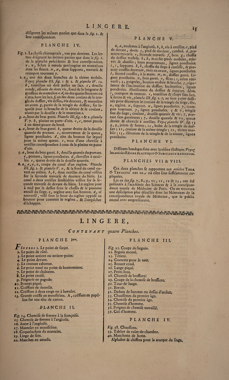 lin.ger e. défîgnent les mêmes parties que dans la fig. i. ôc leur correfpondent. PLANCHE IV. Fig. I. La chaife chirurgicale , vue par derrière. Les let¬ tres désignent les mêmes parties que dans la fig. t. de la planche précédente ôc leur correfpondent. V y v, fiches à noeuds prolongées en mamelons dans les fléaux, x} xy deux fupports, traverfe ôc crampon tournant y. 1. a, une des deux branches de la têtiere mobile. Voyei planche III. fig. i & i. ôc planche IV. 11. b y tourillon où doit paflér un lacs, c, douille ronde, aflortie de deux vis, forcé de la longueur ôc grofleur du mamelon e. dy un des quatre boutons où s’attachent les lacs.fi un des deux coulans de la trin¬ gle du doflier, vis deflus,vis derrière, ôc mamelon en avant. gy partie de la tringle du doflier, fur la¬ quelle joue la branche de la têtiere & le coulant, réunis par la douille c & le mamelon e. $. a y bout du bras garni. Planche III.fig. 1 & 1.planche V.y. b y platine en patte-d’oie. c9c, trous percés a un demi-pouce du bord. 4. a y bout du bras garni. 3, queue droite de la douille quarrée du portant, c, mouvement de la queue, lignes ponctuées, d, tête du bouton fur lequel joue la même queue, e, trou d’une cheville à oreilles correfpondant à ceux de la platine en patte- d’oie. f. <z, bout du bras garni, b, douille quarrée du portant. c y portant, lignes ponctuées, dy chevilles à oreil¬ les. e, queue droite de la douille quarrée. tè.a, dyûyay coupe du canal d’un regître. Planche III. fig. 1. ôc planche V. Ôc le fond du canal ou¬ vert au milieu, b y b y deux oreilles du canal viiïees fur la féconde traverfe de derrière du bâtis. Le canal a deux oreilles femblables viflées fur la fé¬ condé traverfe de devant du bâtis. Le regître joue à nud par le defliis fous le chaflis ôc le panneau enrafé du fiege. c, regître avec fon bouton, d, té renverfé , viflé fous le bout du regître oppofé au bouton pour contenir le regître , ôc l’empêcher d’échapper. H planché V. n> roulettes à l’angloife. b. b, vis à oreilles.e, pied! de devant, droit, c, pied de derrière , cambré, d, pre- miere traverfe. <?, fécondé traverfe. /, bras, g, chaflis du doliier mobile, h, hy fnarche-pieds mobiles, rele- Yes. ^bailles 3 leurs mouvemens, lignes ponctuées. 13.L3 fuPPorts- chaflis du fiege à couliflê, &pre- miei couffin dormant, tirés en avant, lignes ponctuées. 3 lecona couiiin, a la main. m, doflier garni. Li- c • / iiy bras garni, o, fléau ; i, talon ren- verie 3 2, poignées, bouton mobile & broche. <7,régu¬ lateur de lincîinaifon du doflier. Inciinaifon , lignes ponéluces. Abaiflement du doflier ôc fupport. Idem. r, crampon de retenue. t, tourillon & chape fans lacs! L ecrou ôc vis y planche III, fig. 2. t3 ne font point defli- nes pour découvrir le coulant de la tringle du fiege, &c. Uy regître. jc, fupport. x, lignes ponctuées, y y cram¬ pon tournant, y, lignes pon&uées. f ôc 6 , tringle fixe du fiege , Coulant, douille quarrée & vis 3 7, por¬ tant fans garnitures 3 7, douille quarrée ôc vis, queue droite ôc cheville à oreilles* Voye^ planche IV. fig. ^ ; 9 > 9 y joints ôc frettes -, 10 , boîte de la tringle du dofi- fier *3 11, coulant de la même tringle 312, têtiere mo¬ bile 3 13 , élévation de la tringle ôc de la têtiere, lignes ponduées. PLANCHE VL Differetts bandages faits avec là réfine élaflique. Voye£ les aruclesRésiNE élastique ^Substance résineuse* PLANCHES V 11 & V111. Ces deux planches fe rapportent aux articles Tibia d1 Ténacité dès os > où elles font fuffifamment ex¬ pliquées. Les os (lesfig. 7,8,5;, 10 , 11 , 12 ôc 13 * ont été preféntes a 1 académie des Sciences ôc h h correfpon- dance royale de Médecine de Paris. On en trouvera une defeription plus détaillée dans les Mémoires de la correfpondance royale de Médecine , que le public attend avec empreflèment. L I N G E R E, Contenant quatre Planches. PLANCHE la ures 1. Le point de furjet. 2. Le point de côté. 3. Le point-arriere ou amere-point; 4. Le point devant. j. La couture rabattue. 6. Le point noué ou point de boutonnière^ 7. Le point de chaînette. 8. Le point croifé. p. Peignoir en pagode; 10. Bonnet piqué. 11. Coëffure de dentelle. 12. Coëffure à deux rangs ou â bavolet. .13. Grande coëffe en moufléline. A, coëffure en papil¬ lon fur une tête de carton. PLANCHE II. Vig. 14. Chemifè de femme à la françoifé, 2 j. Chemife de femme à l’angloife. 16. Autre à l’angloife. 17. Mantelet en moufléline. j8. Coqueluchon du mantelet, ip. Linge de fein. 20. Manches en amadis. PLANCHE III. Fig. 21. Coupe du béguin. il. Béguin monté. 23. Têtiere. 24. Cornette pour la nuit. 2 ^ Bonnet rond. 16. Lange piqué. 27. Petits bras. 28. Chemife de brafliere.’ 2p. Coupe de la chemife de brafliere*' 30. Tour-dé-iange. 31. Bavoil*. 31. Dedans de berceau ou dëflus d’archets 3 3. Chauflêttes du premier âge. 34. Chemifé du premier âge. 3 f. Chemife d’homme. 36. Poignet de chemifé travaillé. 37. Col d’honnme. PLANCHÉ IV. Fig. 38. Chauffons. 3 p. Tablier de valet-de-chambre. 40. Manchette de botte. Alphabet Ôc chiffres pour la marque du linge.