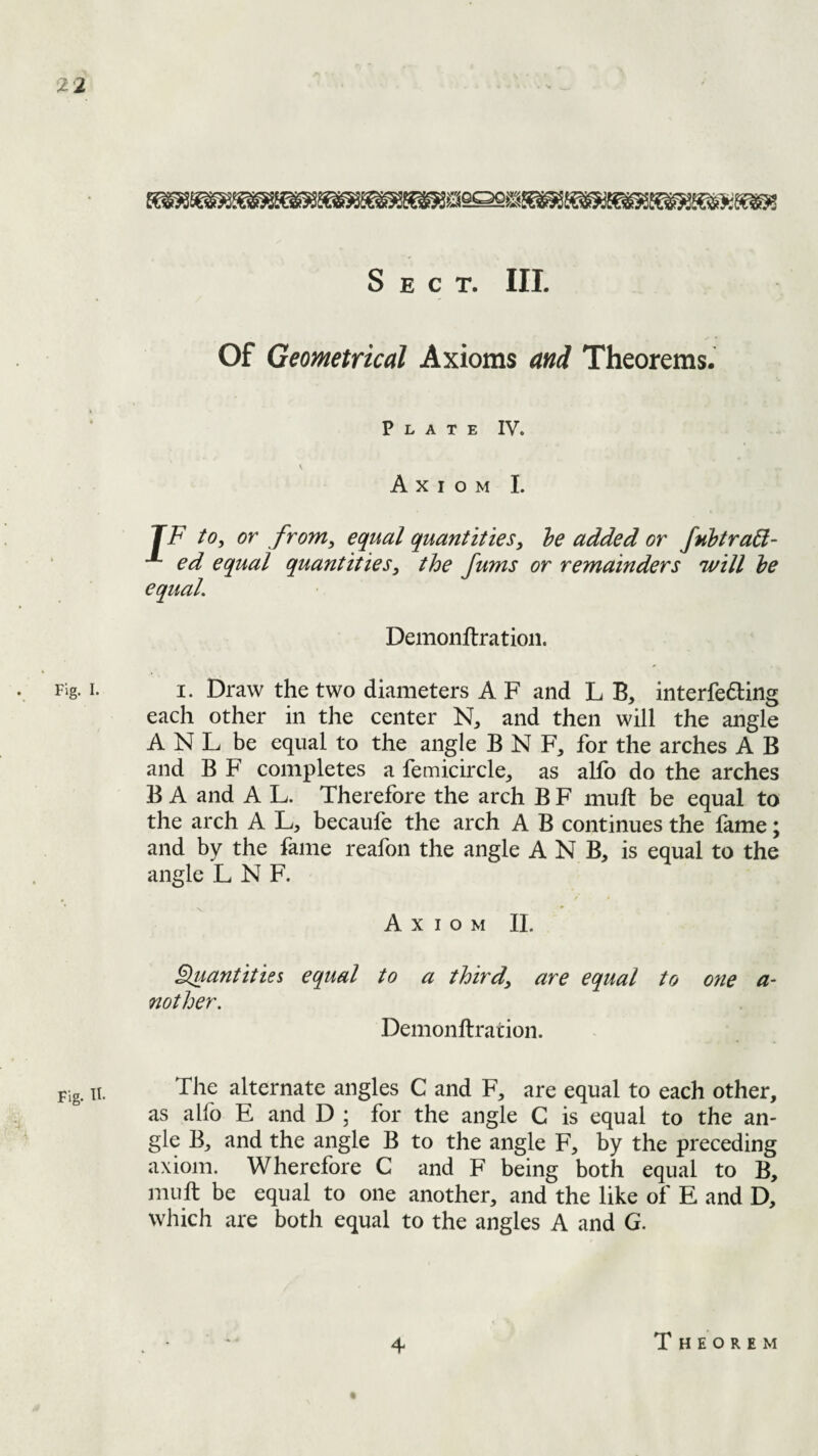 Of Geometrical Axioms and Theorems. Plate IV. Axiom I. TF to, or from, equal quantities, he added or Juhtrad;- ed equal quantities, the fums or remainders will he equal. Demonftratioii. Fig. I. I. Draw the two diameters A F and L B, interfedling each other in the center N, and then will the angle A N L be equal to the angle B N F, for the arches A B and B F completes a femicircle^ as alfo do the arches B A and A L. Therefore the arch B F mull be equal to the arch A L, becaufe the arch A B continues the fame; and by the fame reafon the angle A N B, is equal to the angle L N F. Axiom IL ^iantities equal to a third, are equal mther. Demonftration. to one a‘ Pjg n. The alternate angles C and F, are equal to each other, as alfo E and D ; for the angle C is equal to the an¬ gle B, and the angle B to the angle F, by the preceding axiom. Wherefore C and F being both equal to B, muft be equal to one another, and the like of E and D, which are both equal to the angles A and G. Theorem