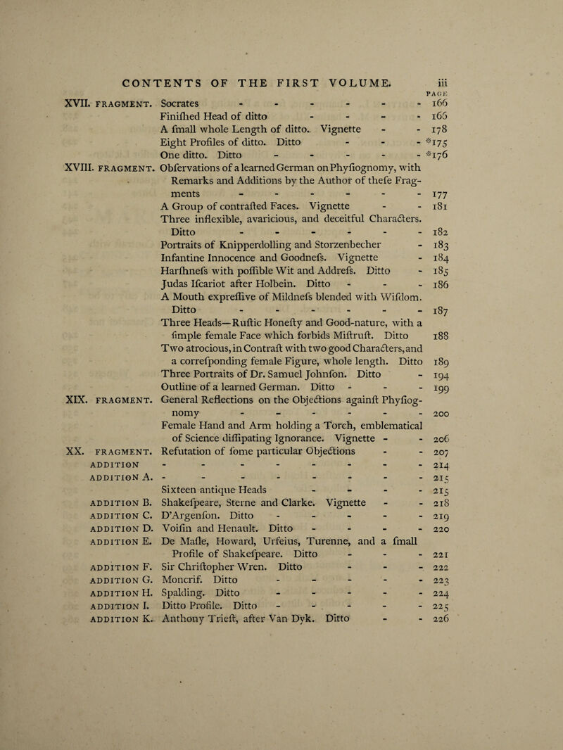 XVII. FRAGMENT. XVIII. FRAGMENT. XIX. FRAGMENT. XX. FRAGMENT. ADDITION ADDITION A. ADDITION B. ADDITION C. ADDITION D. ADDITION E. ADDITION F. ADDITION G. ADDITION H. ADDITION I. ADDITION K. Socrates ------ Finifhed Head of ditto - A fmall whole Length of ditto.. Vignette Eight Profiles of ditto. Ditto - One ditto- Ditto - Obfervations of a learned German onPhyfiognomy, with Remarks and Additions by the Author of thefe Frag¬ ments ------ A Group of contrafted Faces. Vignette Three inflexible, avaricious, and deceitful Characters. Ditto ------ Portraits of Knipperdolling and Storzenbecher Infantine Innocence and Goodnefs. Vignette Harfhnefs with poflible Wit and Addrefs. Ditto Judas Ifcariot after Holbein. Ditto - A Mouth expreflive of Mildnefs blended with Wifdom. Ditto - Three Heads—Ruflic Honefty and Good-nature, with a fimple female Face which forbids Miftruft. Ditto Two atrocious, in Contrail: with two good Characters, and a correfponding female Figure, whole length. Ditto Three Portraits of Dr. Samuel Johnfon. Ditto Outline of a learned German. Ditto - General Reflections on the Objections againft Phyfiog- nomy - - - - - Female Hand and Arm holding a Torch, emblematical of Science diffipating Ignorance. Vignette - Refutation of fome particular Objections Sixteen antique Heads - Shakefpeare, Sterne and Clarke. Vignette D’Argenfon. Ditto - Voifin and Henault. Ditto - De Made, Howard, Urfeius, Turenne, and a fmall Profile of Shakefpeare. Ditto Sir Chriftopher Wren. Ditto Moncrif. Ditto - Spalding. Ditto - Ditto Profile. Ditto - - . - Anthony Tried, after Van Dyk. Ditto PAGE 166 165 178 *175 *176 177 181 182 183 184 185 186 187 188 189 T94 199 200 206 207 i 214 215 215 218 219 220 221 222 222 4-> 224 22C 226