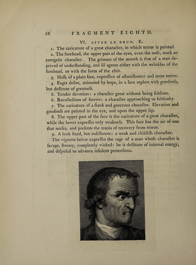 VI. AFTER LE BRUN. E„ 1. The caricature of a great chara&er, in which terror is painted. 2. The forehead, the upper part of the eyes, even the nofe, mark an energetic charadler. The grimace of the mouth is that of a man de¬ prived of undemanding, and ill agrees either with the wrinkles of the forehead, or with the form of the chin. 3. Mafk of a plain face, expreflive of aftonifhment and mute terror. 4. Eager defire, animated by hope, in a face replete with goodnefs, but deftitute of greatnefs. 5. Tender devotion: a chara&er great without being fublime. 6. Recolledlion of forrow: a charadler approaching to fublimity. 7. The caricature of a frank and generous character. Elevation and goodnefs are painted in the eye, and upon the upper lip. 8. The upper part of the face is the caricature of a great character, while the lower exprelfes only weaknefs. This face has the air of one that mufes, and prefents the traces of recovery from terror. 9. A look fixed, but indifferent: a weak and childifh charafler. The vignette below expreffes the rage of a man whofe chara&er is favage, flormy, completely wicked: he is deftitute of internal energy, and difpofed to advance infolent pretenftons.