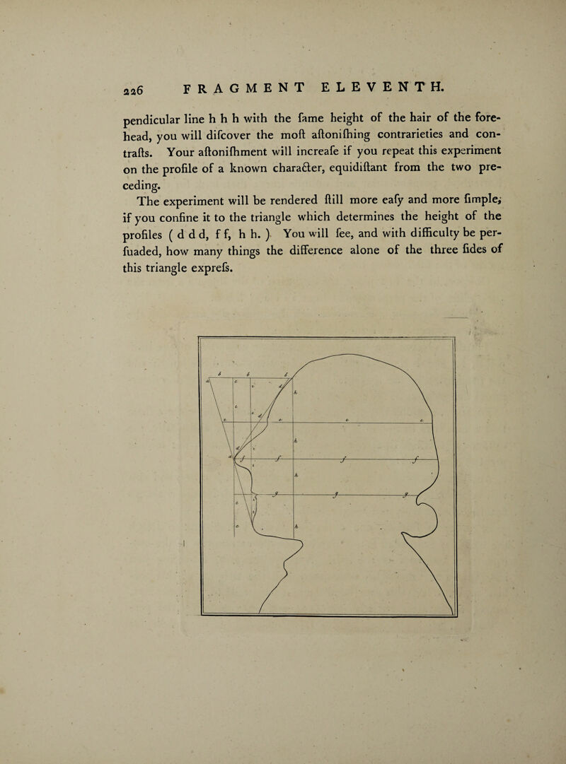 pendicular line h h h with the fame height of the hair of the fore¬ head, you will difcover the mod aflonifhing contrarieties and con¬ trails. Your aflonifhment will increafe if you repeat this experiment on the profile of a known chara&er, equidiflant from the two pre¬ ceding. The experiment will be rendered Hill more eafy and more fimple; if you confine it to the triangle which determines the height of the profiles ( d d d, f f, h h. ). You will fee, and with difficulty be per- fuaded, how many things the difference alone of the three fides of this triangle exprefs.