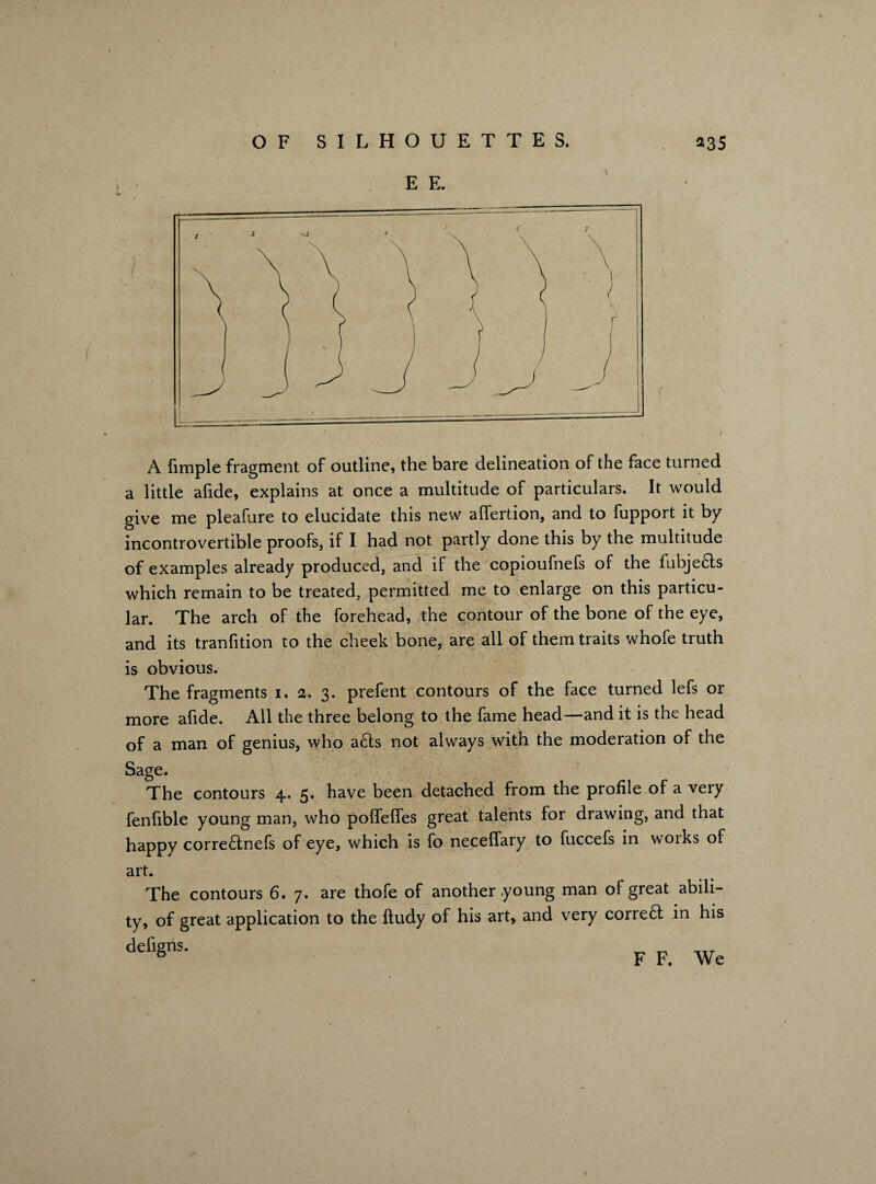 E E. A fimple fragment of outline, the bare delineation of the face turned a little alide, explains at once a multitude of particulars. It would give me pleafure to elucidate this new affertion, and to fupport it by incontrovertible proofs, if I had not partly done this by the multitude of examples already produced, and if the copioufnefs of the fubje&s which remain to be treated, permitted me to enlarge on this particu¬ lar. The arch of the forehead, the contour of the bone of the eye, and its tranfition to the cheek bone, are all of them traits whofe truth is obvious. The fragments i. 2. 3. prefent contours of the face turned lefs or more afide. All the three belong to the fame head—and it is the head of a man of genius, who a£ts not always with the moderation of the Sage. The contours 4. 5. have been detached from the profile of a very fenfible young man, who pofifeffes great talents for drawing, and that happy corre£tnefs of eye, which is fo neceffary to fuccefs in woiks of art. The contours 6. 7. are thofe of another .young man of great abili¬ ty, of great application to the ftudy of his art, and very correfl in his defigns. F F. We