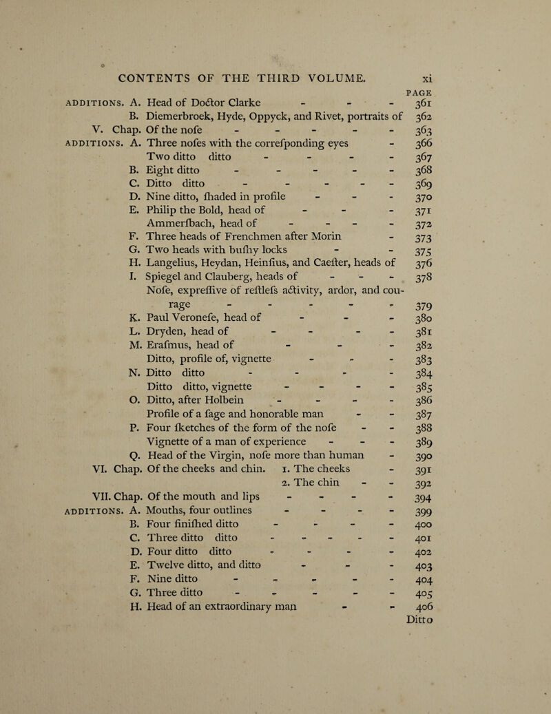 PAGE additions. A. Head of Doctor Clarke - 361 B. Diemerbroek, Hyde, Oppyck, and Rivet, portraits of 362 V. Chap. Of the nofe _____ 363 additions. A. Three nofes with the correfponding eyes - 366 Two ditto ditto - 367 B. Eight ditto - - 368 C. Ditto ditto - - 369 D. Nine ditto, fhaded in profile - 370 E. Philip the Bold, head of - - 371 Ammerfibach, head of - - - 372 F. Three heads of Frenchmen after Morin - 373 G. Two heads with bufhy locks - - 373 H. Langelius, Heydan, Heinfius, and Caelfer, heads of 376 I. Spiegel and Clauberg, heads of - - “378 Nofe, expreflive of reftlefs adtivity, ardor, and con- rage 379 K. Paul Veronefe, head of 380 L. Dry den, head of - - 381 M. Erafmus, head of - - 382 Ditto, profile of, vignette _ 383 N. Ditto ditto - 384 Ditto ditto, vignette - 385 O. Ditto, after Holbein - 386 Profile of a fage and honorable man - - 387 P. Four Iketches of the form of the nofe - - 388 Vignette of a man of experience - 389 Q. Head of the Virgin, nofe more than human - 390 VI. Chap. Of the cheeks and chin. 1. The cheeks - 391 2. The chin - - 392 VII. Chap. Of the mouth and lips - - 394 additions. A. Mouths, four outlines - 399 B. Four finifhed ditto - 400 C. Three ditto ditto _____ 401 D. Four ditto ditto * - - - 402 E. Twelve ditto, and ditto _ _ . 403 F. Nine ditto - 404 G. Three ditto _____ 403 H. Head of an extraordinary man - 406 Ditto