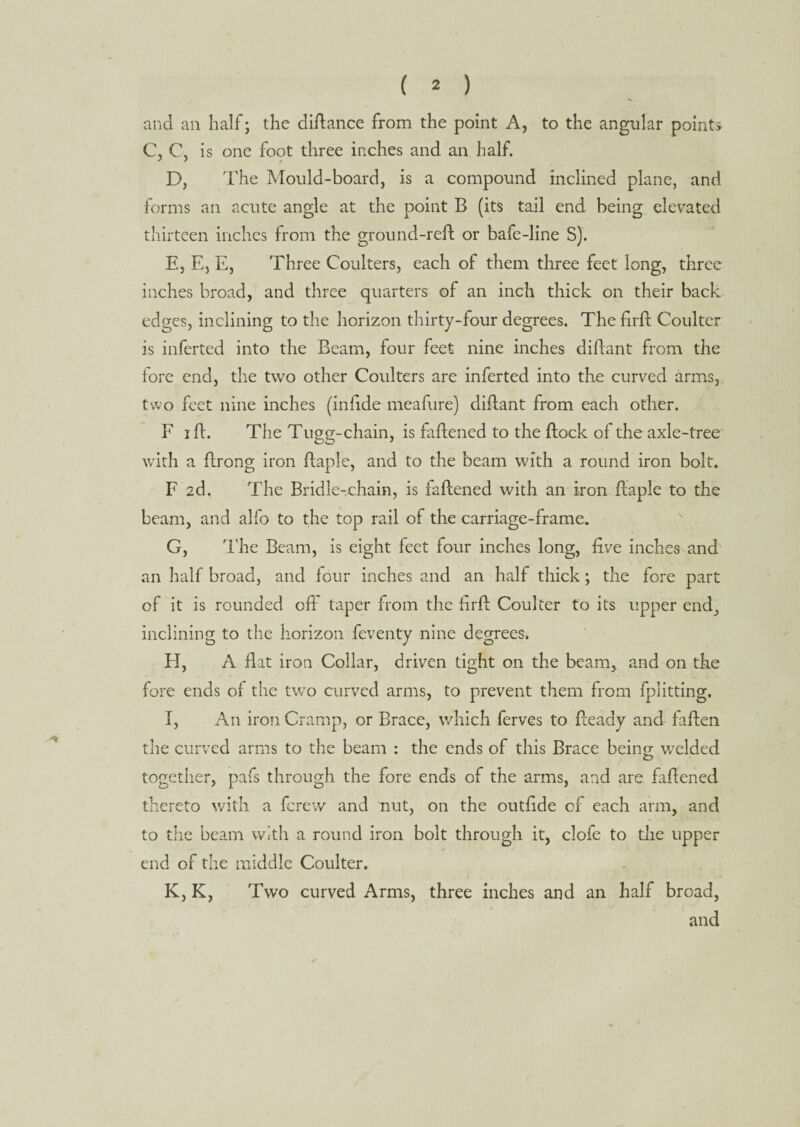 and an half; the diftance from the point A, to the angular point* C, C, is one foot three inches and an half. D, The Mould-board, is a compound inclined plane, and forms an acute angle at the point B (its tail end being elevated thirteen inches from the ground-reft or bafe-line S). E, E, E, Three Coulters, each of them three feet long, three inches broad, and three quarters of an inch thick on their back edges, inclining to the horizon thirty-four degrees. The firft Coulter is inferted into the Beam, four feet nine inches diftant from the lore end, the two other Coulters are inferted into the curved arms, two feet nine inches (inftde meafure) diftant from each other. F i ft. The Tugg-chain, is fattened to the ftock of the axle-tree with a ftrong iron ftaple, and to the beam with a round iron bolt. F 2d. The Bridle-chain, is fattened with an iron ftaple to the beam, and alfo to the top rail of the carriage-frame. G, The Beam, is eight feet four inches long, live inches and an half broad, and four inches and an half thick; the fore part of it is rounded oft taper from the ftrft Coulter to its upper end., inclining to the horizon feventy nine degrees. H, A flat iron Collar, driven tight on the beam, and on the fore ends of the two curved arms, to prevent them from fplitting. I, An iron Cramp, or Brace, which ferves to fteady and fatten the curved arms to the beam : the ends of this Brace being; welded together, pafs through the fore ends of the arms, and are fattened thereto with a ferew and nut, on the outftde of each arm, and to the beam with a round iron bolt through it, clofe to tire upper end of the middle Coulter. K, K, Two curved Arms, three inches and an half broad, and