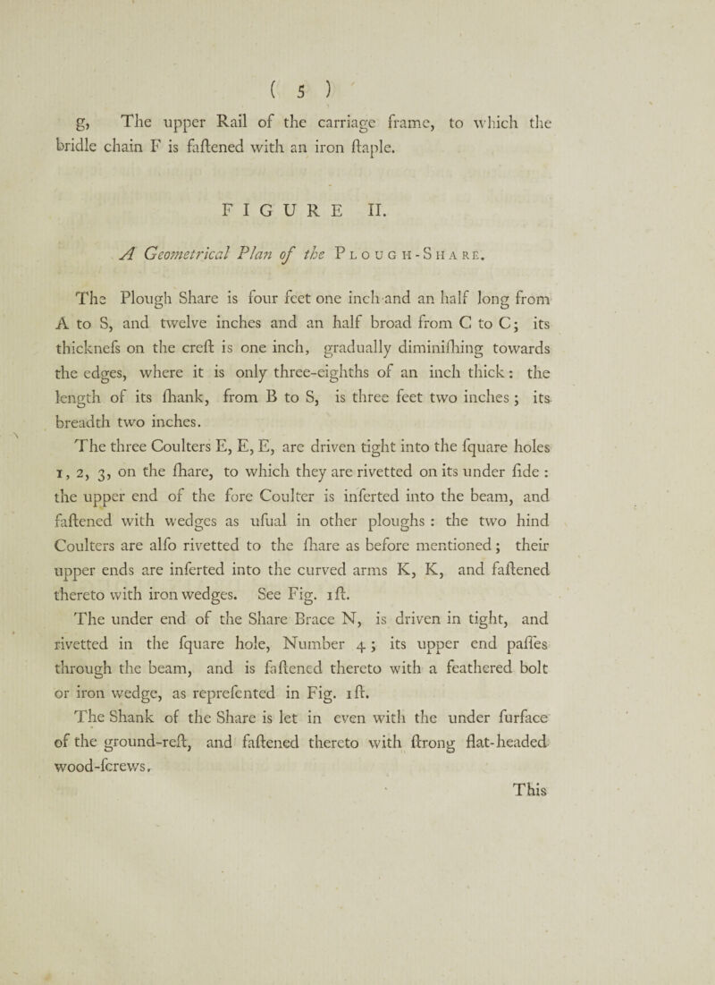 l ) g, The upper Rail of the carriage frame, to which the bridle chain F is faftened with an iron ftaple. FIGURE II. A Geometrical Plan of the Plough-Share. The Plough Share is four feet one inch and an half long from A to S, and twelve inches and an half broad from G to C; its thicknefs on the creft is one inch, gradually diminifhing towards the edges, where it is only three-eighths of an inch thick: the length of its fhank, from B to S, is three feet two inches; its breadth two inches. The three Coulters E, E, E, are driven tight into the fquare holes 1,2, 3, on the fhare, to which they are rivetted on its under fide : the upper end of the fore Coulter is inferted into the beam, and faftened with wedges as ufual in other ploughs : the two hind Coulters are alfo rivetted to the fhare as before mentioned; their upper ends are inferted into the curved arms K, K, and faftened thereto with iron wedges. See Fig. ift. The under end of the Share Brace N, is driven in tight, and rivetted in the fquare hole, Number 4; its upper end paffes through the beam, and is faftened thereto with a feathered bolt or iron wedge, as reprefented in Fig. 1 ft. The Shank of the Share is let in even with the under furface of the ground-reft, and faftened thereto with ftrong flat-headed wood-fere ws, This