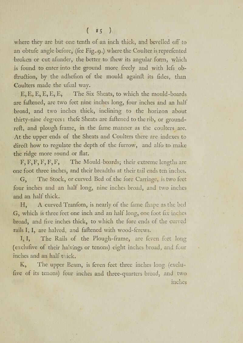 where they arc but one tenth of an inch thick, and bevelled off to an obtufe angle beiore, (fee Fig. 9.) where the Coulter is reprefented broken or cut afunder, the better to fhew its angular form, which is found to enter into the ground more freely and with lefs ob- ffru&ion, by the adhefion of the mould againff its fides, than Coulters made the ufual way. E, E, E, E, E, E, The Six Sheats, to which the mould-boards are faftened, are two feet nine inches long, four inches and an half broad, and two inches thick, inclining to the horizon about thirty-nine degrees: thefe Sheats are faftened to the rib, or ground- reft, and plough frame, in the fame manner as the coulters are. At the upper ends of the Sheats and Coulters there are indexes to dired how to regulate the depth of the furrow, and alfo to make the ridge more round or flat. F, F, F, F, F, F, The Mould-boards; their extreme lengths are one foot three inches, and their breadths at their tail ends ten inches. G, The Stock, or curved Bed of the fore Carriage, is two feet four inches and an half long, nine inches broad, and two inches and an half thick. H, A curved Tranfom, is nearly of the fame fhape as the bed G, which is three feet one inch and an half long, one foot fix inches broad, and five inches thick, to which the fore ends of the curved rails I, I, are halved, and faftened with wood-fcrewrs. I, I, The Rails of the Plough-frame, are feven feet long (exclufive of their halvings or tenons) eight inches broad, and four inches and an half thick. K, The upper Beam, is feven feet three inches long (exclu¬ five of its tenons) four inches and three-quarters broad, and two inches