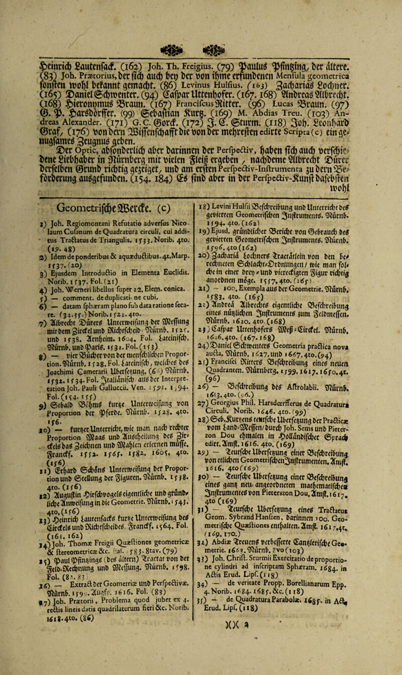 Heinrich gautettfacf. (162) Joh. Th. Freigius. (79) ^aulug ^jingtng, ber altere. (83) J°b. Pr^conus,ber fld) auch bei; ber v>on ihme erfunbenen Menfuia geometrica fünften rooh.l befannt gemacht. (86) Levinus Huifms. (ig3) gachariaö £ochner. (165) ©antet(Scbtt>enter.(94) @afparUttenbofer.(i67.168) $tnbrea^2übr?cbt. (168) gneronpmuS £3taun. (167) FrandfcusSKitter. (96) Lucas SSraun. (97) ©. $. Jg^aröborffer. (99) ©ebafltan ^Ut§. (169) M. Abdias Treu. (103) An¬ dreas Alexander. (171) g.c. ®orcf. (172) 3.C @turm. (118) Soft, ^eonbarb ©raf/ (176) \)onbevn^5i|TenfchafftbiePonber mebreflettcdirte scripta(c) einge* nugfameS geugnug geben. ©er Optic, abfonberlicb aber barinnett ber Perfpeftiv, haben fleh auch Perfcbie* bene Liebhaber in Nürnberg mit fielen gleiff ergeben / naebbeme Wibrecht ©ürer berfelben ©runb richtig ge^eiget, unb am erftenPerfpediv-inftrumenta juberuhe- forberung auggefunben. (154.184) (B ftnb aber in ber Perfpeaiv-^unftbafebften wohl GeometrifcheSJerefe. (C) 1) Joh. Regiomcntani Refutatio adverfus Nico- laumCufanum deQuadratura circuli, cui addi- tus Tradatusde Triangulis, i f $ j. Norib. 4to. (i5>* 48) 2) Idemdeponderibus& aqu3eduaibus.4t.Marp. If37.(20) 3) Ejusdem Introdudio in Elementa Euclidis. Norib. 1 f 37. Fol. (21) 4) Joh. Werneri libellus fuper 12. Elem» conica. y) — comment. deduplicatf ne cubi. 6) — datam fphaeram plano fub data ratione feca- re. C34.ff.)Norib. 1 f2z.4to. 7) 2Clbrecht £)ürerS Unterteilung ber Stteffung mifbem gircfelunb OCichtfdjeib - Sturnb. if unb 1 f 38. 2Crnf)dm» 1604« Fol. latcinifch. ‘iftürnb. unb sparte. 1 / 32. F°l. (1 n) g) — »irr ^udKrvon ber nienfd)(idKn Propor¬ tion, flurnb. 1 f 28. Fol. lateinifch/ teld»cS bcs Joachimi Gamerarii Überlegung. (69 Sftüt’itb. If3i* G34.F0I. ^falianifd? Ölte ber Interpre¬ tation Joh. Pauli Galluccii. Ven. 1 f,?i. 1,94* Fol. (1 ^4- t ff) 9) @ebalb S5ol;itte fuc|e Unterteilung von Proportion ber spfeebe. Sftücnb. 1/2,8« 4t0* ,1 0) fL furuer Unterwelt, t ie man nach HÄM Proportion Sföaas unb 2Cttstl)ct(img bcs Sie* . cfclsbas ^eichnen unb Labien erlernen muffe, graneff. iffz. if6f. 1/82. i6of« 4to- (if 6) n) (Erljarb ©ch&te Unterteilung ber Propor¬ tion unb ©tcHung ber Figuren.Srturnb. 1 f j8. 4to. (if6) c 12) 2Cugu|fin £irfdvogelS eigentliche unb gründ¬ liche 2tmveifung in bie Geometrie, Stürnb. 1 f 4 j. 4to,(if6) 11) Meineid) Sautenfacfs fur»?c Unterteilung beS Sirefete unb Dvichtfcheibcs, $rancff. 1564. Fol. (161.162) 14) Job. Thomse Freigii Quaeltiones geometricai & ftereometricse&c. '.'al. fgf. 8tav. (79) 11) spaul spftm$in<te altern) actat von ber Sclb^edjnung unb Sföeffung. Sttürnb. 1/98. Fol. (82.83) „ . n __ Extradlber Geometrie unb Perlpectivae. Sftürnb. 1 f92Cu^fp. 1616. Fol. (83) *7) Joh. Praetorii, Problema quod jubet ex 4. re&is lineis datis quadrilaterum fieri &c. Norib, i6i8*4t0* W 18) Levini Hulfii £3efchrcibung unb Unterricht beS gevierten Geometrifdren ^nffruments. ‘Dturnb. 1 f 94.4to. (162) 19) Ejusd. grüublicher Bericht von ©ebraud) be$ gevierten ©eometrifden ^nffrument^. ^üvnb. if 96.410(1^2) 20) 3«d)arid iodner^ ^racfdflein von ben hi* rechneten ©chlaeht^£)rbmmgen/ tvie man fol* d?e in einer bret) * unb viereefigten Sigur richtig anorbnenmoge. i^f7.4to. Ci6f) 21) — ioo. Exempla öUfS ber Geometrie, ‘iffurnb. »f83. 4to. (i6f) 2t) 2Cnbrea 2(lbred)te eigentliche £5efcbretbung eine^ nui^lichen ^nffruntente jum ^eibmeffen. ?Hurnb. 1620.410. (168) zj)Safpar Uttenboferö ÜJJe^Sircfel. Sturnb. 1626.410. (167.16g) 24)®^niel@chtventerö Geometria pradica nova auda. ^urnb. 1627. unb 1667.410.(94) 2t) Francifd OCitfeite 55efchreibung eines neuen Quadranten. Börnberg. 1/99.1617.16f o.4t. (96) 26) - Q5efchrcibung bes ARrolabii. iJJurnb. 1613.410. (96.) 27) Georgius Phil. Harsdcerfferus de Quadratur* Circuli. Norib. 1646. 4«. (95?) 28) ©eb,durften* tentfche Uberfe^ung ber Pradicae vom SanNSOJeffen/ burch Joh. Sems unb Pieter- 2on Dou efjmaleit in ^)oa4nbifchec ©prai edier. 2Cmff. 1616. 4to. (169) zpy — ^eutfehe Uberfe^ung einer Q5cfchreibun<t von etlichen Geometrifdjen^njfrumenten. 1616. 4to (16^) jo) — Seutfche Uberfe^ung einer Q5efchreibung eines ganf$ neu, angeorbneten ma^ematifcheit ^nffrumenteS Von Pieterszon Dou. ^mff. 1617„ 4to(i69) ji) — ^eutfde Uberfe^ung eines Tradatus Geom. SybrandHanfzen, barinnm 1O0. Geo- metrifche Quaeltiones entgölten. 2(mff. 1617,4t* (169.170.) 32) Abdiae ^reuenS verbeffecte San^lerifcheGe«* metrie. i66?.^turnb. 8vo(ioa) 3 j) Joh. Chrift. Sturmii Exercitatio deproportio- ne cylindri ad inferiptam Sphaeram. 1 6Ra in AdisErud. Lipf.(ii8) 34) — de veritate Propp. Borellianarum Epp. 4.Norib. 1684. i68f.&c.(118) jf) - de Quadratura Parabolae. i6sf« in A^L Erud. Lipf. (118)