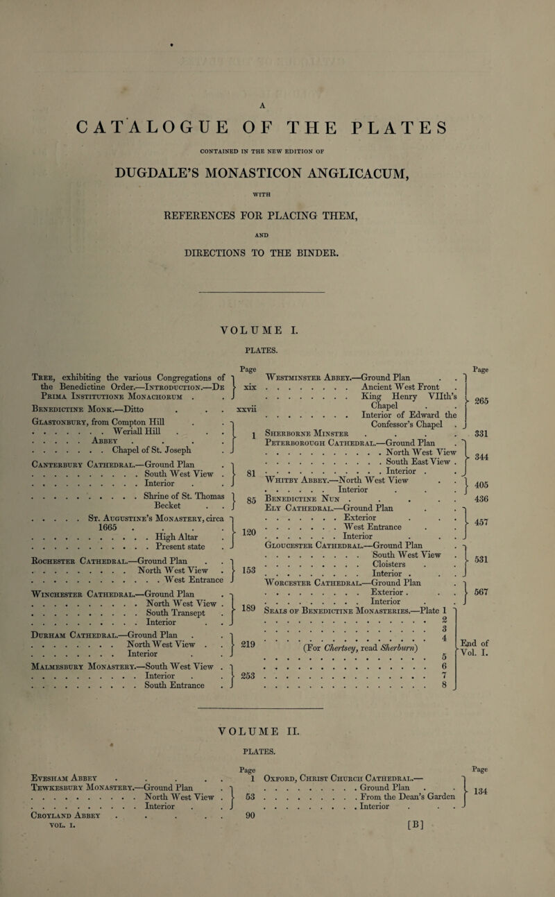 ♦ A CATALOGUE OF THE PLATES CONTAINED IN THE NEW EDITION OF DUGD ALE’S MONASTICON ANGLICACUM, WITH REFERENCES FOR PLACING THEM, AND DIRECTIONS TO THE BINDER. VOLUME I. PLATES. ons of I f.'—De > Tree, exhibiting the various Congregations of the Benedictine Order.—Introduction ~ Prima Institutione Monachorum Benedictine Monk.—Ditto Glastonbury, from Compton Hill .Weriall Hill . .Abbey .Chapel of St. Joseph Canterbury Cathedral.—Ground Plan .South West View .Interior .Shrine of St. Thomas Becket .St. Augustine’s Monastery, circa 1665 . .High Altar .Present state Page xix Rochester Cathedral.—Ground Plan .North West View .West Entrance xxvn 81 85 120 153 Winchester Cathedral.—Ground Plan .North West View .South Transept .Interior Durham Cathedral.—Ground Plan .North West View . .Interior Malmesbury Monastery.—South West View .Interior .South Entrance Westminster Abbey.—Ground Plan .Ancient West Front .King Henry Vllth’s Chapel .Interior of Edward the Confessor’s Chapel Sherborne Minster .... Peterborough Cathedral.—Ground Plan .NorthWest View .South East View . .Interior . Whitby Abbey.—North West View .Interior Benedictine Nun . . . . . Ely Cathedral.—Ground Plan .Exterior .. West Entrance .Interior Gloucester Cathedral.—Ground Plan .South West View .Cloisters .Interior . Worcester Cathedral.—Ground Plan .Exterior . .Interior Seals oe Benedictine Monasteries.—Plate 1 . 2 . 3 . 4 (For Chertsey, read Sherburn) . 5 . 6 . 7 . 8 Page - 265 - 331 > 344 J 405 436 ■N > 457 | 531 | 567 End of Vol. I. VOLUME II. PLATES. Evesham Abbey . . . . Page 1 Oxford, Christ Church Cathedral.— 1 Page Tewkesbury Monastery.—Ground Plan . 1 53 > 134 Croyland Abbey . . . . . VOL. 1. 1 90 [B] VOL. 1.