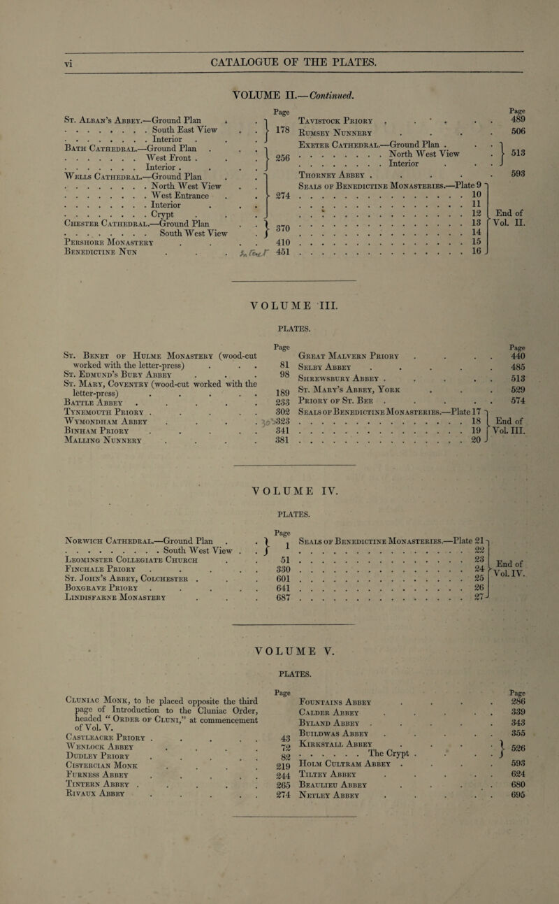 VOLUME II.— Continued. St. Alban’s Abbey.—Ground Plan * .South East View .Interior Bath Cathedral.—Ground Plan .West Front . .Interior . Wells Cathedral.—Ground Plan .North West View .West Entrance .Interior .Crypt Chester Cathedral.—Ground Plan . . South West View Pershore Monastery Benedictine Nun Page ! | 178 ! j 256 ! I 274 • | 370 410 ^CcrtJT 451 Tavistock Priory f • ► • • Page 489 Rumsey Nunnery • • • • 506 Exeter Cathedral.- —Ground Plan . . North West View 1 513 Thorney Abbey . Interior i 593 Seals of Benedictine Monasteries.—Plate 9 ' .10 .11 . . r.12 I End of .13 [Vol. II. .14 .15 .16 , VOLUME III. PLATES. Page St. Benet of Hulme Monastery (wood-cut worked with the letter-press) . . 81 St. Edmund’s Bury Abbey ... 98 St. Mary, Coventry (wood-cut worked with the letter-press) . . . . . 189 Battle Abbey ..... 233 Tynemouth Priory . . . . . 302 Wymondham Abbey .... 30^323 Binham Priory . . . . . 341 Mauling Nunnery .... 381 Great Malvern Priory Page 440 Selby Abbey 485 Shrewsbury Abbey . 513 St. Mary’s Abbey, York 529 Priory of St. Bee • 574 Seals of Benedictine Monasteries.— -Plate 17 1 . . 18 . . 19 . . 20 - End of ‘Vol. III. VOLUME IV. PLATES. Norwich Cathedral.—Ground Plan .South West View Leominster Collegiate Church Finchale Priory St. John’s Abbey, Colchester . Boxgrave Priory Lindisfarne Monastery Page } 1 51 330 601 641 687 Seals of Benedictine Monasteries.—Plate 21 23 24 25 26 End of ^ Vol. IV. VOLUME V. PLATES. Page Cluniac Monk, to be placed opposite the third page of Introduction to the Cluniac Order, headed “ Order of Cluni,” at commencement of Vol. V. Castleacre Priory . . . . . 43 Wenlock Abbey ... .72 Dudley Priory . . . 82 Cistercian Monk .... 219 Furness Abbey . . . . 244 Tintern Abbey ..... 265 Rivaux Abbey . . . . 274 Page Fountains Abbey .... 286 Calder Abbey . . . . 339 Byland Abbey ..... 343 Buildwas Abbey . . . . . 355 Kirkstall Abbey ! £0*? > D/CO Holm Cultram Abbey .... 593 Tiltey Abbey . . . . . 624 Beaulieu Abbey .... 680 Netley Abbey . . . . . 695