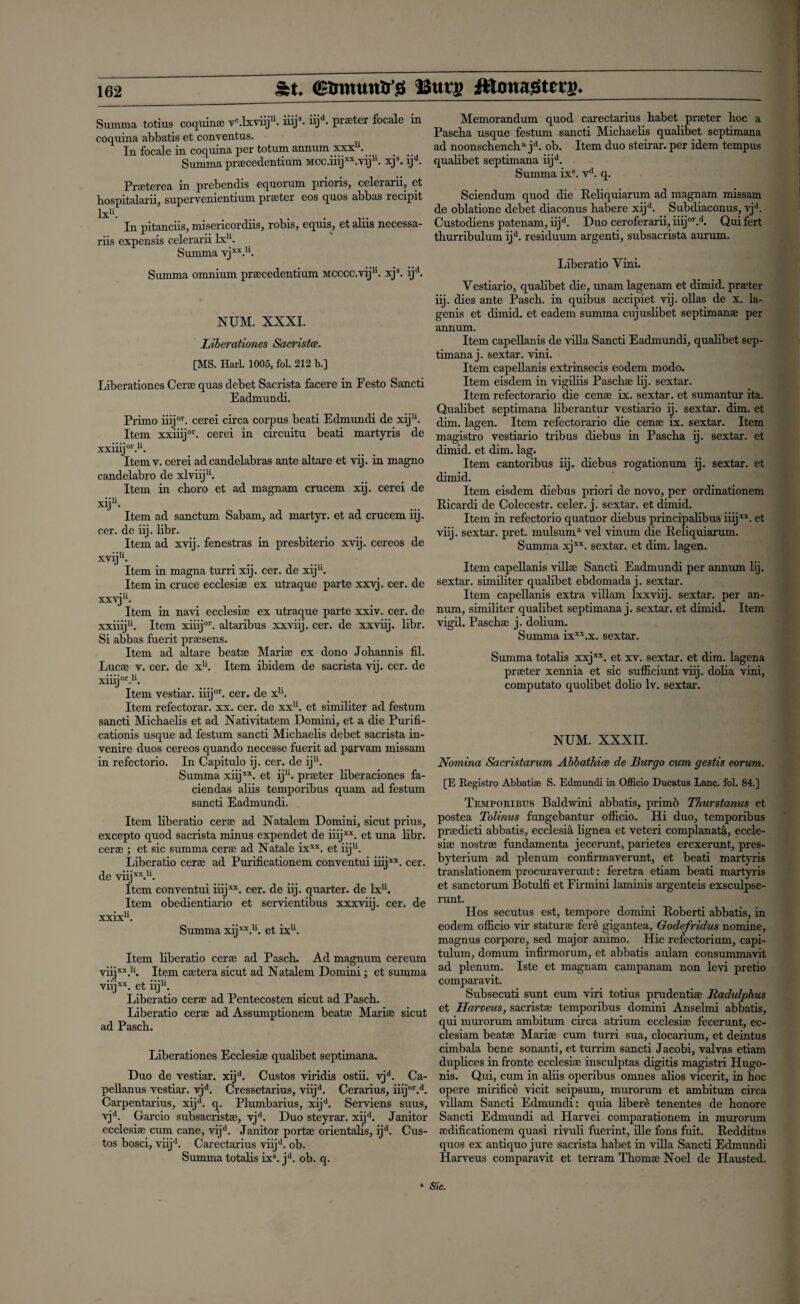 St GBinmmtr’g Btttg fttoua^ters* Summa totius coquinse vc.lxviijh. iiijs. iijd- prseter focale in coquina abbatis et conventus. In focale in coquina per totum annum xxx . Summa prsecedentium Mcc.iiijxx.viju. xjs. ijd. Prseterea in prebendis equorum prioris, celerarii, et hospitalarii, supervenientium prseter eos quos abbas recipit lxu. In pitanciis, misericordiis, robis, equis, et aliis necessa- riis expensis celerarii lxh. Summa vjxx.u. Summa omnium prsecedentium Mcccc.vij11. xj9. ijd. NUM. XXXI. Liberationes Sacristce. [MS. Harl. 1005, fol. 212 b.] Liberationes Cerse quas debet Sacrista facere in Festo Sancti Eadmundi. Primo iiijor. cerei circa corpus beati Edmundi de xijh. Item xxiiijor. cerei in circuitu beati martyris de xxiiijor.li. Itemv. cerei ad candelabras ante altare et vij. in magno candelabro de xlviij11. Item in cboro et ad magnam crucem xij. cerei de xiju. Item ad sanctum Sabam, ad martyr, et ad crucem iij. cer. de iij. libr. Item ad xvij. fenestras in presbiterio xvij. cereos de xviju. Item in magna turri xij. cer. de xij11. Item in cruce ecclesise ex utraque parte xxvj. cer. de xxvj11. Item in navi ecclesise ex utraque parte xxiv. cer. de xxiiij1'. Item xiiijor. altaribus xxviij. cer. de xxviij. libr. Si abbas fuerit prsesens. Item ad altare beatse Marise ex dono Johannis fil. Lucse v. cer. de x11. Item ibidem de sacrista vij. cer. de xiiijor.h. Item vestiar. iiijor. cer. de xh. Item refectorar. xx. cer. de xx11. et similiter ad festum sancti Michaelis et ad Nativitatem Domini, et a die Purifi- cationis usque ad festum sancti Michaelis debet sacrista in¬ venire duos cereos quando necesse fuerit ad parvam missam in refectorio. In Capitulo ij. cer. de iju. Summa xiijxx. et iju. prseter liberaciones fa- ciendas aliis temporibus quam ad festum sancti Eadmundi. Item liberatio cerse ad Xatalem Domini, sicut prius, excepto quod sacrista minus expendet de iiijxx. et una libr. cerse ; et sic summa cerse ad Natale ixxx. et iij11. Liberatio cerse ad Puriiicationem conventui iiijxx. cer. de viijxx.h. Item conventui iiijxx. cer. de iij. quarter, de lx11. Item obedientiario et servientibus xxxviij. cer. de xxix11. Summa xijxx.u. et ixu. Item liberatio cerse ad Pasch. Ad magnum cereum viijxx.u. Item csetera sicut ad Natalem Domini; et summa viijxx. et iij11. Liberatio cerse ad Pentecosten sicut ad Pasch. Liberatio cerse ad Assumptionem beatse Marise sicut ad Pasch. Liberationes Ecclesise qualibet septimana. Duo de vestiar. xijd. Custos viridis ostii. vjd. Ca- pellanus vestiar. vjd. Cressetarius, viijd. Cerarius, iiijor.d. Carpentarius, xijd. q. Plumbarius, xijd. Serviens suus, vjd. Garcio subsacristse, vjd. Duo steyrar. xijd. Janitor ecclesise cum cane, vijd. Janitor portse orientalis, ijd. Cus¬ tos bosci, viijd. Carectarius viijd. ob. Summa totalis ixs. jd. ob. q. Memorandum quod carectarius habet prseter hoc a Pascha usque festum sancti Michaelis qualibet septimana ad noonschencha jd. ob. Item duo steirar.per idem tempus qualibet septimana iijd. Summa ix9. vd. q. Sciendum quod die Reliquiarum ad magnam missam de oblatione debet diaconus habere xijd. Subdiaconus, vjd. Custodiens patenam, iijd. Duo ceroferarii, iiijor.d. Quifert thurribulum ijd. residuum argenti, subsacrista aurum. Liberatio Vini. Yestiario, qualibet die, unamlagenam et dimid. prseter iij. dies ante Pasch. in quibus accipiet vij. ollas de x. la- genis et dimid. et eadem summa cujuslibet septimanse per annum. Item capellanis de villa Sancti Eadmundi, qualibet sep¬ timana j. sextar. vini. Item capellanis extrinsecis eodem modo. Item eisdem in vigiliis Paschse Iij. sextar. Item refectorario die cense ix. sextar. et sumantur ita. Qualibet septimana liberantur vestiario ij. sextar. dim. et dim. lagen. Item refectorario die cense ix. sextar. Item magistro vestiario tribus diebus in Pascha ij. sextar. et dimid. et dim. lag. Item cantoribus iij. diebus rogationum ij. sextar. et dimid. Item eisdem diebus priori de novo, per ordinationem Ricardi de Colecestr. celer. j. sextar. et dimid. Item in refectorio quatuor diebus principalibus iiijxx. et viij. sextar. pret. mulsuma vel vinum die Reliquiarum. Summa xjxx. sextar. et dim. lagen. Item capellanis villse Sancti Eadmundi per annum Iij. sextar. similiter qualibet ebdomada j. sextar. Item capellanis extra villam lxxviij. sextar. per an¬ num, similiter qualibet septimana j. sextar. et dimid. Item vigil. Paschse j. dolium. Summa ixxx.x. sextar. Summa totalis xxjxx. et xv. sextar. et dim. lagena prseter xennia et sic sufficiunt viij. dolia vini, computato quolibet dolio lv. sextar. NUM. XXXII. Nomina Sacristarum Abbathice de Burgo cum gestis eorum. [E Registro Abbatiae S. Edmundi in Officio Ducatus Lane. fol. 84.] Temporibus Baldwini abbatis, primb Thurstanus et postea Tolinus fungebantur officio. Hi duo, temporibus prsedicti abbatis, ecclesia lignea et veteri complanata, eccle¬ sise nostrse fundamenta jecerunt, parietes erexerunt, pres- byterium ad plenum confirmaverunt, et beati martyris translationem procuraverunt: feretra etiam beati martyris et sanctorum Botulfi et Firmini laminis argenteis exsculpse- runt. Hos secutus est, tempore domini Roberti abbatis, in eodem officio vir staturse fere gigantea, Godefridus nomine, magnus corpore, sed major animo. Hie refectorium, capi- tulum, domum infirmorum, et abbatis aulam consummavit ad plenum. Iste et magnam campanam non levi pretio comparavit. Subsecuti sunt eum viri totius prudentise Badulphus et Harveus, sacristse temporibus domini Anselmi abbatis, qui murorum ambitum circa atrium ecclesise fecerunt, ec- clesiam beatse Marise cum turri sua, clocarium, et deintus cimbala bene sonanti, et turrim sancti Jacobi, valvas etiam duplices in fronte ecclesise inscidptas digitis magistri Hugo- nis. Qui, cum in aliis operibus omnes alios vicerit, in hoc opere mirifice vicit seipsum, murorum et ambitum circa villam Sancti Edmundi: quia libere tenentes de honore Sancti Edmundi ad Harvei comparationem in murorum sedificationem quasi rivuli fuerint, Hie fons fuit. Redditus quos ex antiquo jure sacrista habet in villa Sancti Edmundi Harveus comparavit et terram Thomse Noel de Hausted.