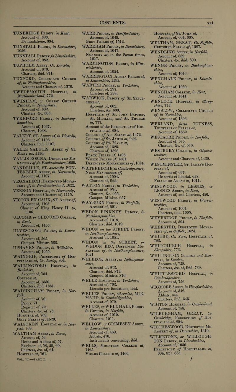 TUNBRIDGE Priory, in Kent, Account of, 393. De fundatione, 394. TUNSTALL Priory, in Devonshire, 1056. TUNSTALL Priory, in Lincolnshire, Account of, 982. TUPHOLM Abbey, Co. Lincoln, Account of, 870. Charters, ibid. 871. TUXFORD, Collegiate Church of, in Nottinghamshire, Account and Charters of, 1370. TWEDEMOUTH Hospital, in Northumberland, 772. TWINHAM, or Christ Church Priory, in Hampshire, Account of, 302. Charters, &c. 303. TYKEFORD Priory, in Bucking¬ hamshire, Account of, 1037. Charters, 1038. VALERY, ST. Abbey of, in Picardy, Account of, 1106. Charters, ibid. 1107. VALLE SALUTIS, Abbey of St. Mary de, 1136. VALLIS ROSIN A, Destroyed Mo¬ nastery of, in Pembrokeshire, 1629. VANDRILLE, ST. anciently FON- TENELLE Abbey, in Normandy, Account of, 1107. VEGNALECH, Destroyed Monas¬ tery of, in Northumberland, 1622. VERNON Hospital, in Normandy, Account and Charters of, 1115. VICTOR EN CAUX, ST. Abbey of, Account of, 1105. Charter of King Henry II. to, 1106. ULCOMB, or OLECUMB College, in Kent, Account of, 1455. ULVESCROFT Priory, in Leices¬ tershire, Account of, 565. Comput. Ministr. 566. UPHAVEN Priory, in Wiltshire, Account of, 1055. WAINGRIF, Preceptory of Hos- pitalars at, Co. Derby, 804. WALLINGFORD Hospital, in Berkshire, Account of, 754. College at, Account of, 1330. Charters, ibid. 1331. WALSINGHAM Priory, in Nor¬ folk, Account of, 70. Priors, 71. Register of, 72. Charters, &c. of, 73. Hospital at, 769. Grey Friars of, 1523. WALSOKEN, Hospital at, in Nor¬ folk, 769. WALTHAM Abbey, in Essex, Account of, 56. Deans and Abbats of, 57. Registers of, 58, 59, 60. Charters, &c. of, 61. Hospital at, 761. WARE Priory, in Hertfordshire, Account of, 1049. Grey Friars of, 1512. WAREHAM Priory, in Dorsetshire, Account of, 1047. Nunnery at, in the Saxon times, 1617. WARMINGTON Priory, in War¬ wickshire, Account of, 1054. WARRINGTON, Austin Friars at, in Lancashire, 1593. WARTRE Priory, in Yorkshire, Account of, 297. Charters of, 298. WARWICK, Priory of St. Sepul¬ chre at, Account of, 602. Charters, &c. 603. Hospitals of St. John Baptist, St. Michael, and St. Thomas in, 777. Account of the Preceptory of Hos- PITALARS at, 804. College o/All Saints at, 1472. College o/St. James at, ibid. College of St. Mary at, Account of, 1325. Charters of, 1326. Black Friars of, 1495. White Friars of 1581. Destroyed Monasteries of, 1624. WATE RBECHE, in Cambridgeshire, Nuns Minoresses of, Account of, 1554. Charters of, ibid. WATTON Priory, in Yorkshire, Account of, 954. Charters, &c. 955. Comput. Ministr. 957. WAYBURN Priory, in Norfolk, Account of, 591. WEDON PINKNEY Priory, in Northamptonshire, Account of, 1018. Charters, ibid. 1019. WEDON on the STREET Priory, in Northamptonshire, Account of, 1051. WEDON on the STREET, or WEDON BEC, Destroyed Mo¬ nastery of, in Northamptonshire, 1621. WELBECK Abbey, in Nottingham¬ shire, Account of, 872. Charters, ibid. 873. Comput. Ministr. 876. WELLE Hospital, in Yorkshire, Account of, 702. Licentia pro fundatione, ibid. WELLES Priory, otherwise, MIR- MAUD, in Cambridgeshire, Account of, 979. WELLES, or WELL HALL Priory in Geyton, in Norfolk, Account of, 1010. Charters, 1011. WELLOW, or GRIMESBY Abbey, in Lincolnshire, Account of, 469. Abbats, 470. Instruments concerning, ibid. WELLS, Mountery College at, 1465. Vicars College at, 1466. Hospital of St. John at, Account of, 664, 665. WELTHAM, GREAT, Co. Suffolk, Crutched Friars of, 1587. WENDLING Abbey, in Norfolk, Account of, 889. Charters, &c. ibid. 890. WENGE Priory, in Buckingham¬ shire, Account of, 1046. WENGHALE Priory, in Lincoln¬ shire, Account of, 1050. WENGHAM College, in Kent, Account of, 1341. WENLOCK Hospital, in Shrop¬ shire, 773. WENSLOW, Collegiate Church in Yorkshire, Account of, 1396. WERLAND, juxta TOTNESS, Trinitarian Friars at, Account of, 1562. WESTACRE Priory, in Norfolk, Account of, 575. Charters, &c. of, 576. WESTBURY College, in Glouces¬ tershire, Account and Charters of, 1439. WESTMINSTER, St. James’s Hos¬ pital at, Account of, 637. De terris et libertat. 638. Friars de Areno at, 1611. WESTWOOD, in LESNES, or LESNES Abbey, in Kent, Account of, and Charters, 456. WESTWOOD Priory, in Worces¬ tershire, Account of, 1004. Charters, ibid. 1005. WEYBRIDGE Priory, in Norfolk, Account of, 594. WHERSTED, Destroyed Monas¬ tery of, in Suffolk, 1624. WHITBY, Co. York, Hospitals at, 782. WHITCHURCH Hospital, in Shropshire, 773. WHITINGTON College and Hos¬ pital, in London, Account of, 738. Charters, &c. of, ibid. 739. WHITTLESFORD Hospital, in Cambridgeshire, Account of, 756. WIGMORE Abbey, in Herefordshire, Account of, 342. Abbats, 344. Charters, ibid. 345. WIGTON Hospital, in Cumberland, Account of, 758. WILBURGHAM, GREAT, Co. Cambridge, Preceptory of Hos- PITALARS at, 804. WILCHESWOOD, Destroyed Mo¬ nastery of, in Dorsetshire, 1619. WILKETONE, or WILLOUGH- TON Priory, in Lincolnshire, Account of, 1056. Preceptory of Hospitalars at, 804, 827, 835. . /