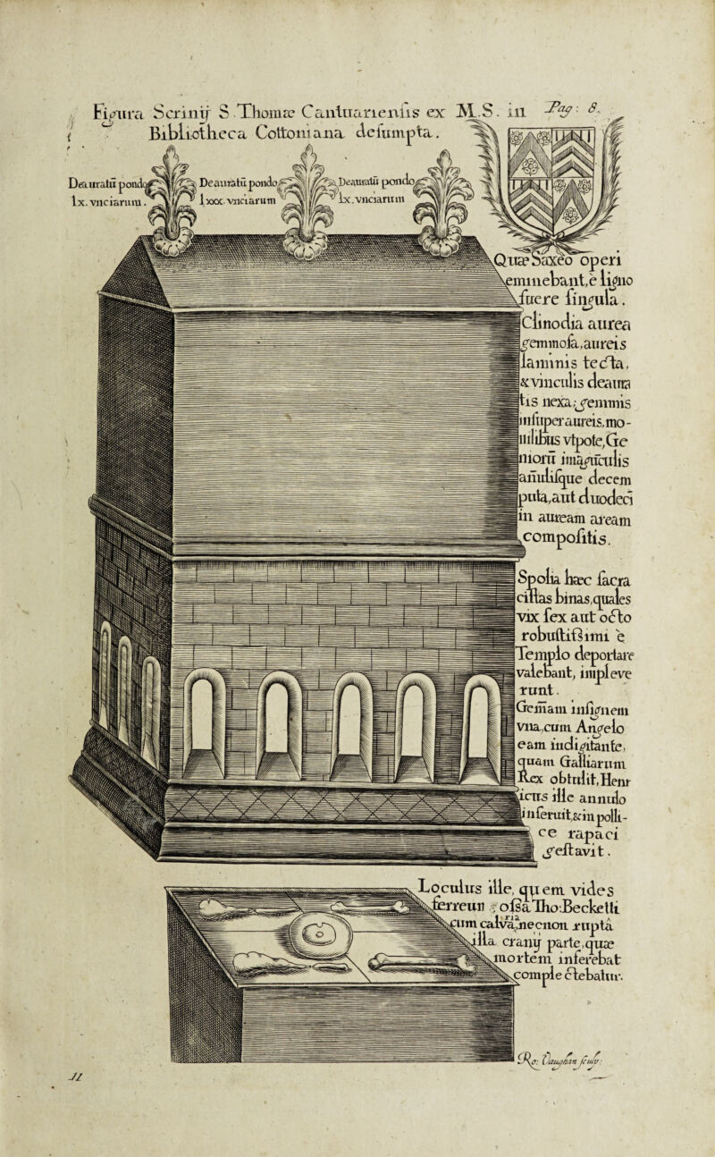 FVura Scrinif S Thom a? Cantuarieniis ex M_.S. ill t ^ Bibliotheca Cottoni ana deiumpta. 'M A 1 ' . 1 I Deauratu pondaf^pfe; Deauratu pondo[ yfei,De<auratu ponoo^Jb, C,£^\ >1 lx.wiaLT^^W.v.aLn.^f^,.-. ^ vnciarum piueSaxeo operi ^minebant, e lijno /itere filicula. modia aurea /emm ofa.au reis laminis tecta, [^vinculis deaura Mitis nexa,geminis nifuper aureis,mo- mlibiis vtpote.Ge moiti imafitcuiis ariuhique decem puta, aut duodeci in auream aream compofitis. Spolia haec facra cillas binas,quales vix fex aut octo robuftiftimi e Templo deportare valebant, impleve runt | 1 Gemam infi^nem | vna cum Angelo (eam inch^itante, quam Crailtamm Rex obtulit,Henr fcus ille annulo iiiferuitsfinpolli- ce rapaci Reflavit. Loculus ille, qpem vides ^ r^rreun ofsalhoBeckdti um calvamecnon rupta ^ Ha cranq parte,quae x mortem interebat comple ctebatm*. CRa: Vaiu/ftan /cu/i