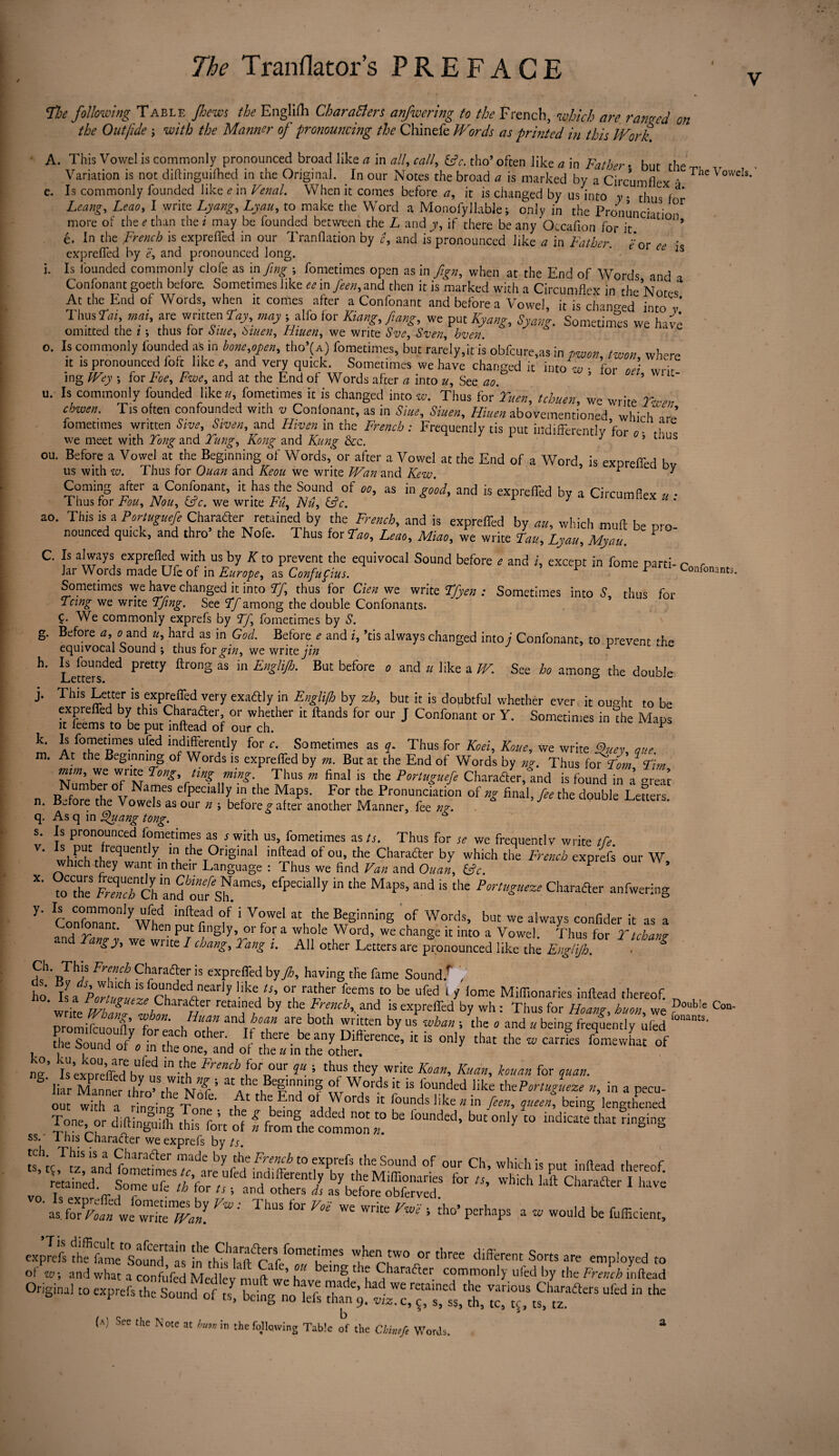 e. i. g The Tranflator’s PREFACE TIjc following Table Jhews the English Char afters anfwering to the French, which are ranged on the Out fide ; with the Manner of pronouncing the Chinefe Words as printed in this Work A. This Vowel is commonly pronounced broad like a in all, call, &c. tho’ often like a in Father • but the Variation is not diftinguifhed in the Original. In our Notes the broad a is marked by a Circumflex • The VovvcIs* Is commonly founded like ^ in Venal. When it comes before a, it is changed by us into y . thus f Leang, Leao, I write Lyang, Lyau, to make the Word a Monofyllable ; only in the Pronunciatio°r more of the e than the i may be founded between the L and y, if there be any Occafion for it é. In the French is expreflfed in our Tranflation by c, and is pronounced like a in Father, /or ce expreffed by ë, and pronounced long. 1S Is founded commonly clofe as in fmg -, fometimes open as in fign, when at the End of Words and a Confonant goeth before. Sometimes like ee in feen, and then it is marked with a Circumflex in the Notes At the End of Words, when it comes after a Confonant and before a Vowel it is changed into v ThusFai, mat, are written 2ay, may ;alfo for Kang, fiang, we put Kyang, Syang. Sometimes we have omitted the t -, thus for blue, hiuen, Hiuen, we write Sve, Sven, hven. o. Is commonly founded as in bone,open, tho’(A) fometimes, but rarely,it is obfcure.as in pwon, two», where it is pronounced foft like e, and very quick. Sometimes we have changed it into w ■ for Ji w,-lr mg Wey ; for Foe, Fwe, and at the End of Words after a into u. See at». ’ ’ u. Is commonly founded like », fometimes it is changed into w. Thus for Yuen, tchuen, we write Twer cbwen. Tis often confounded with v Confonant, as in Situ, Siuen, Hiuen abovementioned which Vet fometimes written Swe, Stven, and Hiven in the French: Frequently tis put indifferently for o- thi s we meet with Tong and Tung, Kong and Kung &c. J 3 cnus ou. Before a Vowel at the Beginning of Words, or after a Vowel at the End of a Word is expreffed hv us with zv. Thus for Ouan and Keou we write Wan and Kew. ’ ^ ^ Coming after a Confonant, it has the Sound of oo, as in good, and is expreffed by a Circumflex u : Thus for Fou, Nou, csc. we write Fu, Flu, &c. ao. This is a Portuguefe Charader retained by the French, and is expreffed by au, which mud be ™-n nounced quick, and thro’ the Nofe. Thus for Tao, Leao, Miao, we write Tau, Lyau, Myau. P C. F always exprefled with us by K to prevent the equivocal Sound before e and i, except in fome parti- o,„r,n Jai Words made Ufe of in Europe, as ConfuÇius. nfonanto. Sometimes we have changed it into Tf thus for Cien we write 27yen : Sometimes into S, thus for Tcing we write Tfing. See Tf among the double Confonants. ç. We commonly exprefs by Tf, fometimes by S. Before a, o and u, hard as in God. Before ^ and i, ’tis always changed into j Confonant, to prevent the equivocal Sound •, thus for gin, we write jin Letters*^ ^ ^ Engl^' BuC before 0 and u like a W' See ho among the double This Letter is exprefled very exadly in Englifh by zh, but it is doubtful whether ever it oupfit to be expreffed by this Charader, or whether it Hands for our J Confonant or Y. Sometimes in the Maps it ieems to be put inftead of our ch. * k* Is fo^etJ.me.S ufed indifferently for c. Sometimes as q. Thus for Koei, Koue, we write 9uey nue. m. At the Beginning of Words is expreffed by m. But at the End of Words by ng. Thus for Tom ^ Tim inim, we write Tong ting ming. Thus » final is the Portuguefe Charader,Ind is found in a grea’r umber of Names efpecially in the Maps. For the Pronunciation of ng final, fee the double Letters Before the Vowels as our * ; before g after another Manner, fee ng. . As q in Vfuang tong. Is pronounced iometimes as j with us, fometimes as ts. Thus for se we frequently write tie V’ whfrï rheevqUent 7- mk ^Original inftead of ou, the Charader by which the French exprefs our W, which they want in their Language : Thus we find Van and Ouan, &e. P * X' toThe &Ch and^fsh.ameS’ efpediUy “ MapS’ ^ ^ Rafter «««ling y’ ConfoMf^When nmff f * f Words> bl,t We aIways confider k “ * fnd rZ i w7wrIl f »nglyV01' • 1 ^?‘e 7°rrd’ W£ chan§e “ int0 a Vo^l. Thus for Ttchang ana langy, we write I coang, Tang i. All other Letters are pronounced like the Englifh. ■ Ch This French Charafter is expreffed by A having the fame Soundt , ho' iL Tcrt»cl70fhdedAearly !lkeA’ °urafher feemS t0 be ufed 1 y fome Miffionaries inftead thereof. „ write reta‘,ne,d by is expreffed by wh : Thus for Hoang, huon, we Poub;e c°”' promifcuouflv f 17“?” and,cT T b0t ' wntten by us whan ' the » “d » being frequently ufed fhe Sound of/fn the on°ther-u 1 ‘be any Difterence, it is only that the re carries fomewhat of uie oouna ot o in the one, and of the u in the other. ng* Is expreffeïbv^nQ wi4>e Erenc^ forDour tkey wr^te Ko an, Kuan, kouan for quan. liar Manner thrn’ rh 1 e§in^in§ W°rds it is founded like thePortugueze n, in a pecu- out with a Hn°i teT & P *7 End °‘ ,W°rds ic founds iike « in /«*, î»«»f being lengthened Tone or diftinglulf thiTfon of n from dtelomnmn “ * ‘°Unded’ bUt0nly t0 indlcaKth« ss. 1 his Charader we exprefs by ts ^irerr ir- retained Some ufe th for u ; and others l asybefore“d ’ ft Chara&r 1 haVe ' asTmT^ we“^ ^ Th“S ^ W WC Write Vw£ ' tho’ PerbaPs a » w°“ld be fuffacient, exprefs thf ftme'sound Is i^tfs’laft^C f f°mek”6® or three different Sorts are employed to of TO; and what a confuted Medley hi bemS 'he Character commonly ufed by the Frew* inftead »-r* SÏSK T,tt ” * (a) Sec the Note at huon in the following Table of the Chinefe Words. a J n. q- s.