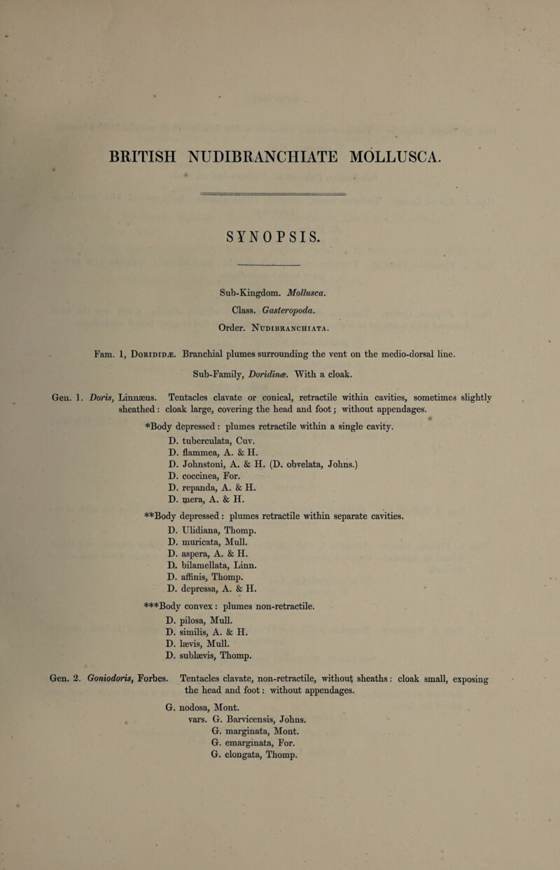 BRITISH NUDIBRANCHIATE MOLLUSCA. SYNOPSIS. Sub-Kingdom. Molluscu. Class. Gasteropoda. Order. Nudibranchiata. Fam. 1, Dorididaj. Branchial plumes surrounding the vent on the medio-dorsal line. Sub-Family, Doridince. With a cloak. Gen. 1. Doris, Linnaeus. Tentacles clavate or conical, retractile within cavities, sometimes slightly sheathed: cloak large, covering the head and foot; without appendages. *Body depressed: plumes retractile within a single cavity. D. tuberculata, Cuv. D. flammea, A. & H. D. Johnstoni, A. & H. (D. obvelata, Johns.) D. coccinea, For. D. repanda, A. & H. D. mera, A. & H. **Body depressed: plumes retractile within separate cavities. D. Ulidiana, Thomp. D. muricata, Mull. D. aspera, A. & H. D. bilamellata, Linn. D. affinis, Thomp. D. depressa, A. & H. ***Body convex : plumes non-retractile. D. pilosa, Mull. D. similis, A. & H. D. lsevis, Mull. D. sublsevis, Thomp. Gen. 2. Goniodoris, Forbes. Tentacles clavate, non-retractile, without sheaths: cloak small, exposing the head and foot: without appendages. G. nodosa, Mont. vars. G. Barvicensis, Johns. G. marginata, Mont. G. emarginata, For. G. elongata, Thomp.