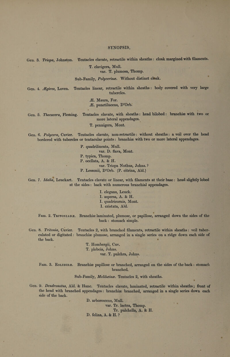 Gen. 3. Triopa, Johnston. Tentacles clavate, retractile within sheaths: cloak margined with filaments. T. clavigera, Mull. var. T. plumosa, Thomp. Sub-Family, Polycerince. Without distinct cloak. Gen. 4. JEgires, Loven. Tentacles linear, retractile within sheaths : body covered with very large tubercles. JE. Maura, For. JE. punctilucens, D’Orb. Gen. 5. Thecacera, Fleming. Tentacles clavate, with sheaths: head bilobed: branchiae with two or more lateral appendages. T. pennigera, Mont. Gen. 6. Polycera, Cuvier. Tentacles clavate, non-retractile: without sheaths: a veil over the head bordered with tubercles or tentacular points: branchiae with two or more lateral appendages. P. quadrilineata. Mull. var. D. flava, Mont. P. typica, Thomp. P. ocellata, A. & H. • var. Triopa Nothus, Johns. ? P. Lessonii, D’Orb. (P. citrina. Aid.) Gen. 7. Idalia, Leuckart. Tentacles clavate or linear, with filaments at their base : head slightly lobed at the sides: back with numerous branchial appendages. I. elegans, Leuck. I. aspersa, A. & H. I. quadricomis, Mont. I. cristata, Aid. Fam. 2. TRiTONiADiE. Branchise laminated, plumose, or papillose, arranged down the sides of the back: stomach simple. Gen. 8. Tritonia, Cuvier. Tentacles 2, with branched filaments, retractile within sheaths: veil tuber- culated or digitated: branchise plumose, arranged in a single series on a ridge down each side of the back. T. Hombergii, Cuv. T. plebeia, Johns. var. T. pulchra, Johns. Fam. 3. Eolididje. Branchise papillose or branched, arranged on the sides of the back : stomach branched. Sub-Family, Melibrnna. Tentacles 2, with sheaths. • \ 9 Gen. 9. Dendronotus, Aid. & Hanc. Tentacles clavate, laminated, retractile within sheaths; front of the head with branched appendages: branchise branched, arranged in a single series down each side of the back. D. arborescens, Mull. var. Tr. lactea, Thomp. Tr. pulchella, A. & H. D. felina, A. & H. ?