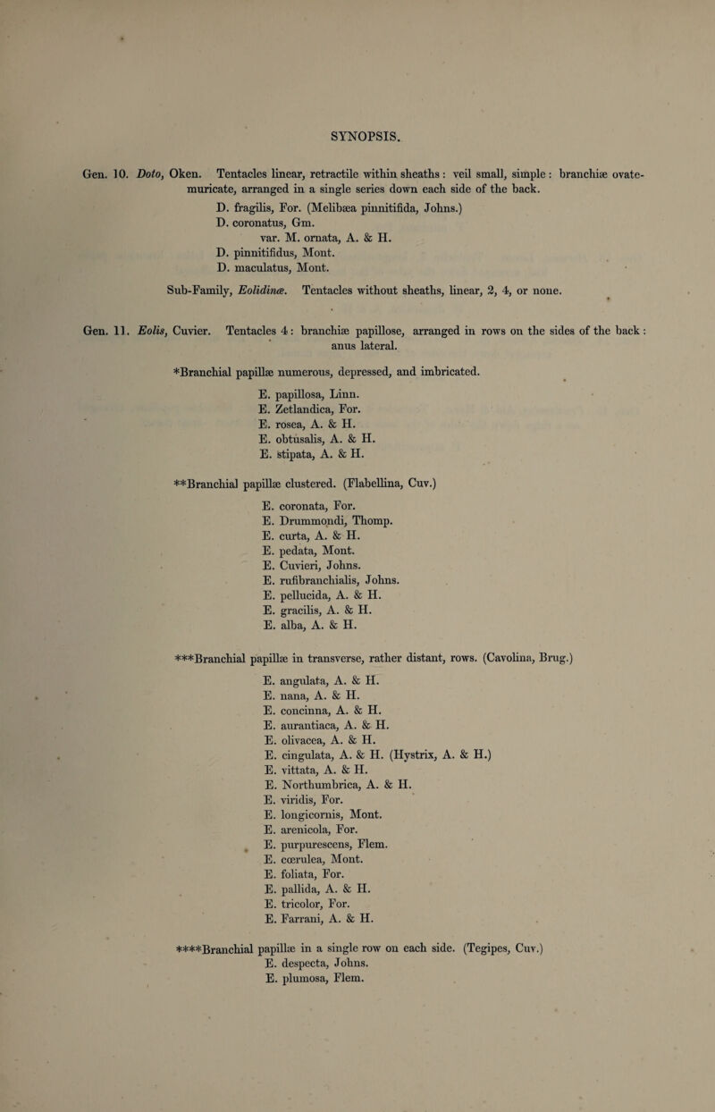Gen. 10. Doto, Oken. Tentacles linear, retractile within sheaths : veil small, simple: branchiae ovate muricate, arranged in a single series down each side of the back. D. fragilis, For. (Melibsea pinnitifida, Johns.) D. coronatus, Gm. var. M. omata, A. & H. D. pinnitifidus, Mont. D. maculatus, Mont. Sub-Family, Eolidince. Tentacles without sheaths, linear, 2, 4, or none. Gen. 11. Eolis, Cuvier. Tentacles 4: branchiae papillose, arranged in rows on the sides of the back anus lateral. ^Branchial papillae numerous, depressed, and imbricated. E. papillosa, Linn. E. Zetlandica, For. E. rosea, A. & H. E. obtusalis, A. & H. E. stipata, A. & H. **Branchial papillae clustered. (Flabellina, Cuv.) E. coronata, For. E. Drummondi, Thomp. E. curta, A. & H. E. pedata, Mont. E. Cuvieri, Johns. E. rufibranchiahs, Johns. E. pellucida, A. & H. E. gracilis, A. & H. E. alba, A. & H. ***Branchial papillae in transverse, rather distant, rows. (Cavolina, Brug.) E. angidata, A. & II. E. nana, A. & H. E. concinna, A. & H. E. aurantiaca, A. & H. E. olivacea, A. & H. E. cingulata, A. & H. (Hvstrix, A. & H.) E. vittata, A. & H. E. Noi’thumbrica, A. & H. E. viridis, For. E. longicornis, Mont. E. arenicola, For. E. purpurescens, Flem. E. coerulea, Mont. E. foliata, For. E. pallida, A. & H. E. tricolor, For. E. Farrani, A. & H. ****Branchial papillae in a single row on each side. (Tegipes, Cuv.) E. despecta, Johns. E. plumosa, Flem.