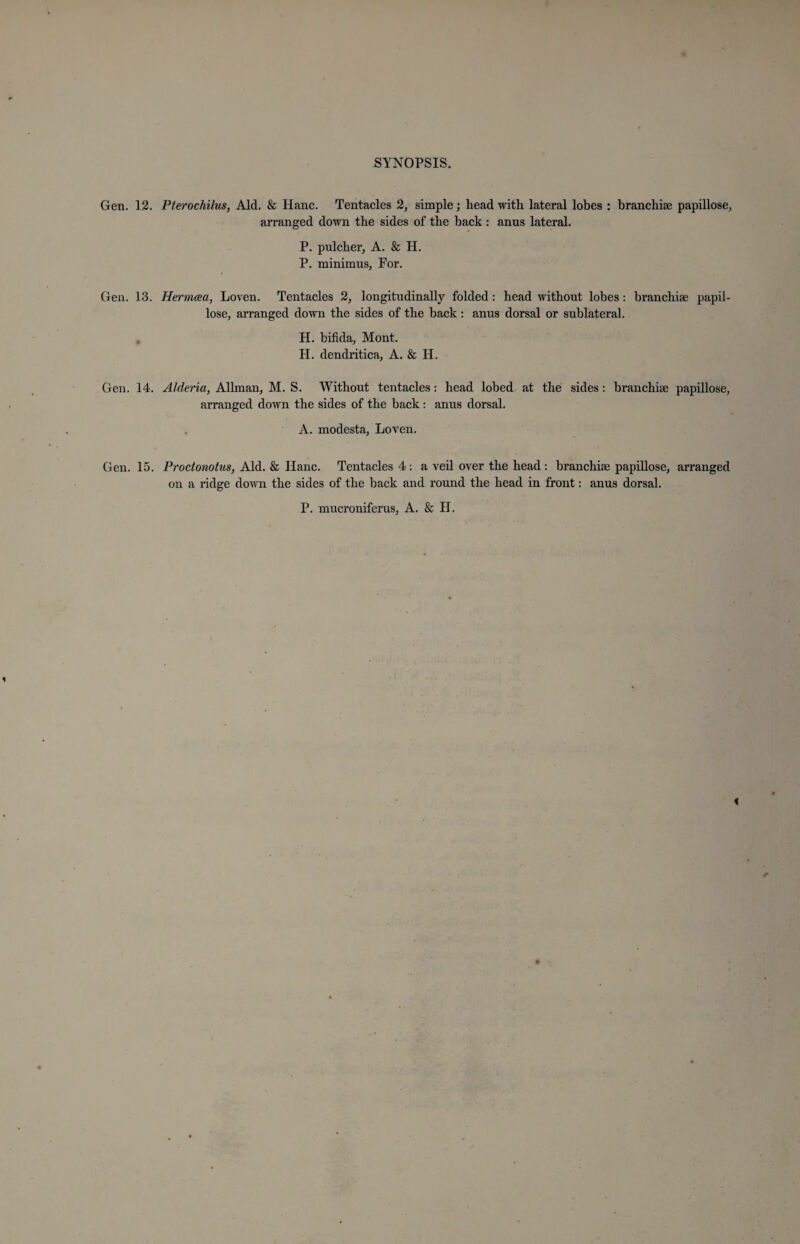Gen. 12. Pterochilus, Aid. & Hanc. Tentacles 2, simple; head with lateral lobes : branchiae papillose, arranged down the sides of the back : anus lateral. P. pulcher, A. & H. P. minimus, For. Gen. 13. Hermcea, Loven. Tentacles 2, longitudinally folded : head without lobes: branchiae papil¬ lose, arranged down the sides of the back: anus dorsal or sublateral. H. bifida, Mont. H. dendritica, A. & H. Gen. 14. Alderia, Allman, M. S. Without tentacles: head lobed at the sides: branchiae papillose, arranged down the sides of the back: anus dorsal. A. modesta, Loven. Gen. 15. Proctonotus, Aid. & Hanc. Tentacles 4 : a veil over the head : branchiae papillose, arranged on a ridge down the sides of the back and round the head in front: anus dorsal. P. mucroniferus, A. & H. < sr