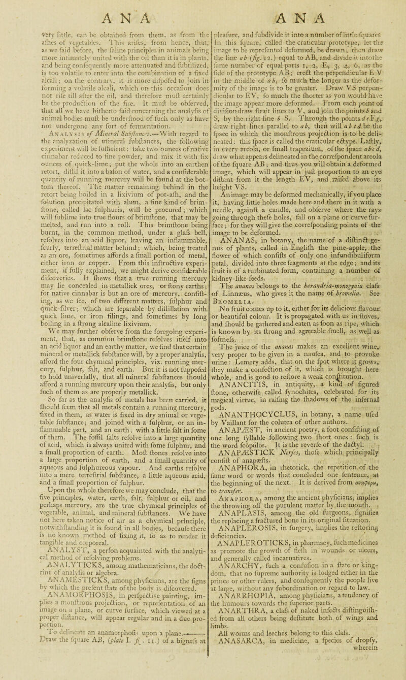 ANA ANA t'efy little, can be obtained from tliem, as from the allies of vegetables. This arifes, from hence, that, as we laid before, the faline principles in animals being more intimately united with the oil than it is in plants, and being confequently more attenuated and fubtilized, is too i olatile to enter into the combination of a fixed alcali; on the contrary, it is more difpofed to join in forming; a volatile alcali,. which on this occafion does not rile till after the oil, and therefore mult certainly be the ptodudfion of the fire. It mult be obferved, that all we have hitherto laid concerning the analylis of animal bodies mult be underltood of fuch only as have not undergone any fort of fermentation. Analysis of Mineral Subflancfs.—With regard to the analyzation of mineral fubftances, the following experiment will be fufficient: take two ounces of native cinnabar reduced to fine powder, and mix it with fix ounces of quick-lime; put the whole into an earthen retort, diltil it into a bafon of water, and a confiderable quantity of running mercury will be found at the bot¬ tom thereof. The matter remaining behind in the retort being boiled in a lixivium of pot-afh, and the folution precipitated with alum, a fine kind of brim- flone, called lac fulphuris, will be procured ; which will fublime into true flours of brimftone, that may be melted, and run into a roll. This brimftone being burnt, in the common method, under a glafs bell, refolves into an acid liquor, leaving an inflammable, feurfy, terreftrial matter behind ; which, being treated as an ore, fometimes affords a fmall portion of metal, either iron or copper. From this inftrudlive experi¬ ment, if fully explained, we might derive confiderable dilcoveries. It fhews that a true running mercury may lie concealed in metallick ores, or ftony earths; for native cinnabar is but an ore of mercury, confut¬ ing, as we fee, of two different matters, fulphur and quick-filver; which are feparable by diflillation with quick lime, or iron filings, and fometimes by long boiling in a ftrong alealine lixivium. We may further obferve from the foregoing experi¬ ment, that, as common brimftone refolves itfelf into an acid liquor and an earthy matter, we find that certain mineral or metallick fubftance will, by a proper analyfis, afford the four chymical principles, viz. running mer¬ cury, fulphur, fait, and earth. But it is not fuppofed to hold univerfally, that all mineral fubftances lhould afford a running murcury upon their analyfis, but only fuch of them as are properly metallick. So far as the analyfis of metals has been carried, it fhould feem that all metals contain a running mercury, fixed in them, as water is fixed in dry animal or vege¬ table fubftance; and joined with a fulphur, or an in¬ flammable part, and an earth; with a little fait in fome of them. i he foflil falts refolve into a large quantity of acid, which is always united with fome fulphur, and a fmall proportion of earth. Moft ftones refolve into a large proportion of earth, and a fmall quantity of aqueous and fulphureous vapour. And earths refolve into a mere terreftrial fubftance, a little aqueous acid, and a fmall proportion of fulphur. Upon the whole therefore we may conclude, that the five principles, water, earth, fait, fulphur or oil, and perhaps mercury, are the true chymical principles of vegetable, animal, and mineral fubftances. We have not here taken notice of air as a chymical principle, notwithftanding it is found in all bodies, becaufe there is no known method of fixing it, fo as to render it tangible and corporeal. ANALYST, a perfon acquainted with the analyti¬ cal method ot refolving problems. ANALYTICKS, among mathematicians, the dodt- rine of analyfis or algebra. ANAMESTICKS, among phyficians, are the figns by which the prefent ftate of the body is difeovered. ANAMORPHOSIS, in perfpedlive painting, im¬ plies a monftrous projection, or reprelentation of an image on a plane, or curve furface, which viewed at a proper diftance, will appear regular and in a due pro¬ portion. '1 o delineate an anamorphofis upon a plane. ——— Draw the fquare Ail, {plate I. //. u.) of a bignefs at pleafure, and fubdivide it into a number of little fquareS In this fquare, called the craticular prototype, let the? image to be reprefented deformed, be drawn, then draw the line ab {Jig. 12.) equal to AB, and divide it into the fame number of equal parts 1, 2, E-, 3, 4, 6, as the fide of the prototype AB ; credt the perpendicular E V in the middle of a b, fo much the longer as the defor¬ mity of the image is to be greater. Draw YS perpen¬ dicular to EV, lo much the Ihorter as you would have the image appear more deformed. From each point of divifiondraw ftrait lines to V, and join the- points b and S, by the right line b S. Through the points de,¥g, draw right lines parallel to ab, then will ah cd bz die fpace in which the monftrous projedlion is to be deli¬ neated : this fpace is called the craticular edtype. Laftly, in every areola, or fmall trapezium, of the fpace abed, draw what appears delineated in the correfpondent areola of the fquare AB ; and thus you will obtain a deformed image, which will appear in juft proportion to an eye diftant from it the length EV, and railed above its height VS. An image maybe deformed mechanically, if you place it, having little holes made here and there in it with a needle, againft a candle, and obferve where the rays going through thefe holes, fall on a plane or curve fur- face ; for they will give the correfponding points of die image to be deformed. ANANAS, in botany, the name of a diftindt ge¬ nus of plants, called in Englifh the pine-apple, die flower of which confifts of only one infundibuliform petal, divided into three feagments at the edge ; and its fruit is of a turbinated form, containing a number of kidney-like feeds. The ananas belongs to the hexandria-monogynia clafs of Linnaeus, who gives it the name of bromelia. See Bromeli a. No fruit comes up to it, either for its delicious flavour or beautiful colour. It is propagated with us in ftoves, and fhould be gathered and eaten as foon as ripe, which is known by its ftrong and agreeable fmell, as well as foftnefs. The juice of the ananas makes an excellent wine, very proper to be given in a naufea, and to provoke urine : Lemery adds, that on the fpot where it grrnvs, they make a confedtion of it, which is brought here whole, and is good to reftore a weak conftitution. ANANCITIS, in antiquity, a kind of figured ftone, otherwife called fynochites, celebrated for its magical virtue, in railing the fhadows of the infernal gods. ANANTHOCYCLUS, in botany, a name ufed by Vaillant for the colutea of other authors. ANAPAEST, in ancient poetry, a foot confifting of one long fyllable following two lhort ones : fuch is the word fcopulos. It is the reverie of the dadtyl. ANAPAESTICK Nerfes, thofe which principally confift of anapaefts. ANAPHORA, in rhetorick, the repetition of the fame word or words that concluded one fcntence, at the beginning of the next. It is derived from avapepco, to transfer. Anaphora, among the ancient phyficians, implies the throwing off the purulent matter by. the mouth. ANAPLASIS, among the old furgeons, fignifies the replacing a fradtured bone in its original fituation. ANAPLEROS1S, in furgery, implies the reftoring deficiencies. ANAPLEROTICKS, in pharmacy, fuch medicines as promote the growth of flelh in wounds or ulcers, and generally called incarnatives. ANARCHY, fuch a confufion in a ftate or king¬ dom, that no fupreme authority is lodged either in the prince or other rulers, and confequently the people live at large, without any fubordination or regard to law. ANARRHOP1A, among phyficians, a tendency of the humours towards the fuperior parts. ANARTHRA, a clafs of naked infedts diftinguifh- ed from all others being deftitute both of wings and limbs. All wrorms and leeches belong to this clafs. ANASARCA, in medicine, a fpecies of dropfy, wherein