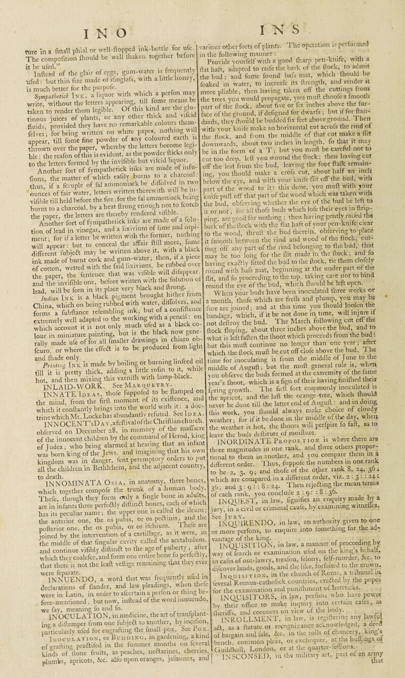 me In a fiflall phial or well-flopped ink-bottle for ufe. The compofition fliould be well lhaken together beloie it be ufed.” . c lnfte&d of the glair of eggs, gum-water is frequently ufed : but thin lize made ot ifinglals, with a little honey, is much better for the purpofe. Sympathetick Ink, a liquor with which a perfon may write, without the letters appearing, till lome means be taken to render them legible. Of this kind are the glu¬ tinous juices of plants, or any other thick and viicid fluids, provided they have no remarkable colours tliem- felves; for being written on white paper, nothing will appear, till fome fine powder of any coloured earth is thrown over the paper, whereby the letters become egi- ble • the reafon of this is evident, as the powder hicks only to the letters formed by the invifible but viicid liquor. Another fort of fympathetick inks are made ot mfu- fions, the matter of which eafily burns to a charcoal, thus, if a Icruple of fal ammomackbe diflolved in two ounces of fair water, letters written therewith will be in¬ vifible till held before the fire ;for the tal ammomack being burnt to a charcoal, by a heat ftrong enough not to fcorch the paper, the letters are thereby rendered vifible. Another fort of fympathetick inks are made ot a fclu tion of lead in vinegar, and a lixivium of lime and orpi ment; for if a letter be written with the former, nothing will appear: but to conceal the affair ftill moie, fome different fubjeft may be written above it with a black ink made of burnt cork and gum-water; then it a piece of cotton, wetted with the fakl lixivium be rabbed over the paper, the fentence that was vifible will diiappeai, and the invifible one, before written with the folution ot lead, will be feen in its place very black and ftrong. Indian Ink is a black pigment brought hither from China, which on being rubbed with water, diffolves, and forms a fubftance refembhng ink; but of a confiftencc extremely well adapted to the working with a pencil: on which account it is not only much ufed as a black co lour in miniature painting, but is the black now gene¬ rally made ufe offer all fmaller drawings in chiaro ob- feuro. or where the effeft is to be produced from light and fhade only . , .. r , Printing Ink is made by boiling or burning hnfeed oil till it is “pretty thick, adding a little rofin to it, while hot, and then mixing this varmfh with lamp-black. INLAID-WORK. See Marquetry. INNATE Ideas, thole fuppofed to be flamped on the mind, from the firft moment of its exiftence, and which it conflantly brings into the world with it: a doc- trine which Mr. Lockehas abundantly refuted. See Idea. INN OCEN T’sD A y ,afeftivalof the Chriftian church, obferved on December 28, in memory of the malfacre of the innocent children by the command of Herod, king of Tudea; who being alarmed at hearing that an infant was born king of the Jews, and imagining that his own kingdom was in danger, fent peremptory orders to put all the children in Bethlehem, and the adjacent country, to death. . , INNOMINATA Ossa, in anatomy, three bones which together compofe the trunk of a human body Thefe, though they form only a fingle bone in adults, are in infants three perfe&ly diftmfl bones, each of wine 1 has its peculiar name; the upper one is called the ileum; the anterior one, the os pubis, or os peel,ms; and the pofterior one, the os pubis, or os lfchium. Ihefeaie ioined by the intervention of a cartillage, as it were, in the middle of that fingular cavity called the acetabulum, and continue vifibly diftina to the age of puberty ; after which they coalefce, and form one entire bone io perfectly, that there is not the leaf! veftige remaining that they ever were feparate. , r 1 • INNUENDO, a word that was frequently ufed in declarations of flander, and law pleadings, when thefe were in Latin, in order to afeertain a perfon or thing be¬ fore-mentioned ; but now, inftcad of the word innuendo, we fay, meaning fo and io. . r , INOCULATION, in medicine, theart of tranipLnt- jng a diftemper from one fubjedl to Another, by incifion, particularly ufed for engrafting the finall-pqx. See Pox. Inoculation, or Budding, in gardening, a kind of grafting praftifed in the fummer months on feveral kinds of ftone fruits, as peaches, neftarmes, cherries, plumbs, apricots, &c. ahb upon oranges, jafmines, and various other forts of plants. 1 he operation is per foimed in the following manner : . . Provide yourlelf with a good fharp pen-knne, with a flat haft, adapted to raife the bark of the flock, to admit the bud ; and fome found bals mat, which mould be foaked in water, to increafe its flrength, and render it more pliable; then having taken off the cuttings from the trees you would propagate, you mull chooie a fmootli part of the flock, about five or fix inches above the fur- face of the ground, it defigned for dwarfs ; but if foi flan- dards, they fhofild be budded fix feet aboveground, I hen with your knife make an horizontal cut acrofs the rind of the flock, and from the middle of that cut make a flit downwards, about two inches in length, io that it may be ia the form of a 1 ; but you mult be caieful not to cut too deep, left you wound the flock; then having cut off the leaf from the bud, leaving the foot ftalk remam- ino- you ihould make a crofs cut, about half an inch below the eye, and with your knife flit off the bud, with part of the wood to it: this done, you muft with your knife pull off that part of the wood which was taken with the bud, obferving whether the eye of the bud be left to it or not; for all tliofe buds which lofe their eyes in ftrip- ping, are good for nothing : then having gently railed the bark of theftock with the flat haft of your pen-knife clear to the wood, tliruft the. bud therein, obferving to place it fmooth between the rind and wood of the flock, cut¬ ting off any part of the rind belonging to the.bud, that may be too long for the flit made in the flock; and io havino exaftly fitted the bud to the flock, tie them clofely round°with bafs mat, beginning at the under part of the flit, and fo proceeding to the top. taking caie not to bind round the eye of the bud, which fliould be left open. Winn your buds have been inoculated three weeks or a month, tliofe which are frefh and plump you may be lire are joined; and at this time you fliould loofen the iandage, which, if it be not done in time, will injure it jcillUclc’Lj vviiiuii9 * . rr i not deftroy the bud. The March following cut oft the ock Hoping, about three inches above the bud, and to what is left fallen the flioot which proceeds from the bud: but this muft continue no longer than one year; after which the flock muft be cut off clofe above the bud. 1 he time for inoculating is from the middle ot June to the middle of Auguft; but the moll general rule is when you obferve the buds formed at the extremity of the fame year’s lhoot, which is a fign ot their having ftnlfhed their fpring growth. The firft fort commonly inoculated is the apricot, and the laft the orange-tree, which ihould never be done till the latter end ot Auguft :_ and m doing this work, you fliould always make choice of cloudy weather; for if it be done in the middle of the day whet* the weather is hot, the fhoots will perlpire fo fail, as to leave the buds deftitute of moiftme. INORDINATE Proport ion is where there are three magnitudes in one rank, and three others propor¬ tional to them m another, and you compare them in a different order. Thus, fuppofe the numbers in one rank to be 2, 3, 9; and tliofe of the other rank 8, 24, 3 > which are compared in a different older, viz. 2.3. • 24* 36; and 3 : 9 : : 8 : 24. Then rejecting the mean terms of each rank, you conclude 2.9- • 8 • 3^\ . . INQUEST, in law, fignifies an enquiry made by a jury, in a civil or criminal caufe, by examining witneffes. See Iu R y. , . . • ^ INQU1RENDO, in law, an authority given to one or more perfons, to enquire into fometlnng for the ad¬ vantage of the king. , ,. . INQUISITION, in law, a manner of proceeding by way of fearcli or examination ufed on the king’s behalf, in cafes of out-law ry, treafon, felony, felf-murder, Ac. to difeover lands, goods, and the like, forfeited to the crown. Inqu i sition, in the church of Rome, a tribunal in feveral Roman-catholick countries, crofted by the popes for the examination and punifhment ot here ticks. INQUISITORS, in law, perfons who have power by their office to make inquiry into certain cafes, as fheriffs, and coroners on view of the body. i'NROLLMENT, inlaw, is regiftermg any lawful adl as a llatute 01 recognizance acknowledged, a deed of bargain and fale, &c. 111 the rolls of chancery king s bench, common pleas, or exchequer, at the buffings. of Guildhall, London, or at the quarter-fefhons. ■ INSCONSED, in the military art, part of an army that