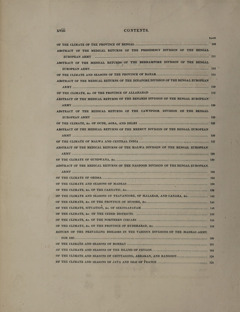 PAGE OF THE CLIMATE OF THE PROVINCE OF BENGAL. 102 ABSTRACT OF THE MEDICAL RETURNS OF THE PRESIDENCY DIVISION OF THE BENGAL EUROPEAN ARMY . Ill ABSTRACT OF THE MEDICAL RETURNS OF THE BERHAMPORE DIVISION OF THE BENGAL EUROPEAN ARMY..... H3 OF THE CLIMATE AND SEASONS OF THE PROVINCE OF BAHAR. 114 ABSTRACT OF THE MEDICAL RETURNS OF THE DINAPORE DIVISION OF THE BENGAL EUROPEAN ARMY. 116 OF THE CLIMATE, &c. OF THE PROVINCE OF ALLAHABAD . 117 ABSTRACT OF THE MEDICAL RETURNS OF THE BENARES DIVISION OF THE BENGAL EUROPEAN ARMY ... 120 ABSTRACT OF THE MEDICAL RETURNS OF THE CAWNPOOR DIVISION OF THE BENGAL EUROPEAN ARMY . 122 OF THE CLIMATE, &c. OF OUDE, AGRA, AND DELHI . 123 ABSTRACT OF THE MEDICAL RETURNS OF THE MEERUT DIVISION OF THE BENGAL EUROPEAN ARMY . 126 OF THE CLIMATE OF MALWA AND CENTRAL INDIA... 127 ABSTRACT OF THE MEDICAL RETURNS OF THE MALWA DIVISION OF THE BENGAL EUROPEAN ARMY ... 120 OF THE CLIMATE OF GUNDWANA, .... 130 ABSTRACT OF THE MEDICAL RETURNS OF THE NAGPOOR DIVISION OF THE BENGAL EUROPEAN- ARMY .-.. 133 OF THE CLIMATE OF ORISSA ... 134 OF THE CLIMATE AND SEASONS OF MADRAS. 135 OF THE CLIMATE, &c. OF THE CARNATIC, &c.... .. 139 OF THE CLIMATE AND SEASONS OF TRAVANCORE, OF MALABAR, AND CANARA, &c. 142 OF THE CLIMATE, &c. OF THE PROVINCE OF MYSORE, &c. 145 OF THE CLIMATE, SITUATION, &c. OF SERINGAPATAM... 146 OF THE CLIMATE, &c. OF THE CEDED DISTRICTS..-. . 153 OF THE CLIMATE, &c. OF THE NORTHERN CIRCARS ... 155 OF THE CLIMATE, &c. OF THE PROVINCE OF HYDERABAD, &c. 15c RETURN OF THE PREVAILING DISEASES IN THE VARIOUS DIVISIONS OF THE MADRAS ARMY FOR 1821. 16« OF THE CLIMATE AND SEASONS OF BOMBAY. 161 OF THE CLIMATE AND SEASONS OF THE ISLAND OF CEYLON.. 164 OF THE CLIMATE AND SEASONS OF CHITTAGONG, ARRAKAN, AND RANGOON. 170 OF THE CLIMATE AND SEASONS OF JAVA AND ISLE OF FRANCE. 175