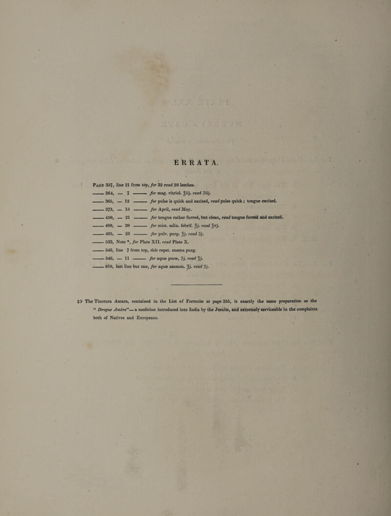 •v \ ERRATA. Page 357, line 21 from top, for 32 read 28 leeches. -- 364, — 7 - for mag. vitriol, ^iij. read 3iij. - 365, — 12 - for pulse is quick and excited, read pulse quick ; tongue excited. - 373, — 15 - for April, read May. -450, — 21 - for tongue rather furred, but clean, read tongue furred and excited. -460, — 20 - for mist, salin. febrif. Jj. read 3vj. -465, — 28 - for pulv. purg. %j. read 3j. - 533, Note *, for Plate XII. read Plate X. - 548, line 7 from top, dele repet. enema purg. -548, — 11 - for aquae purae, 3j. read jj. -610, last line but one, for aquae ammon. jj. read 3j. Cj’ The Tinctura Amara, contained in the List of Formulae at page 255, i3 exactly the same preparation as the “ Drogue Amere”— a medicine introduced into India by the Jesuits, and extremely serviceable in the complaints both of Natives and Europeans.