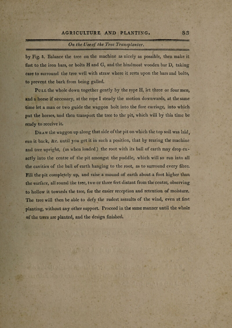 On the Use of the Tree Transplanter. by Fig. 5. Balance the tree on the machine as nicely as possible, then make it / fast to the iron bars, or bolts H and G, and the hindmost wooden bar D, taking care to surround the tree well with straw where it rests upon the bars and bolts, to prevent the bark from being galled. Pull the whole down together gently by the rope H, let three or four men, and a horse if necessary, at the rope I steady the motion downwards, at the same time let a man or two guide the waggon bolt into the fore carriage, into which put the horses, and then transport the tree to the pit, which will by this time be ready to receive it. Draw the waggon up along that side of the pit on which the top soil was laid, run it back, &c. until you get it in such a position, that by rearing the machine and tree upright, (as when loaded) the root with its ball of earth may drop ex¬ actly into the centre of the pit amongst the puddle, which will so run into all the cavities of the ball of earth hanging to the root, as to surround every fibre. Fill the pit completely up, and raise a mound of earth about a foot higher than the surface, all round the tree, two or three feet distant from the centre, observing to hollow it towards the tree, for the easier reception and retention of moisture. The tree will then be able to defy the rudest assaults of the wind, even at first planting, without any other support. Proceed in the same manner until the whole of the trees are planted, and the design finished*