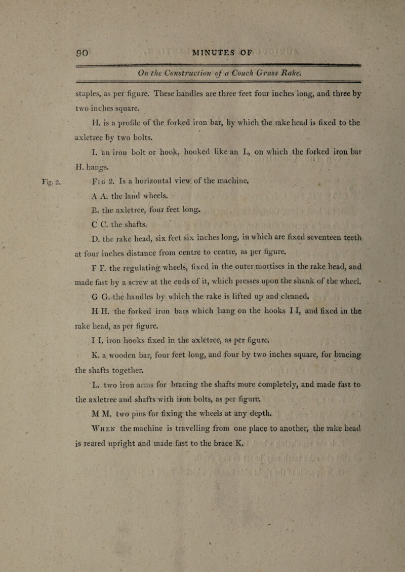 On the Construction oj a Couch Grass Rake. staples, as per figure. These handles are three feet four inches long, and three by two inches square. H. is a profile of the forked iron bar, by which the rake head is fixed to the axletree by two bolts. I. an iron bolt or hook, hooked like an L, on which the forked iron bar II. hangs. Fig 2. Is a horizontal view of the machine. ' / „ ' ■ t * f * 's. - fCj A A. the land wheels. B. the axletree, four feet long. C C. the shafts. D. the rake head, six feet six inches long, in which are fixed seventeen teeth at four inches distance from centre to centre, as per figure. F F. the regulating wheels, fixed in the outer mortises in the rake head, and made fast by a screw at the ends of it, which presses upon the shank of the wheel, G G. the handles by which the rake is lifted up and cleaned. Ii H. the forked iron bars which hang on the hooks 11, and fixed in the rake head, as per figure. I I. iron hooks fixed in the axletree, as per figure. K. a wooden bar, four feet long, and four by two inches square, for bracing the shafts together. L. two iron arms for bracing the shafts more completely, and made fast to the axletree and shafts with iron bolts, as per figure. M M. two pins for fixing the wheels at any depth. When the machine is travelling from one place to another, the rake head is reared upright and made fast to the brace K,