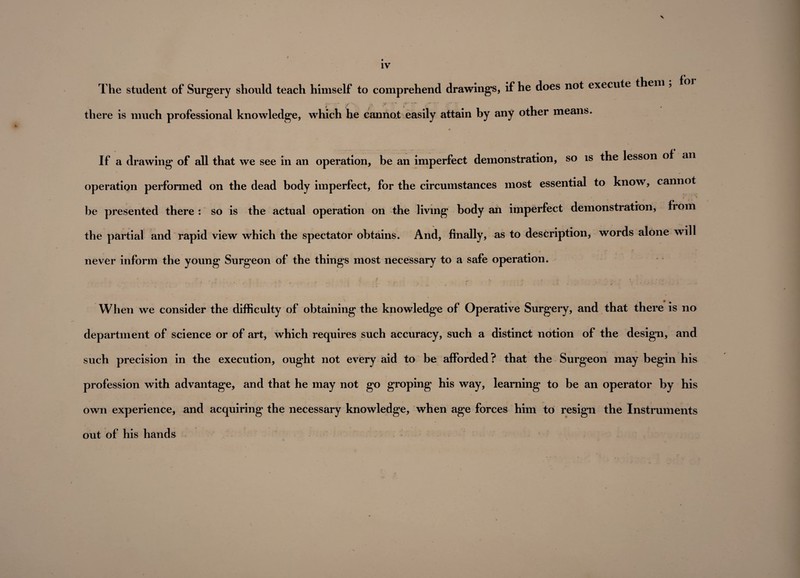X iv The student of Surgery should teach himself to comprehend drawings, if he does not execute them , there is much professional knowledge, which he cannot easily attain by any other means. If a drawing of all that we see in an operation, be an imperfect demonstration, so is the lesson of an operation performed on the dead body imperfect, for the circumstances most essential to know, cannot 1 . j \ be presented there : so is the actual operation on the living body an imperfect demonstration, from the partial and rapid view which the spectator obtains. And, finally, as to description, words alone will never inform the young Surg*eon of the things most necessary to a safe operation. When we consider the difficulty of obtaining the knowledge of Operative Surgery, and that there is no department of science or of art, which requires such accuracy, such a distinct notion of the design, and such precision in the execution, ought not every aid to be afforded ? that the Surgeon may begin his profession with advantage, and that he may not go groping his way, learning to be an operator by his own experience, and acquiring the necessary knowledge, when age forces him to resign the Instruments out of his hands