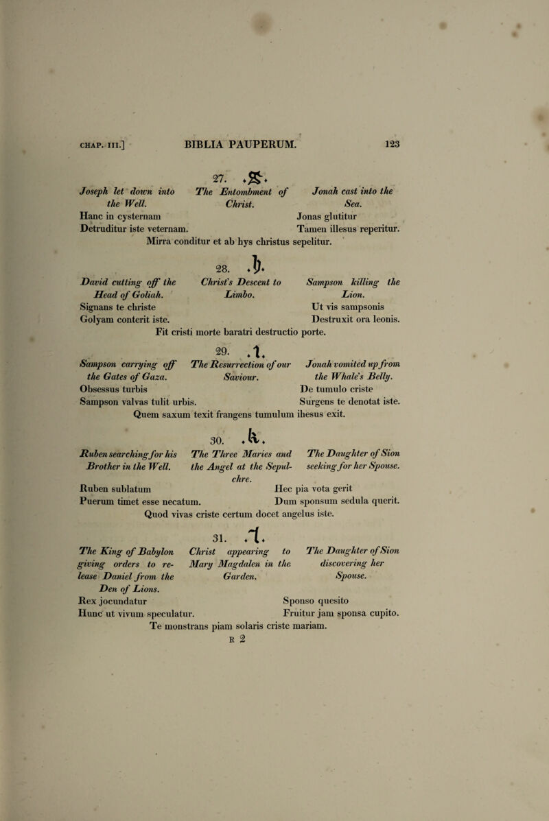27. .55-. Joseph let down into The Entombment of Jonah cast into the the Well. Christ. Sea. Hanc in cysternam Jonas glutitur Detruditur iste veternam. Tamen illesus reperitur. Mirra conditur et ab hys christus sepelitur. David cutting off the Head of Goliah. Signans te christe Golyam conterit iste. 28. Christ's Descent to Limbo. Sampson killing the Lion. Ut vis sampsonis Destruxit ora leonis. Fit cristi morte baratri destructio porte. 29. .1. Sampson carrying off The Resurrection of our the Gates of Gaza. Saviour. Obsessus turbis Sampson valvas tulit urbis. Jonah vomited up from the Whale's Belly. De tumulo criste Surgens te denotat iste. Quem saxum texit frangens tumulum ihesus exit. J Ruben searchingfor his Brother in the Well. 30. ♦ A ♦ The Three Maries and The Daughter of Sion the Angel at the Sepul- seeking for her Spouse, chre. Ruben sublatum Hec pia vota gerit Puerum timet esse necatum. Dum sponsum sedula querit. Quod vivas criste certum docet angelus iste. .1. 31. Christ appearing to Mary Magdalen in the Garden. The Daughter of Sion discovering her Spouse. The King of Babylon giving orders to re¬ lease Daniel from the Den of Lions. Rex jocundatur Sponso quesito Hunc ut vivum speculatur. Fruitur jam sponsa cupito. Te monstrans piam Solaris criste mariam. R 2
