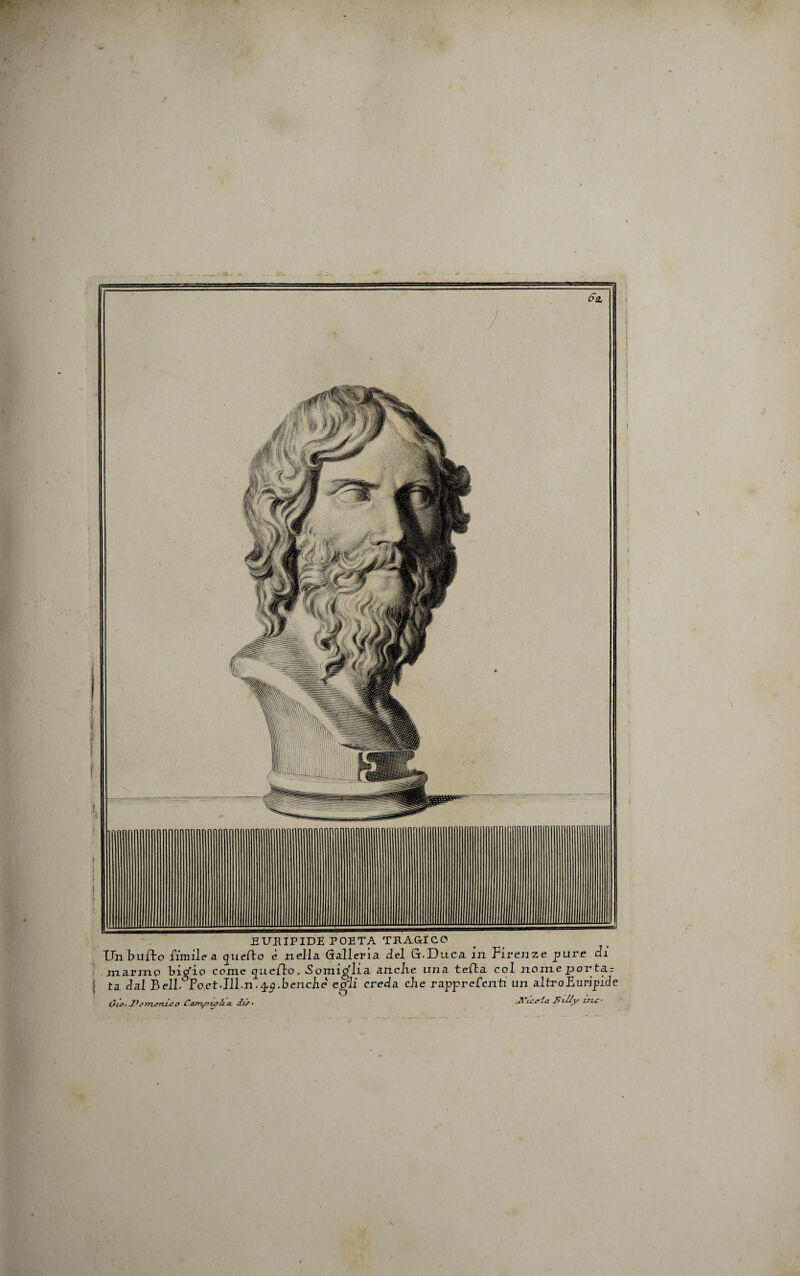 EURIPIDE POETA TRAGICO Un bullo fimilea guefto e nella Cralleria dei Gr.Duca in Firenze pure di jnarmp bidio come quefto, Somiglia anclie una tefla coi nomciaorU: i ta. dal B ell. Foet.Ill.n. ^g.benche eg'li creda che rapprefenti un altroEuripide Oio. IK'rrwru,co Casrynjyli a. dtf • ui-cria PvUy irLC •