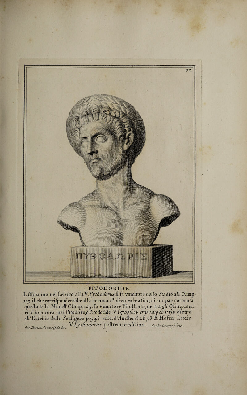 L'0£inanno nelLefsico dXldiY. Pytho do rus'dh vinciforenello .Statio ali' OJimp- 105.il clie corrifponderebbealla corona d’oliro calvatico/ di cui par coronata nucfta trfla.Ma ncirOlimp.io^.fu vincitorePitof^rato^lc, tra dii Olimpioni- 1, , 1 r ijC, , r ^ > o ^ ci ^mcontra mai ritodoro^I ltodondc ,V,l^opiujy crvyay ojyv)V dietro allbEufebio dello 5cali^cro p.5^8 , ediz. d'Amfterd.165 8.£ Hofin -Lexic. . M.Pytkodorus pofbremae editiori ■ Caru Cre**ri inc. Olo .JJorrunw Cam^L^lu. dis? _L ^ ^