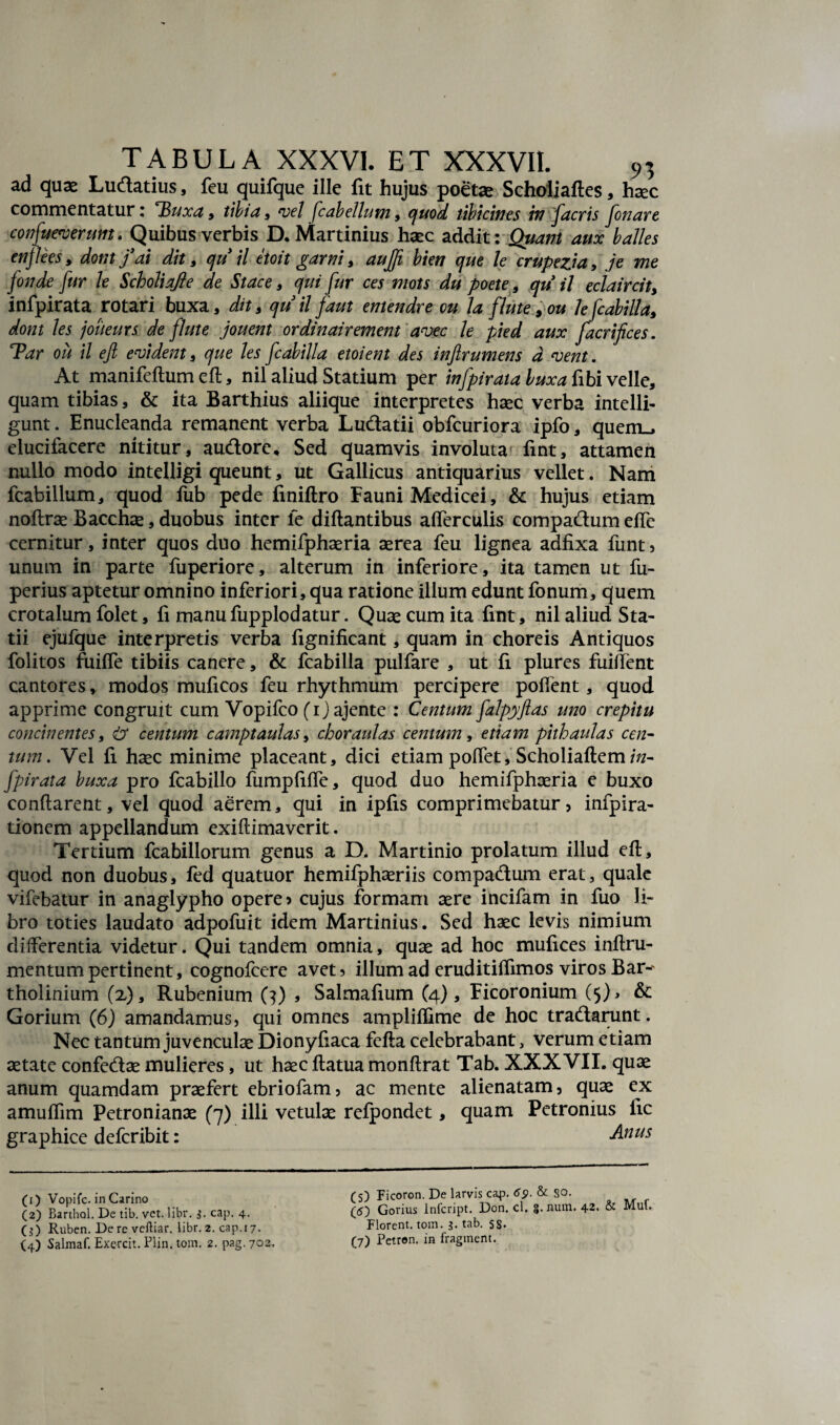 ad quae Ludatius, feu quifque ille fit hujus poetae Schoiiaftes, haec commentatur: T$uxa3 tibia, vel fcabellum, quod tibicines iv [acris [onare confueverum. Quibus verbis D. Martinius haec addit: Quam aux balles enjleesy dont /ai dit 9 qu il ttoit garni, aujfi bien que le crupezia, je me fonde fur le Scholiajle de Stace , qui fur ces mots du poete , qu il eclaircit> infpirata rotari buxa, dit , qu il [aut emendre ou la flute 9 ou le fcabilla, dont les joueurs de flute jouent ordinairement avec le pied aux [aerifices. Tar ou il e fi evident, que les fcabilla etoient des inftr umens d vent. At manifellumefl, nil aliud Statium per infpirata luxa fibi velle, quam tibias, & ita Barthius aliique interpretes haec verba intelli- gunt. Enucleanda remanent verba Ludatii obfcuriora ipfo, quem_, elucifacere nititur, audorc. Sed quamvis involuta5 * 7 fint, attamen nullo modo intelligi queunt, ut Gallicus antiquarius vellet. Nam fcabillum, quod lub pede finiftro Fauni Medicei, & hujus etiam noftraeBacchae,duobus inter le diftantibus afferculis compadumeffe cernitur, inter quos duo hemifphaeria aerea feu lignea adfixa funt? unum in parte fuperiore, alterum in inferiore, ita tamen ut fu- perius aptetur omnino inferiori, qua ratione illum edunt fonum, quem crotalum folet, fi manufupplodatur. Quae cum ita fint, nil aliud Sta¬ tii ejufque interpretis verba fignificant, quam in choreis Antiquos folitos fuiffe tibiis canere, & fcabilla pulfare , ut fi plures fuifient cantores, modos muficos feu rhythmum percipere pollent, quod apprime congruit cum Vopifco (i) ajente : Centum [alpyftas uno crepitu concinentes, & centum camptaulas, choraulas centum, etiam pithaulas cen¬ tum. Vel fi haec minime placeant, dici etiam poffet, Scholiaftem/«- [pirata buxa pro fcabillo fumpfiffe, quod duo hemifphaeria e buxo conflarent, vel quod aerem, qui in ipfis comprimebatur? infpira- tionem appellandum exiftimaverit. Tertium fcabillorum genus a D. Martinio prolatum illud efl, quod non duobus, fed quatuor hemifphaeriis compadum erat, quale vifebatur in anaglypho opere > cujus formam aere incifam in fuo li¬ bro toties laudato adpofuit idem Martinius. Sed haec levis nimium differentia videtur. Qui tandem omnia, quae ad hoc mufices inftru- mentum pertinent, cognofcere avet? illum ad eruditiffimos viros Bar-' tholinium (2,), Rubenium (3) , Salmafium (4), Ficoronium (5)* & Gorium (6) amandamus? qui omnes ampliffime de hoc tradarunt. Nec tantum juvenculae Dionyfiaca fella celebrabant, verum etiam aetate confedae mulieres, ut haec llatua monllrat Tab. XXXVII. quae anum quamdam praefert ebriofam? ac mente alienatam? quae ex amuffim Petronianae (7) illi vetulae refpondet, quam Petronius fic graphice deferibit: Anus (1) Vopifc. in Carino (2) Barthol. De tib. vct. libr. 3. cap. 4. O) Ruben. Derc veftiar. libr. 2. cap.17. (4) Salmaf. Exercit. Plin. tom. 2. pag. 702 (S) Ficoron. De larvis cap. 6$. & so. (5) Gorius lnfcript. Don. cl. 3. num. 42. & Muf. Florent, tom. 3. tab. ss. (7) Petron. in fragment.