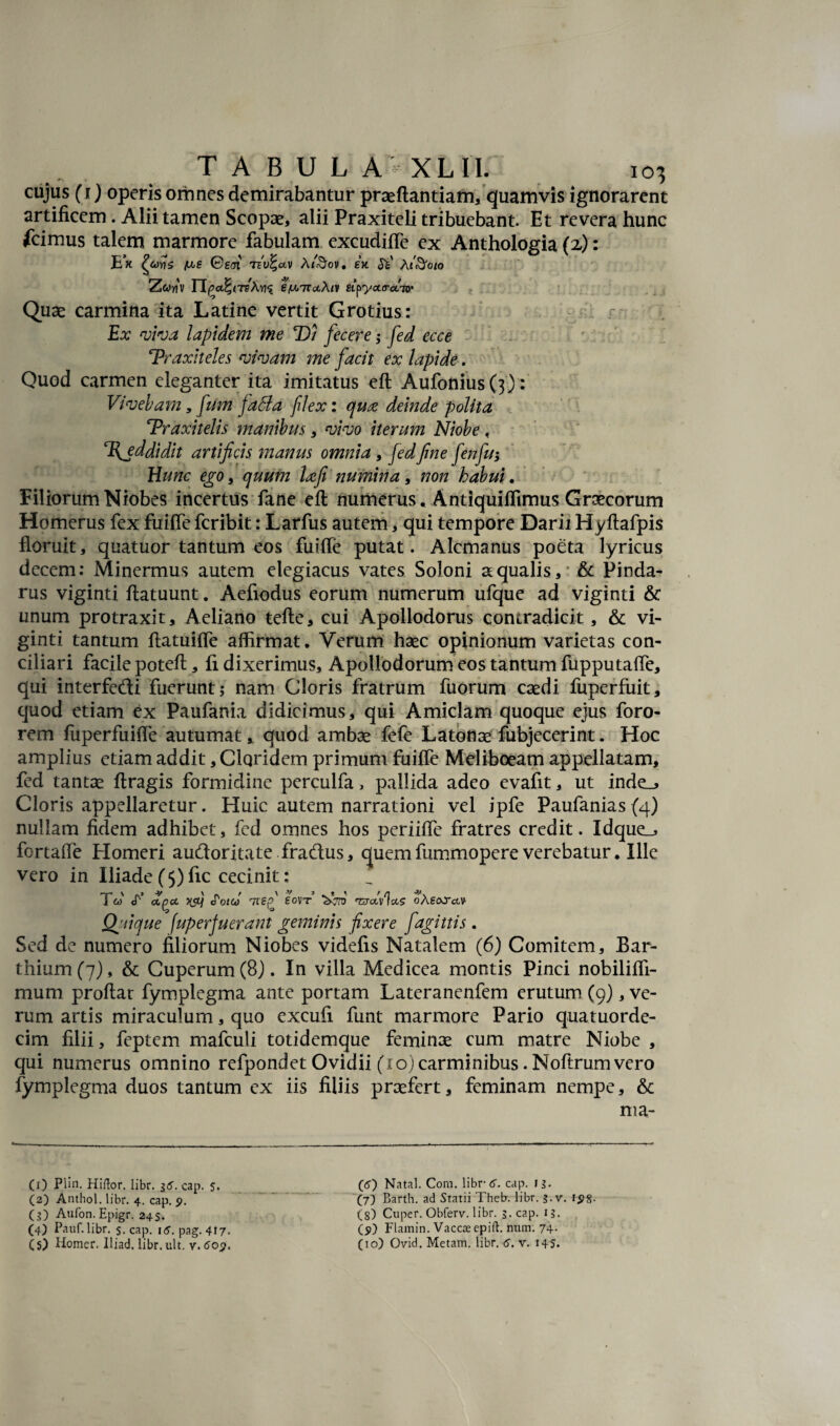 cujus (r) operis orhnes demirabantur praeftantiam, quamvis ignorarent artificem. Alii tamen Scopae, alii Praxiteli tribuebant. Et revera hunc fcimus talem marmore fabulam excudiffe ex Anthologia (2,): Ex ©£0l 7iv%av A/^ov. en Ai&oto Zcoriv n f><x^nvA'n% g(U,7r<xA/v &p-ya<rcx,V Quae carmina ita Latine vertit Grotius: rr Ex viva lapidem me T)/ fecere; fed ecce Traxiteles vivam me facit ex lapide. Quod carmen eleganter ita imitatus eft AufoniusQ): Vivebam, fum jaSia filex: qux deinde polita TPraxitelis manibus, vivo iterum Niobe, %jddidit artificis manus omnia , fed fine fenfu; Hunc ego, quum Ixfi numina, non habui. Filiorum Niobes incertus fane eft numerus. Antiquiffimus Graecorum Homerus fex fuiffe feribit: Larfus autem, qui tempore Darii Hyftafpis floruit, quatuor tantum eos fuiffe putat. Alcmanus poeta lyricus decem: Minermus autem elegiacus vates Soloni aqualis,' & Pinda¬ rus viginti ftatuunt. Aefiodus eorum numerum ufque ad viginti & unum protraxit, Aeliano tefte, cui Apollodorus contradicit, & vi¬ ginti tantum ftatuiffe affirmat. Verum haec opinionum varietas con¬ ciliari facile poteft, fi dixerimus, Apollodorum eos tantum fupputafle, qui interfedi fuerunt; nam Gloris fratrum fuorum caedi fuperfuit, quod etiam ex Paufania didicimus, qui Amiciam quoque ejus foro- rem fuperfuiffe autumat, quod ambae fele Latonae fubjecerint. Hoc amplius etiam addit ,ClQridem primum fuiffe Meliboeam appellatam, fed tantae ftragis formidine perculfa, pallida adeo evafit, ut inde_> Gloris appellaretur. Huic autem narrationi vel ipfe Paufanias (4) nullam fidem adhibet, fed omnes hos periiffe fratres credit. Idque_* fortaffe Homeri audoritate fradus, quem fummopere verebatur. Ille vero in Iliade (5) fic cecinit: T«' «r* ccgcc c?ot(J eoVT ^770 TXTctvlOLS O^EOXcCV Qj.iique juperjuerant geminis fixere fagittis. Sed de numero filiorum Niobes videfis Natalem (6) Comitem, Bar- thium(7), & Cuperum(8). In villa Medicea montis Pinei nobiliffi- mum proftat fymplegma ante portam Lateranenfem erutum (9), ve¬ rum artis miraculum, quo excufi funt marmore Pario quatuorde- cim filii, feptem mafculi totidemque feminae cum matre Niobe , qui numerus omnino refpondet Ovidii (10) carminibus. Noftrum vero fymplegma duos tantum ex iis filiis praefert, feminam nempe, & ma- (1) Plin. Hiftor. libr. i<S. cap. 5. (2) Anthol. libr. 4. cap. p. (3) Aufon. Epigr. 245. (4) Pauf. libr. 5. cap. 15. pag. 417. (<5) Natal. Com. libr- 6. cap. 1 3- (7) Barth. ad Statii Theb. libr. 3.V. ips. (.8) Cuper. Obferv. libr. 3. cap. 13. (p) Flamin. Vaccce cpifl. num. 74.