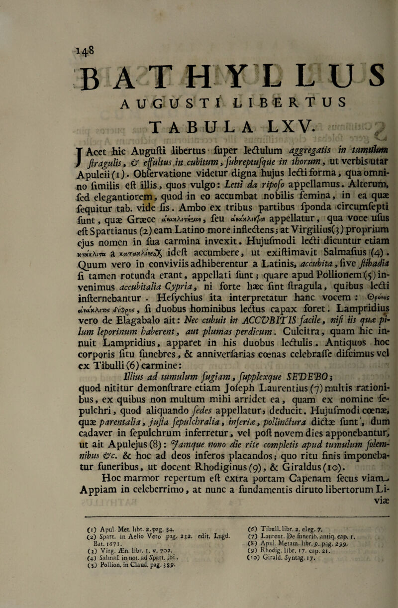 1(4-8 bathy l l u s AUGUSTI 1, I B E R T U S TABULA LXV. \ • * f , ** i ' ! ' “ / ? * ' J 'Tt : ‘ ' L • ****w-«4 J } f $ m * 4 4 • 'L A ^ J ^ A * i i Jm ^ ^ JAcet hic Augufti libertus fuper ledulum aggregatis in tumulum Jlragulis, <£>* e fultus in cubitum, fubreptufque in iborum, ut verbis-utar Apuleii(i). Obfervatione videtur digna hujus ledi forma, qua omni¬ no fimilis eft illis, quos vulgo: Letti da ripofo appellamus. Alterum, fed elegantiorem, quod in eo accumbat nobilis femina, in ea quae fequitur tab. vide fis. Ambo ex tribus partibus fponda circumfepti liint, quae Graece avaxAtTJOtov, feu aWxA«v£ov appellatur, qua voce ufiis eft Spartianus (2,) eam Latino more infledensi at Virgilius(3) proprium ejus nomen in fua carmina invexit. Hujufmodi ledi dicuntur etiam xnnArm a xctTctHAivscO^ ideft accumbere, ut exiftimavit Salmafius (4). Quum vero in conviviis adhiberentur a Latinis, accubita, £ive Jlibadia fi tamen rotunda erant, appellati funtj quare apud Pollionem(5)in¬ venimus accubitalia Cypria, ni forte haec fmt ftragula, quibus ledi infternebantur . Hefychius ita interpretatur hanc vocem : ©p^os CtWxA/TDS «Tt^gOS, fi duobus hominibus ledus capax foret. Lampridius vero de Elagabalo ait: Nec cubuit in ACCVB ITIS facile, ni fi iis qua pi¬ lum leporinum haberent, aut plumas perdicum. Culcitra, quam hic in¬ nuit Lampridius, apparet in his duobus ledulis. Antiquos hoc corporis fitu funebres, & anniverfarias coenas celebraife difcimus vel ex Tibulli (6) carmine: Illius ad tumulum fugiam, fupplexque SET)E^BO; quod nititur demonftrare etiam Jofeph Laurentius (7) multis rationi¬ bus , ex quibus non multum mihi arridet ea, quam ex nomine fe- pulchri, quod aliquando fiedes appellatur> deducit. Hujufmodi coenae, quae parentalia, jufila fepulchralia, infieria, pollinBura didae funt dum cadaver in fepulchrum inferretur, vel poft novem dies apponebantur, ut ait Apulejus (8): amque nono die rite completis apud tumulum folem- nibus tetc. & hoc ad deos inferos placandos; quo ritu finis imponeba¬ tur funeribus, ut docent Rhodiginus(9), & Giraldus(io). Hoc marmor repertum eft extra portam Capenam fecus viatru Appiam in celeberrimo, at nunc a fundamentis diruto libertorum Li¬ viae (O Apul. Met. libt. 2.pag. s+. (2) Spart. in Aelio Vero pag. 232. edit. Lugd. Bat. 1671. CO Virg. ./En. libr. 1. v. 702. (4) Salmaf. in not. ad «Spart. ibi. (5) Pollion. in Claud. pag. 3SS>- (5) Tibuli, libr. 2. eleg. 7. (7) Laurent. De funerib. antiq. cap. 1. (S) Apul. Metam, libr. $. pag. 299, C9) Rhodig. libr. 17. cap. 21. (10} Girald. «Syntag. 17,