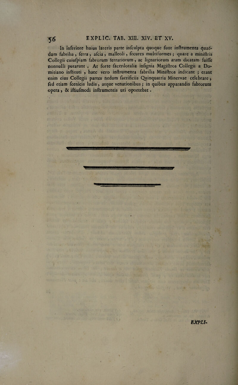 \ 56 EXPLIC. TAB. XIII. XIV. ET XV. In inferiore huius lateris parte infculpta quoque funt inftrumenta quae¬ dam fabrilia , ferra , afcia > malleoli , fecures multiformes j quare a miniftris Collegii cuiufpiam fabrorum ferrariorum , ac lignariorum aram dicatam fuifle nonnulli putarunt . At forte facerdotalia inlignia Magiftros Collegii a Do¬ mitiano inftituti 9 haec vero inftrumenra fabrilia Miniftros indicant ; erant enim eius Collegii partes nedum facrificiis Quinquatria Minervae celebrare , fed etiam fcenicis ludis , atque venationibus ,* in quibus apparandis fabrorum opera > & iftiufmodi inftrumentis uti oportebat. •i waamst BXPLU