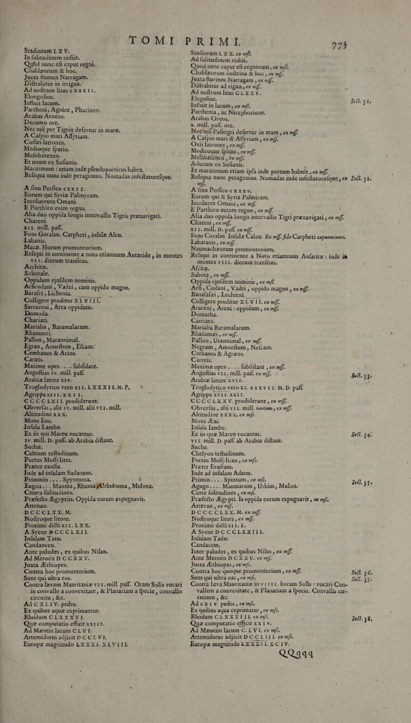Stadiorum L X V. In folitudinem rediit. Qubd nunc eft caput regni. Chaldaeorum & lioc. Juxta flumen Narragam. Diftrahitur in irrigua. Ad noftrum litus c x x x 11, Elongofine. Influit lacum. Partheni, Agnice, Pharione» Arabas Aroeos. Decumo ore. Nec mfi per Tigrin defertur in mare» A Cafpio mari Aifyriam. Coifaei latrones. Medioque fpatio. Mefobatcnen. Et unum ex Sufianis. Maritimum : etiam inde pfeudoporricus habet. Reliqua nunc inde peragemus. Nomadas infcftatorcfque. A finu Perfico c x x i i. Eorum qui Syria: Palmyram. * Incoluerunt Omani. E Parthico enim regilo. t Aha duo oppida longis intervallis Tigris prtenavigari. Chareni. xxi. mill. palf. Fons Goralus. Carpheti, infulae Aleu. Labanis. Macae. Horum promontorium. Reliqui in continente a noto etiamnum Autaride , in montes vix. dierum tranfitus. Acchitae. Sobotale. Oppidum ejufdem nominis. Arficodani, Vadei, cum oppido magno. Barafci, Lichenia. Colligere proditur X L V 111. Sarraceni, Arra oppidum* Domada. Chariati. Mariaba, Baramalacum. Rhammei. Pallon, Marannimal. Egran, Anneftum, Efcam. Cembanos & Arios. Caraeis. Maxime opes.... fubfidant. Anguftias iv. mill. paff Arabiae latere xiv. Troglodytico vero xi i. LXXX11. M. P* Agrippaxxii. x x x i. CCCCLXII prodiderunt. Obverfas, alh iv. mill. alii vi i. mill. Altitudine x x x. Mons Eos. Infula Lambe. Ex iis qui Mareu vocantur. iv. mill. D. palf. ab Arabia diftant. Suchae. x x Celtium teftudinum. Portus Mofly lites. Praeter exufta. Inde ad infulam Sadanum. Primmin .... Spyntuma. 4 Eugoa.. . Mauma, Rhuma/Urbubuma, Mulona* Cetera folitudines. Praefedo lEgyptiis. Oppida eorum expugnavit. Attenan. DCCCLXX.M. Noftroque litore. Proxime didi x 11. L X X. A Syene BCCCLX1I. Infulam Tatu* Candaocen. Ante paludes , ex quibus Nilus. Ad Meroen D C C X X V. Juxta Aethiopes. Contra hoc promontorium. Sunt qui ultra eos. Contra laevam Mauritaniae vi i. mill. palf. Oram Solis vocari in convalle a convexitate, & Planariam a ipecie, convallis circuitu, &c. Ad CXLIV. pedes. Ex quibus aquae exprimantur. Rhodum C L X X X VI. Quae computatio efficit x x 111. Ad Maeotin lacum C L V I. Artemidorus adjicit DCCLVI. Europae magnitudo iXXXI. XLVIII. Stadiorum Lxx.ex mj?. Ad folitudinem rediit. Quod nunc caput eit regnorum, ex Chaldxorum dodrina & hoc, ex mj]'. Juxta fluvium Narragam, ex mj]'. Diftrahitur ad rigua, ex nijj'. Ad noftrum litus C L X x V. Elegofine. InHuit in lacum, ex mfs. Parthenia, ac Nicephorione. Arabas Oreos. x. mill. paif. ore. Nec nifi Pafitigri defertur in mare, ex mjf. A Cafpio mari & Aflyriam, ex mj]'. Oxii latrones, ex mj]'. Modicoque fpatio, ex mjf. Mefabatenen, ix mjf. Adunam ex Sufianis. Et maritimum etiam ipfa inde portum habuit, ex mj]'. Reliqua nunc peragemus. Nomadas inde infeftatorefque, ex mj/. A finu Perfico c x x x v. Eorum qui & Syria Paltniram. Incoluere Omani, ex mj]'. E Parthico autem regno , ex mjf. Alia duo oppida longis intervallis Tigri praenavigari, ex mjf. Chateni, ex rnjf. xxi. mill. D. palf ex mjf. Fons Coralus. Infulae Caieu. Ex rnjf. fide Carpheti expunximus. Labatanis, ex mff. Naumacheeorum promontorium. Reliqui in continente a Noto etiamnum Aufaritae: inde in montes vni. dierum tranfitus. Afcitae. Sabota, ex mjf Oppida ejufdem nominis, ex m(?. Arfi, Codani, Vadei,' oppido magno , ex mjf. Banafafaei, Lediieni._ Colligere proditur X L V 11. ex mjf. Araceni, Areni: oppidum, ex mjf. Domatha. Carriata. Mariaba Baramalacum. Rhadamaei, ex mj]'. Pallon, Urannimal, ex mjf. Negram, Amneftum, Nefcant. Cerbanos & Agraeos. Carreis. Maximae opes .... fubfiftant, ex mjf. ■ Anguftias vi i. mill. paif. ex mjj'. Arabiae iatere x vi x. Troglodytico vero xi.xxxvii.M. D. paif Agrippa xvii. xxi i. CCCCLXXV. prodiderunt, ex mjf. Obverfas , alii vii. mill. tantum, ex mjf. Altitudine x x x x. ex mfs. Mons Aeas. Infula Iambe. Ex iis quae Mareu vocantur. vi i. mill. D. paif ab Arabia diftants Suche. Chelyon teftudinum. Portus Moflylicus, ex mfs. Praeter Exuftam. Inde ad infulam Adanu. Primin.... Spintum, ex mfs. Agugo.... Maumarum, Urbim, Mulon. Certe iolitudines, ex mfs. Praefedo lEgypti. Is oppida eorum expugnavit, ex mfs* Attevan, ex mj]'. DCCCCLXX.M .ex mjf. N oftroque litori, ex mjf. Proxime didixi i. L. A Syene DCCCLXXIII. Infulam Tadu; Candacem. Inter paludes, ex quibus Nilus, ex mjf. Ante Meroen D C X X V. ex mjf. Juxta Aethiopas, ex mfs. Contra hoc quoque promontorium, ea mjf. Sunt qui ultra eas, ex mfs. Contra laeva Mauritaniae in vi 111, horam Solis: vocari Con¬ vallem a convexitate, & Planariam a fpecie. Convallis cir¬ cuitum , &c. Ad c x i v. pedes, ex mfs. Ex quibus aqua exprimatur, ea mfs. Rhodum C L X X X I 11. ea mfs. Quae computatio efficit x x i v. Ad Maeotim lacum C. L VI. ea mfs. Artemidorus adjicit D C C L 111. ea mfs. Europae magnitudo J. X X X11. XCiv. QAsqq Sed. 3 I. Sed. 1%. Sed. 33. Sed. 3 4! Sed. 3 j. Sed. 3 6. Sed. 37. Sed. 38.