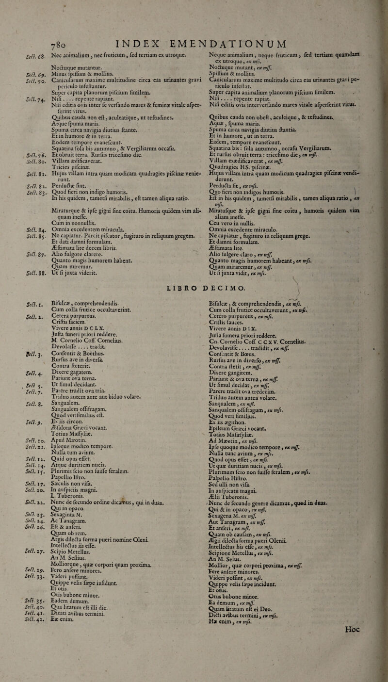 Sefl. 69. Sefl. 70. Sefl. 74. Sefl. 7 6. Sefl. So. Sefl. 81. Seit. 82. Sefl. 83. Sefl. 84. Sefl. 8 y • Sefl. 87. Sefl. 88. Sefl. x. Sefl. 2. Secl. 3. Sefl. 4. . Sea y. 7. Jffl. 8. &A <>. 5W7. 10. XI. 5V& T2. 14. Jefih iy. Sefl. 17. 5Wif. 20. Sefl. 22. JW?. 23. Sefl. 24. (Sefif. 2 6. JW7. 27. <SV£f. 2^. *«-33- && 3y. Sefl. 40. Sefl. 41. Sefl. 42. 780 index emendationum Noduque mutantur. Minus lpifiiim & mollius. Canicularum maxime multitudine circa cas urinantes gravi periculo infcftantur. Super capita planorum pifcium fimilem. Nili.... repente rapiant. Nili editis ovis inter fe verfando mares & femina» vitale afpcr- ferint virus. Quibus cauda non eft, aculeatique, ut teftudincs. Atque fpuma maris. Spuma circa navigia diutius liante. Et in humore & in terra. Eodem tempore evanefeunt. Squatina 1'ola bis autumno, & Vergiliarum occafu. Et obruit terra. Rurfus tricclimo dic. Villam aedificaverat. Tricies pifcinae. Hujus villam intra quam modicam quadragies pifeinae venie* runt. Perdudae fint. Quod fieri non indigo humoris. In his quidem, tametfi mirabilis, eft tamen aliqua ratio. Miraturque & ipfe gigni fine coitu. Humoris quidem vim ali¬ quam meile. Cum in nonnullis. Omnia excedentem miracula. Nc capiatur. Parcit pifcator, fugituro in reliquum gregem. Et dati damni formulam. Aiftimata lite decem libris. Alio fulgore clarere. Quanto magis humorem habent. Quam miremur. Ut fi juxta viderit. IIBRO Bifulcat, comprehendendis. Cum colla frutice occultaverint. Cetera purpureus. Criffis faciem. Vivere annis D C LX. Jufla funeri priori reddere. M Cornelio Colli Cornelius. Devolafle .... tradit. Confentit & Boethus. Rurfus ave in diverfa. Contra fteterit. Dixere gagatem. Pariunt ova terna. Ut fimul decidant. Parere tradit ova tria. Triduo autem ante aut biduo volare. Sangualem. Sangualem olfifragam. Quod verifimilius eft. Ex iis circon. Aifalona Graeci vocant. Totius Malfyliae. Apud Maeotin. Ipfeque modico tempore. Nulla tum avium. Quid opus eflet. Atque duritiem nucis. Plurimis fcio non fuilfe feralem. Papellio Iltro. Saeculis non vifa. In aufpiciis magni. L. Tuberonis. Nunc de fecundo ordine dicamus, qui in duas. Qui in opaco. Sexaginta M. Ac Tanagram. Eft & anferi. Quam ob rem, Argis dileda forma pueri nomine Oleni. Intelledus iis elfe. Scipio Metellus. An M. Seftius. Molliorque, quae corpori quam proxima. Fero anferc minores. Videri poliunt. Quippe velis fiepe infidunt. Et otis. Otis bubone minor. Eadem demum. Qua litatum eft illi die. Dicati avibus termini. Eae enim. Neque animalium , neque fruticum, fed tertiam quamdam ex utroque, ex mfs. Noduque mutant, ex mjf. Spiflum & mollius. Canicularum maxime multitudo circa eas urinantes gtavi pe¬ riculo infeftat. Super capita animalium planorum pifcium fimilem. Nili.... repente rapiat. Nifi editis ovis interverfando mares vitale afperferint virus. Quibus cauda non obeft, aculcique , & teftudines.. Aquae, fpuma maris. Spuma circa navigia diutius ftantia. Et in humore , ut in terra. Eadem, tempore evanefeunt. Squatina bis: fola autumno, occafu Vergiliarum. Et rurfus obruit terra : tricefimo die, ex mfi. Villam exaedificaverat, ex mJJ'. Quadragies HS. pifeinae. Hujus villam intra quam modicum quadragies pifeinse vendi¬ derunt. Perdudafit, ex mfs. Quo fieri non indigos humoris. I Elt in his quidem , tametfi mirabilis , tamen aliqua ratio , ex mfs. Miratulque & ipfe gigni fine coitu, humoris quidem vim aliam inefie. Ceu vero in nullis. Omnia excedente miraculo. s Ne capiatur, fugituro in reliquum grege. Et damni formulam. iEftimata lite. Alio fulgere claro, ex mjf. Quanto magis humorem habeant, ex mfs. Quam miraremur, ex mj]'. Ut ii juxta vidit, ex mfs. E C I M O. Bifulcae, & comprehendendis, ex mfs. Cum colla frutice occultaverunt, ex mfs. Cetero purpureus, ex mfs. Criftis fauces. Vivere annis D I X. Jufta fumera priori reddere. Cn. Cornelio Coffi c C X V. Cornelius. Devolavilfe .... tradidit, ex mjf. Confentit & Boeus. Rurfus ave in divcrfo, ex mjf. Contra ftetit, ex mjf. Dixere gangitem. Pariunt & ova terna, ex mjf. Ut fimul decidat, ex mjf. Parere tradit ova tredecim. Triduo autem antea volare. Sanqualem, ex mfi. Sanqualem oflifragum, ex mfs. Quod veri fimilius. Ex iis aegithon. Epileum Graeci vocant. Totius Maliefylix. Ad Mieotin, ex mfs. Ipfe quoque modico tempore, ex mjf. Nulla tunc avium, ex mfs. Quod opus efiet, ex mfs. Ut quse duritiam nucis , ex mfs. Plurimum fcio non fuiife feralem , tx mfs. Palpelio Hiftro. Sed ulli non vifa. In aufpicatu magni. Allii Tuberonis. Nunc de fecundo genere dicamus, quod in duas. Qui & in opaco, ex mfi. Sexagena M. ex mjf. Aut Tanagram, ex mjf. Et anferi, ex mfi. Quam ob caufam, ex mfs. Aigii dileda forma pueri Olenii Intelledus his efie, ex mfs. Scipione Metellus, ex mfs. An M. Seius. Mollior, quse corpori proxima, ex mjf. Fere aniere minores. Videri poffint, ex mfs. Quippe velis faepe incidunt. Ec otus. Otus bubone minor. Ea demum , ex mJJ'. Quam litatum eft ei Deo. Didi avibus termini, ex mfs. H* enim, ex mfs.