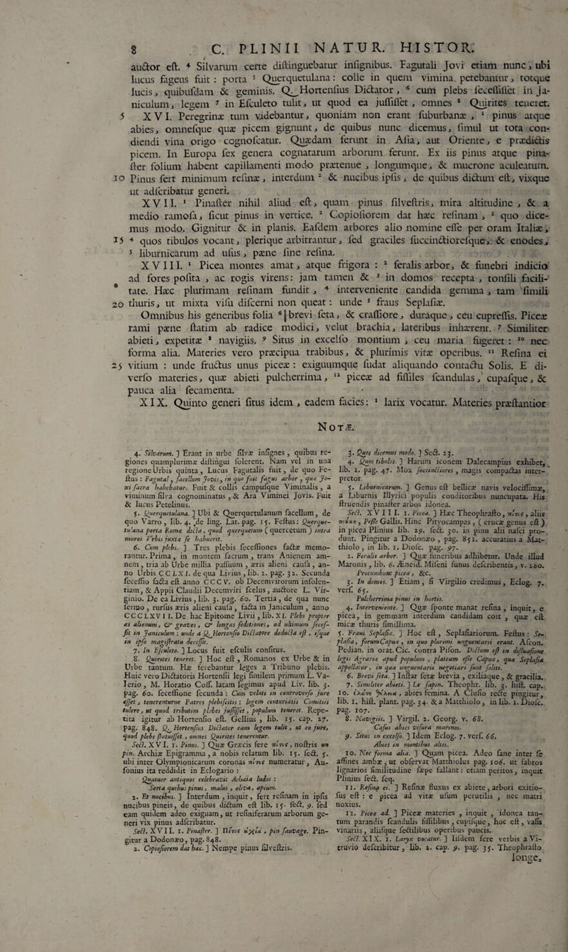 au&or eft. 4 Silvarum certe diftinguebatur infignibus. Fagutali Jovi etiam nunc, ubi lucus fageus fuit : porta s Querquetulana: colle in quem vimina, petebantur, totque lucis ^ quibufdam & geminis. Q^Hortenfius Dictator , 6 cum plebs fecefliilet in Ja¬ niculum , legem 7 in E (culet o tulit, ut quod ea jufiilfet , omnes 8 Quirites teneret. 5 XVI. Peregrina tum videbantur, quoniam non erant fuburbana , 1 pinus atque abies, omnefque qua picem gignunt, de quibus nunc dicemus, fimul ut tota con¬ diendi vina origo cognofcatur. Quadam ferunt in Alia, aut Oriente, e pradidis picem. In Europa fex genera cognatarum arboruiru ferunt. Ex iis pinus atque pina- (ter folium habent capillamenti modo pratenue , longumque, & mucrone aculeatum, io Pinus fert minimum refina, interdum 1 & nucibus ipfis, de quibus didunt elt, vixque ut adfcribatur generi. XVII. 1 Pinafter nihil aliud eft, quam pinus (ilveftris, mira altitudine , & a medio ramofa, ficut pinus in vertice. 2 Copioiiorem dat hac relinam , 3 quo dice¬ mus modo. Gignitur & in planis. Eafdem arbores alio nomine efle per oram Italia, 15 4 quos tibulos vocant, plerique arbitrantur, fed graciles fuccindiorefque, & enodes, 5 liburnicarum ad ufus, pane fine reiina. XVIII. 1 Picea montes amat, atque frigora : 2 feralis arbor, & funebri indicio ad fores pofita , ac rogis virens: jam tamen & 3 in domos recepta , tonlili facili- 0 tate. Hac plurimam relinam fundit, 4 interveniente candida gemma, tam fimili 20 thuris, ut mixta vifu difcerni non queat: unde 5 fraus Seplalla. Omnibus his generibus folia 6 j brevi feta, 6c crafliore, duraque , ceu cupreflis. Picea rami pane ftatim ab radice modici, velut brachia, lateribus inharent. 7 Similiter abieti, expetita 8 navigiis. 9 Situs in excello montium , ceu maria fugeret : 10 nec forma alia. Materies vero pracipua trabibus, & plurimis vita operibus. 11 Reiina ei 25 vitium : unde frudus unus picea : exiguumque fudat aliquando contadu Solis. E di- verfo materies, qua abieti pulcherrima, 12 picea ad filliles fcandulas, cupafque, & pauca alia fecamenta. XIX. Quinto generi fitus idem , eadem facies: 1 larix vocatur. Materies praftantior Not£ 4. Silvarum. ] Erant in urbe filva: inlignes, quibus re¬ giones quamplurimae diftingui Tolerent. Nam vel in una regione Urbis quinta. Lucus Fagutalis fuit, de quo Fe¬ ftus : Fagutal, [aedium Jovis, in quo fuit fagus arlor , qu.e Jo- xi[aera habebatur. Fuit & collis campufque Viminalis, a viminum filva cognominatus, & Ara Viminei Jovis. Fuit & lucus Petelinus. y. Querquetulana. ] Ubi & Querquetulanum facellum, de quo Varro , lib. 4. 'de ling. Lat. pag. 15. Feftus: Querque- tu'ana porta Roma dtcla, quod querqueum ( quercetum ) nitra muros Vrbis juxta [e habuerit. 6. Cum plebs. ] Tres plebis feceffiones fadae memo¬ rantur. Prima, in montem facrum , trans Anienem am¬ nem , tria ab Urbe millia pafluum , ieris alieni caufa, an¬ no Urbis CCiXl. de qua Livius, lib. 1. pag. 32. Secunda feceffio fada eft anno C C C V. ob Decemvirorum infolen- tiam, & Appii Claudii Decemviri fcelus, audore L. Vir¬ ginio. De ea Livius, lib. 3. pag. 60. Tertia, de qua nunc Termo , rurTus ieris alieni caula, fada in Janiculum , anno CCCLXVII.De hac Epitome Livii, lib.XI. Plebs propter as alienum, CE graves, CE longas [editiones, ad ultimum /ecef- fit in Janiculum : unde a Q^Hortenfto Didlatore deducia ejl, i[que 1» ip[o magiftratu decefftt. 7. In Efuleto. ] Locus fuit efculis confitus. 8. Quirites teneret. ] Hoc eft , Romanos ex LTrbe & in Urbe tantum. Ha: ferebantur ldges a Tribuno plebis. Huic vero Didatoris HortenTti legi fimilem primum L. Va- lerio, M. Horatio Colf. latam legimus apud Liv. lib. 3. pag. 60. feceffione fecunda : Cum veluti m centroverfo jure e/Jet, tenerenturne Patres plebifiitis : legem centuriatis Comitiis tulere, ut quod tributim plebes jujflfjet, populum teneret. Repe¬ tita igitur ab Hortcnfio eft. Gellius , lib. 15. cap. 17. pag. 848. Q^Hortenftus Didlator eam legem tulit, ut eo jure, quod plebs fhitui/Jet , omnes Quirites tenerentur. Sei7. XVI. 1. Pinus. ] Qua: Graecis fere nlnt, noftris un fin, Archiae Epigramma , a nobis relatum lib. 15. fed. y. ubi inter Olympionicarum coronas mns numeratur, Au- fonius ita reddidit in Eclogario : Quatuor antiquos celebravit Achaia ludos : Serta quibus pinus, malus , oliva, apium. 2. Et nucibus. ] Interdum , inquit, fert relinam in ipfis nucibus pineis, de quibus didum eft lib. iy. fed. 9. fed eam quidem adeo exiguam, ut refiniferarum arborum ge¬ neri vix pinus adfcribatur. Sed. XVII. I. Pinafter. ] Uitjs dtfioi , pin [auvage. Pin¬ gitur a Dodonam, pag.848. 2. Copiofiorem dat hac. ] Nempe pinus filveftris. 3. Quos dicemus modo. J Sed. 23. 4. Quos tibulos. ] Harum iconem Dalecampius exhibet, lib. 1. pag. 47. Mox [uccinCiiores, magis compadas inter¬ pretor. y. Liburnicarum. ] Genus eft bellica: navis velociffimae, a Liburnis Illyrici populis conditoribus nuncupata. His ftruendis pinafter arbos idonea. Sedi. XVIII. 1. Picea. ] Haec Theophrafto, mj , aliis 7nvxy, Pe/?e Gallis. Hinc Pityocampas, ( erucae genus eft ) in picea Plinius lib. 29. fed. 30. in pinu alii nafei pro¬ dunt. Pingitur a Dodonxo , pag. 8yi. accuratius a Mat- thiolo, in lib. 1. Diofc. pag. 97. I. Ferahs arbor. ] Quae funeribus adhibetur. Unde illud Maronis , lib. 6. iLneid. Mileni funus defcnbentis, v. 280. Procumbunt picea, &c. 3. In domos. ] Etiam, fi Virgilio credimus, Eclog. 7. verf. 6y. Pulcherrima pinus in hortis. 4. Interveniente. ] Qux fponte manat refina , inquit, e picea, in gemmam interdum candidam coit , quae eft micae thuris fimillnna. y. Fraus Seplafis. ] Hoc eft , Seplafiariorum. Feftus : Se~ plafta, forum Capu.e , m quo plurimi unguentarii erant. ATcon. Pedian. in orat. Cic. contra Pilon. Didium eft m diftuaftone legis Agraria apud populum , plateam efte Capu.e, qua SepLifta appellatur, m qua unguentarii negotiari [unt J,bliti. 6. Brevi [eta. ] Inftar fetae brevia , exiliaque, & gracilia. 7. Similiter abieti. ] Le fapin. Theophr. lib. 3. hlft. cap. 10. tXu.7v flxmt, abies femina. A Clufio rede pingitur, lib. 1. hift. piant, pag. 34. &a Matthiolo, in lib. 1. Diofc. pag. 107. 8. Navigiis. ] Virgil. 2. Georg. v. 68. Caftus abies vifura marinos. 9. Situs m exceljo. ] Idem Eclog. 7. verf. 66. Abies in montibus alus. 10. Nec forma alia. ] Quam picea. Adeo fane inter fs affines ambae , ut obfervat Matthiolus pag. 106. ut fabros lignarios fimilitudine faepe fallant: etiam peritos, inquit Plinius fed. feq. II. Refmti ei. ] Refina: fluxus ex abiete, arbori exitio- fus eft : e picea ad vitae ufum perutilis , nec matri noxius. 12. Picea ad. ] Piceae materies , inquit , idonea tan^ tum parandis fcandulis fiflilibus, cupifque, hoc eft, vafis vinariis, aliifque fedilibus operibus paucis. Sedi. XIX. 1. Laryx vocatur. ] Iifdcm fere verbis a Vi¬ truvio defcribitur, lib. 2. cap. 9. pag. 3y. Theophrafto longe,