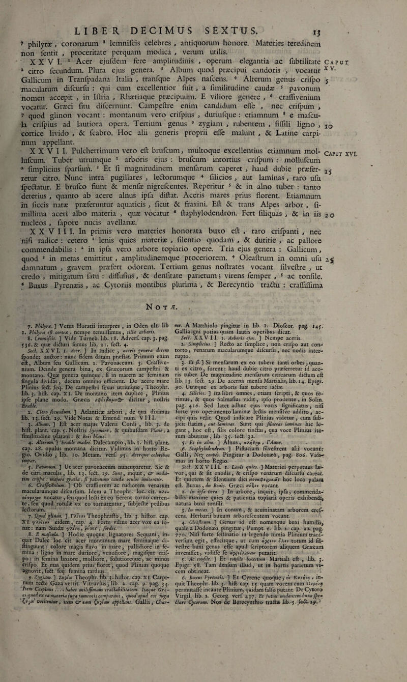 7 philyrae , coronarum * lemnifcis celebres , antiquorum honore. Materies teredinem non lentit , proceritate perquam modica , verum utilis. XXVI. 1 Acer ejufdem fere amplitudinis , operum elegantia ac fubtilitate Caput 4 citro fecundum. Plura ejus genera. 3 Album quod prascipui candoris , vocatur xv‘ Gallicum in Tranfpadana Italia , tranfque Alpes nafcens. 4 Alterum genus crifpo 5 macularum difcurfu : qui cum excellentior fuit, a fimilitudine caudas 5 pavonum nomen accepit , in Iftria , Rhastiaque praecipuum. E viliore genere , 6 cralfivenium vocatur. Graici fitu difcernunt. Campeftre enim candidum efle , nec crifpum , 7 quod glinon vocant : montanum vero crifpius , duriufque : etiamnum 7 8 e mafcu- la crifpius ad lautiora opera. Tertium genus 9 zygiam , rubentem , fiftlli ligno , IO cortice livido , St fcabro. Hoc alii generis proprii elfe malunt , St Latine carpi¬ num appellant. XXVII. Pulcherrimum vero eft brafcum, multoque excellentius etiamnum mol- caput xvi lufcum. Tuber utrumque 1 arboris ejus : brufcum intortius crifpum : mollufcum * fimplicius fparlum. 3 Et li magnitudinem naeniarum caperet , haud dubie praefer- retur citro. Nunc intra pugillares , le&orumque 4 filicios, aut laminas , raro ufu fpedatur. E brufco fiunt St rnenfae nigrelcentes. Reperitur 5 St in alno tuber : tanto deterius , quanto ab acere alnus ipfa diftat. Aceris mares prius florent. Etiamnum in ficcis natae praeferuntur aquaticis , ficut St fraxini. Eft St trans Alpes arbor , ii- millima aceri albo materia , quae vocatur 6 ftaphylodendron. Fert filiquas , St in iis 2o nucleos , fapore nucis avellanae. XXVIII. In primis vero materies honorata buxo eft , raro criipanti , nec niii radice : cetero 1 lenis quies materiae , filentio quodam , St duritie , ac pallore commendabilis : 1 in ipfa vero arbore topiario opere. Tria ejus genera : Gallicum, quod 3 in metas emittitur , amplitudinemque proceriorem. 4 Oleaftrum in omni ufu 2§ damnatum , gravem praefert odorem. Tertium genus noftrates vocant iilveftre , ut credo ^ mitigatum iatu : diffufius, St denfttate parietum > virens femper , 5 ac tonfile. ‘ Buxus Pyrenaeis , ac Cytoriis montibus plurima , St Berecyntio tradu : craiTiifima Noti. 7. Philyra. ] Vetus Horatii interpres , in Oden ult. lib I. Plnlyra eft cortex, nempe tenuiflimus, tilia arboris. 8. Lemnifcis. ] Vide Turneb. lib. 18. Adverf. cap. 3. pag. $36. & qua: diduri fumus lib. 21. fed. 4. Secl. XXVI. I. Acer. ] In Jndicc , aceris genera decem Ipondet audor: nunc fidem datam praftat. Primum enim eft. Album feu Gallicum. 2. Pavonaceum. 3. Craffivc- nium. Deinde genera bina, ex Grsecorum campeftri & montano. Qua: genera quinque, fi in marem ac feminam fingula dividas, decem omnino efficient. De acere mare Plinius fed. feq. De campeftri fexus utriufque, Theophr. lib. 3. hift. cap. XI. De montano item duplice , Plinius ipfe plane modo. Graecis <r<pufotluv&‘ dicitur , noftris Erable. 2. Citro fecundum. ] Atlantics arbori , de qua diximus lib. 13. fed. 19. Vide Notas & Emend. num. VIII. 3. Album. ] Eft acer majus Valerii Cordi , lib. 3. de hift. piant, cap. 5. Noftris Sycomore, & quibufdam Plane, a fimilitudine platani: & Bois blanc. 4. Alterum. ] Erable madre. Dalecainpio ,llb. I. hift. piant, cap. 28. opulus montana dicitur. Vidimus in horto Re¬ gio. Ovidio , lib. ro. Metam, verf. 9^. Acerque coloribus impar. f. Pavonum. ] Ut acer pavonaceum nuncuparetur. Sic & de citri maculis, lib. 13. fed. 19. Sunt, inquit, unda- tim crijpie : maiore gratia, fi pavonum cauda oculos imitentur. 6. Cra(Jh?nium. ] Ob craffiorem ac rudiorem venarum macularumque difeurfum. Idem a Theophr. loc. cit. *Ai- voTpo^m vocatur, feu quod ledi ex eo fierent torno curren¬ te , feu quod rotuls ex eo tornarentur, fubjeda: pedibus ledorum. 1 7. Quod glinon. ] raJvjv Theophrafto, lib. 3. hiftor. cap. XI. eidem, cap. 4. Forte vilius acer vox ea fo- nat: nam Suidx yXnnj., 'pome , fordes. 8. E mafcula. ] Hodie quoque lignatores Sequani, in¬ quit Dalec loc. cit. acer montanum mare feminaque di- ftinguunt: colore magis flavo in mare, pallidiore in fe¬ mina : ligno in mare duriore, venoiiore, magilque crif¬ po : in femina laxiore, molliore, folutioreque, ac minus crifpo. Et mas quidem prius floret, quod Plinius quoque agnovit, fed feq femina tardius. 9- Zygiam. ] Zvyia. Theophr. lib. 3. hiftor. cap. XI Carpi¬ num rede Gaza vertit. Vitruvius, lib 2. cap. 9. pag. 34. Item Carpinus.... habet utilifjimam tradabilitatem. Itaque Gra¬ ti quod ex ea materia juga jument is comparant, quod apud eos juga vocitemur, item Cr eam ^oy.uv appellant. Gallis, Char- me. A Matthiolo pingitur in lib. 1. Diofcor. pag. 147, Gallia igni potius quam lautis operibus dicat. Setl. XXVII. 1. Arboris ejus. ] Nempe aceris. 2. Simplicius. ] Redo ac fimplice, non crifpo aut con¬ torto , venarum macularumque difcurfu, nec nodis inter¬ rupto. 3. Et fi. ] Si menfarum ex eo tubere tanti orbes, quan¬ ti ex citro, forent: haud dubie citro proferretur id ace¬ ris tuber. De magnitudine menfarum citrearum didum eft lib. 13. fed. 19. De acerna menfa Martialis, lib. 14. Epigr. >>o. Utroque ex arboris luo tubere fado. 4. Silicios. ] ita libri omnes, etiam feripti, & quos te¬ rimus, & quos Salmafius vidit, ipfo prodente , in Solm. pag. 416. Sed latet adhuc ejus vocis fignificatus, nili forte pro operimento lamino ledis menfilve addito, ac¬ cipi quis velit. Quod indicare Plinius videtur, cum fub- jieit ltatim, aut laminas. Sunt qui ftlaceas laminas hic le¬ gant , hoc eft, filis colore tindas, qua voce Plinius ite¬ rum abutitur, lib. 35:. led. 32. y. Et in alno. ] Alnus, xXri&pys, VAune. ■ft. Staphylodendron. ] Piftaciam filveftrem alii vocant.- Galli, Neg^coupe's. Pingitur a Dodonoq, pag. 806. Vidi- mus in horto Regio. Sed. XX VIII. 1. Lenis quies. ] Materiei perpetuus lo- vor, qui & fit enodis, & crifpo venarum difcurfu careat. Et quietem & filentium dici hoc loco palaia eft. Buxus, du Bouis. Groci mJ^ov vocant. 2. In ipfa vero. ] In arbore, inquit, ipfa, commenda¬ bilis maxime quies & patientia topiarii operis exhibendi, natura buxi tonfili. 3. In metas. ] In conum, & acuminatam arborem cref- cens. Herbarii buxum arborefeentem vocant. 4. Oleaftrum. ] Genus id eft nomenque buxi humilis, quale a Dodonao pingitur, Pempt. 6- lib. 2. cap. 22. pag. 770. Nili forte feltinatio in legendo nimia Plinium tranl- verfum egit, effecitque, ut cum oletor oXm totum id fil- veftre buxi genus elfe apud feriptorem aliquem Grsecum inveniifet, vidifle fe putarit. f. Ac tonfle. ] Et tonfle buxetum Martiali eft , lib. 3. Epigr. 58. Tam denfum illud, ut in hortis parietum vi¬ cem obtineat. 6. Buxus Pyrenxis. ] Et Cyrene quoque, cv Ku/njrv , in¬ quit Theophr. lib. 3. hift. cap. 1$. quam vocem cum itupiuif permutafle incaute Plinium, quidam fallo putant. De Cytoro Virgil. lib. 2. Georg. verf 437. Et juvat undantem buxo /pe¬ dare Cytorum. Nos- de Berecynthio tradu lib. j. fed. zy.