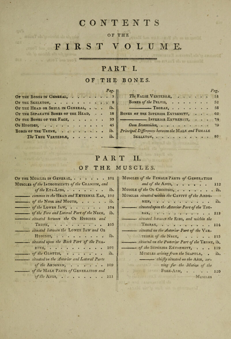 CONTENTS OF THE FIRST VOLUME. PART I. OF THE BONES. Pag. Of the Bones in General,.. . 3 Of the Skeleton,.8 Of the Head or Skull in General, . >. . ib. Of the Separate Bones of the Head, . . 18 Of the Bones of the Face,.33 Os Hyoides,.45 Bones of the Trunk, ........ ib. The True Vertebrae,.ib. Pag. The False Vertebra:,.51 Bones of the Pelvis,.52 -- Thorax,.58 Bones of the Superior Extremity, ... 62 -Inferior Extremity, ... T4* Ossa Sesamoidea..T9 Principal Differences between the Male and Female Skeleton,.. s 6 PART II. . OF THE MUSCLES. Of the Muscles in General,.101 Muscles of the Integuments of the Cranium, and of the Eye-Lids,.ib. ■ I... common to the Head and External Ear, 102 . of the Nose and Mouth,.ib. ■ o/& Lower Jaw, ...... 104 -- of the Fere and Lateral Part of the Neck, ib. --— - situated between the Os Hyoides and Trunk,.105 _situated between the Lower Jaw and Os Hyoides,.j ib. --— situated upon the Back Part of the Pha- RYNXj «••••••••• 107 a— the GlottiSj *••«••• ib« - situated on the Anterior and Lateral Parts of the Abdomen, . . .... 109 of the Male Parts c/Generation and tf the Anus, . ..ill Muscles of the Female Parts of Generation and of the Anus,. 112 Muscle of the Os Coccygis,.ib. Muscles situated within the Cavity of the Abdo¬ men, ..ib. — situated upon the Anterior Part of the Tho¬ rax, . 113 -situated between, the Ribs, and within the Thorax, » . ....... 114 — -- situated on the Anterior Part of the Ver- TEBRiE of Neck,.U5 - situated on the Posterior Part of the Trunk, ib. - cf the Superior Extremity, . . . 119 Muscles arising from the Scapula, . ib, --- chiefy situated on the Arm, ser¬ ving for the Motion of the Fore-Arm, . . . . 120 Muscles