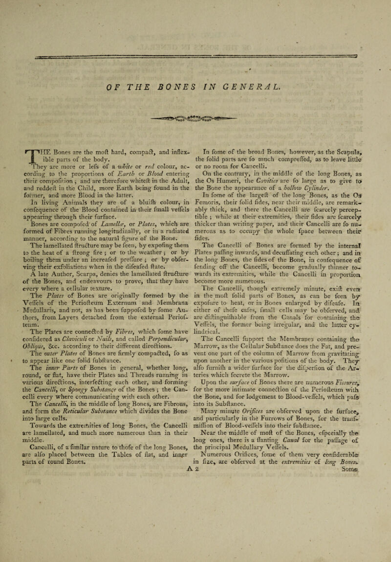 THE Bones are the mod hard, compact, and inflex¬ ible parts of the body. They are more or lefs of a white or red colour, ac¬ cording to the proportions of Earth or Blood entering their compofition } and are therefore whited in the Adult, and redded in the Child, more Earth being found in the former, and more Blood in the latter. In living Animals they are of a bluilh colour, in confequence of the Blood contained in their fmall veflels appearing through their furface. Bones are compofed of Lamella, or Elates, which are formed of Fibres running longitudinally, or in a radiated manner, according to the natural figure of the Bone. The lamellated ftrudture may be feen, by expofing them to the heat of a drong fire ; or to the weather ; or by boiling them under an increafed prefture ; or by obfer- ving- their exfoliations when in the difeafed date. O # A late Author, Scarpa, denies the lamellated dru&ure of the Bones, and endeavours to prove, that they have every where a cellular texture. The Plates of Bones are originally formed by the Veflels of the PerioAeum Externum and Membrana Medullaris, and not, as has been fuppofed by fome Au¬ thors, from Layers detached from the external Periof- teum. The Plates are connefted by Fibres, which fome have confidered as Claviculi or Nails, and called Perpendicular, Oblique, See. according to their different directions. The outer Plates of Bones are firmly compacted, fo as to appear like one folid fubdance. The inner Parts of Bones in general, whether long, round, or flat, have their Plates and Threads running in various directions, interfeCting each other, and forming the Cancelli, or Spongy Substance of the Bones ; the Can- celli every where communicating with each other. The Cancelli, in the middle of long Bones, are Fibrous, and form the Reticular Substance which divides the Bone into large cells. Towards the extremities of long Bones, the Cancelli are lamellated, and much more numerous than in their middle. Cancelli, of a fimilar nature to thofe of the long Bones, are alfo placed between the Tables of flat, and inn.er parts of round Bones* In fome of the broad Bones, however, as the Scapula, the folid parts are fo much comprefl’ed, as to leave little or no room for Cancelli. On the contrary, in the middle of the long Bones, as the Os Humeri, the Cavities are fo large as to give to the Bone the appearance of a hollow Cylinder. In fome of the larged of the long Bones, as the Os Femoris, their folid fides, near their middle, are remark¬ ably thick, and there the Cancelli are fcarcely percep¬ tible ; while at their extremities, their fides are fcarcely thicker than writing paper, and their Cancelli are fo nu¬ merous as. to occupy the whole fpace between their fides. The Cancelli of Bones are formed by the internal. Plates pafling inwards, and decuflating each other ; and in the long Bones, the fides of the Bone, in confequence o£ fending oft’ the Cancelli, become gradually thinner to¬ wards its extremities, while the Cancelli in proportion become more numerous. The Cancelli, though extremely minute, exid even in the mod folid parts of Bones, as can be feen by expofure to heat, or in Bones enlarged by difeafe. In either of thefe cafes, fmall cells may be obferved, and are didinguifhable from the Canals for containing the Veflels, the former being irregular, and the latter cy¬ lindrical. The Cancelli fupport the Membranes containing the Marrow, as the Cellular Subdance does the Fat, and pre¬ vent one part of the column of Marrow from gravitating upon another in the various pofitions of the body. They alfo furnidi a wider furface for the difperfion of the Ar¬ teries which fecrete the Marrow. Upon the surface of Bones there are numerous Fissures9 for the more intimate conne&ion of the Pcriodeum with the Bone, and for lodgement to Blood-veffels, which pafs into its Subdance. Many minute Orifices are obferved upon the furface, and particularly in the Furrows of Bones, for the tranf. million of Blood-veffels into their fubdance. Near the middle of mod of the Bones, efpecially the long ones, there is a flanting Canal for the paflage o£ the principal Medullary Veflels. Numerous Orifices, fome of them very confiderable in fiz.e, are obferved at the extremities of long Bonesw A 2 Some