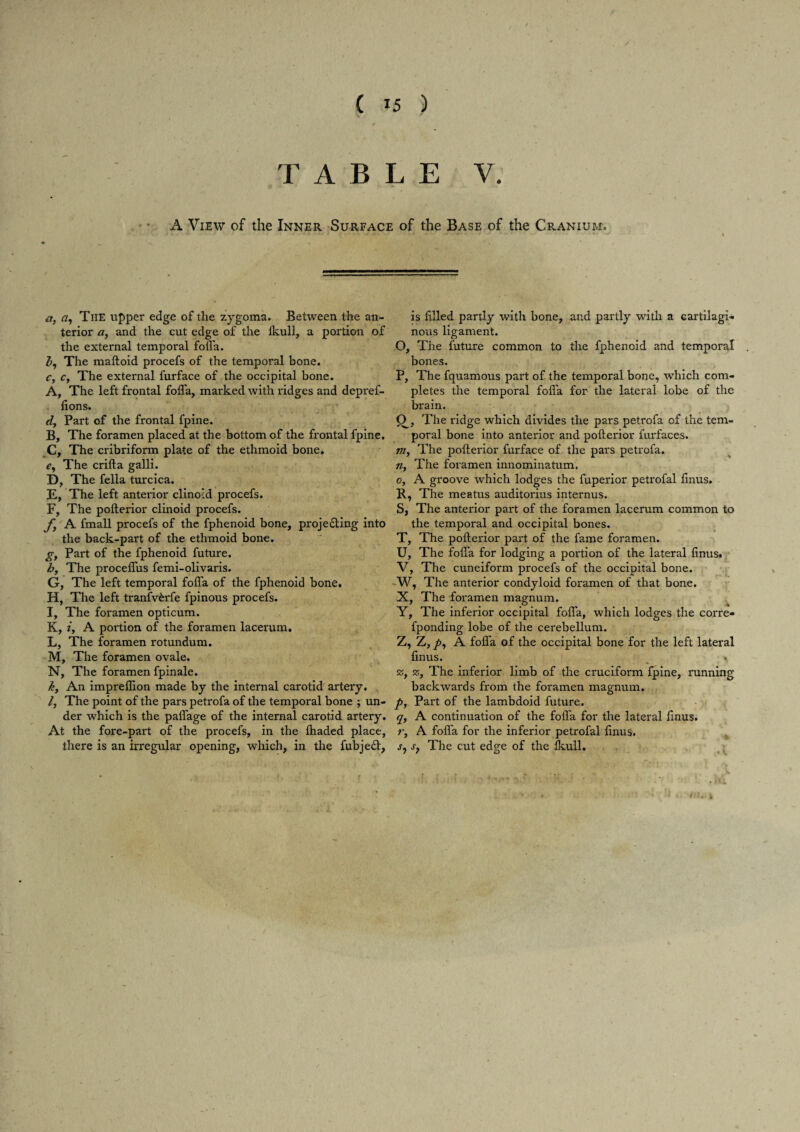 / ( 15 ) p ' ' 0 - T ABLE V, A View of the Inner Surface of the Base of the Cranium. a, a, The upper edge of the zygoma. Between the an¬ terior a, and the cut edge of the fkull, a portion of the external temporal foffa. I, The maftoid procefs of the temporal bone. c, c, The external furface of the occipital bone. A, The left frontal foffa, marked with ridges and depref- lions. d, Part of the frontal fpine. B, The foramen placed at the bottom of the frontal fpine. C, The cribriform plate of the ethmoid bone. e, The crifta galli. I), The fella turcica. E, The left anterior clinoid procefs. F, The pofterior clinoid procefs. f, A fmall procefs of the fphenoid bone, projecting into the back-part of the ethmoid bone. g, Part of the fphenoid future. h, The proceffus femi-olivaris. G, The left temporal foffa of the fphenoid bone. H, The left tranfverfe fpinous procefs. I, The foramen opticum. K, if A portion of the foramen lacerum. L, The foramen rotundum. M, The foramen ovale. N, The foramen fpinale. k, An impreffion made by the internal carotid artery. /, The point of the pars petrofa of the temporal bone ; un¬ der which is the paffage of the internal carotid artery. At the fore-part of the procefs, in the fhaded place, there is an irregular opening, which, in the fubject. is filled partly with bone, and partly with a cartilagi¬ nous ligament. O, The future common to the fphenoid and temporal bones. P, The fquamous part of the temporal bone, which com¬ pletes the temporal foffa for the lateral lobe of the brain. O^, The ridge which divides the pars petrofa of the tem¬ poral bone into anterior and pofterior furfaces. m, The pofterior furface of the pars petrofa. n, The foramen innominatum. o, A groove which lodges the fuperior petrofal finus. R, The meatus auditorius internus. S, The anterior part of the foramen lacerum common to the temporal and occipital bones. T, The pofterior part of the fame foramen. U, The foffa for lodging a portion of the lateral finus. V, The cuneiform procefs of the occipital bone. W, The anterior condyloid foramen of that bone. X, The foramen magnum. Y, The inferior occipital foffa, which lodges the corre- fponding lobe of the cerebellum. Z, Z, p, A foffa of the occipital bone for the left lateral finus. z, z, The inferior limb of the cruciform fpine, running backwards from the foramen magnum. p, Part of the lambdoid future. y, A continuation of the fofta for the lateral finus. r, A foffa for the inferior petrofal finus. s7 s; The cut edge of the fkull.