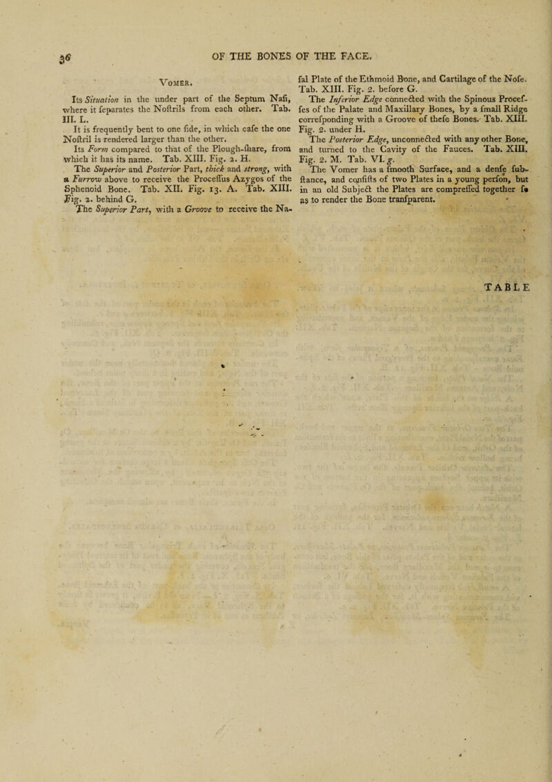 3* V OMER. Its Situation in the under part of the Septum Nali, where it feparates the Noftrils from each other. Tab. III. L. It is frequently bent to one fide, in which cafe the one Noitril is rendered larger than the other. Its Form compared to that of the Plough-fhare, from which it has its name. Tab. XIIJ. Fig. a. H. The Superior and Posterior Part, thick and strong, with a Furrow above to receive the Proceffus Azygos of the Sphenoid Bone. Tab. XII. Fig. 13. A. Tab. XIII. Fig. a. behind G„ The Superior Part, with a Groove to receive the Na- fal Plate of the Ethmoid Bone, and Cartilage of the Nofe. Tab. XIII. Fig. 2. before G. The Inferior Edge connected with the Spinous ProceT fes of the Palate and Maxillary Bones, by a fmall Ridge correfponding with a Groove of thefe Bones. Tab. XIII. Fig. 2. under H. The Posterior Edge, unconne£ted with any other Bone, and turned to the Cavity of the Fauces. Tab. XIII, Fig. 2. M. Tab. VI. g. The Vomer has a fmooth Surface, and a denfe fub» ftance, and cqnfifts of two Plates in a young perfon, but in an old Subject the Plates are compreffed together f® as to render the Bone tranfparent. TABLE *