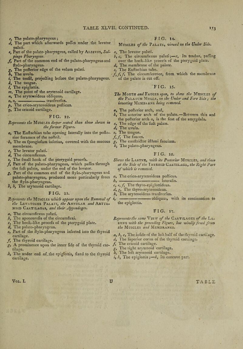 / t, The palato-pharyngeus ; d, The part which afterwards pafTes under the levator palati. e, Part of the palato-pharyngeus, called by Albinus, Sal¬ pingo Pharyngeus. ft Part of the common end of the palato-pharyngeus and flylo-pharyngeus. gt The poflerior edge of the velum palati. h, The uvula. it The tonfil, proje£ting before the palato-pharyngeus, ky The tongue. ly The epiglottis. in, The point of the arytenoid cartilage. «, The arytcHoideus obliquus. o, o, —---tranfverfus. py The crico-arytenoideus pofticus. q. The cricoid cartilage. FIG. 12. Represents the Muscles deeper seated than those shewn in the former Figure. a, The Euflachian tube opening laterally into the pofle-- rior foramen of the noftril. by The os fpongiofum inferius, covered with the mucous membrane. ct The levator palati. dy The circumflexus. ey The fmall hook of the pterygoid procefs. fy Part of the palato-pharyngeus, which paflfes through the foft palate, under the end of the levator. g. Part of the common end of the flylo-pharyngeus and palato-pharyngeus, produced more particularly from the flylo-pharyngeus. h, ht The arytenoid cartilage. FIG. 13. Represents the Muscles which appear upon the Removal of the Levatokes Palati, the Annular and Aryte¬ noid Cartilages, and their Appendages. ay The circumflexus palati. by The aponeurofis of the circumflexi. Cy The hook-like procefs of the pterygoid plate. d, The palato-pharyngeus. ey Part of the flylo-pharyngeus inferted into the thyroid cartilage. fy The thyroid cartilage. g, A prominence upon the inner fide of the thyroid car¬ tilage. hy The under end of .the epiglottis, fixed to the thyroid cartilage. FIG. 14. Muscles of the Palate, viewed on the Under Side, ay The levator palati. by Cy The circumflexus palati;—c, Its tendon, palling over the hock-like procefs of the pterygoid plate. dy The membrane of the palate. e. The Euflachian tube. ffy fy The circumference, from which the membrane of the palate is cut off. ‘FIG. 15. The Mouth and Fauces open, to shew the Muscles of the Palatum Molle, on the Under and Fore Side ; the investing Membrane being removed. a% The poflerior arch, and, by The anterior arch of the palate.—Between this and the poflerior arch rz, is the feat of the amygdala. Cy The edge of the foft palate. dy The uvula. e. The tongue. ff The fauces. g. The conflriftor iflhmi faucium. hy The palato-pharyngeus. FIG. 16. Shews the Larynx, with its Posterior Muscles, and those at the Side of the Thyroid Cartilage, the Right Part of which is removed. ay The crico-arytenoideus poflicus. by-lateralis. Cy eyf The thyro-epiglottideus. dy gy The thyro-aryteuoideus. hy The arytenoideus tranfverfus. iy--— obliquus, with its continuation to the epiglottis. FIG. 17. Represents the same View of the Cartilages of the La¬ rynx with the preceding Figure, hut wholly freed from the Muscles and Membranes. Oy b, Cy The infideof the left half of the thyroid cartilage. dy The fuperior cornu of the thyroid cartilage. f, The cricoid cartilage. gy The right arytenoid cartilage. hy The left arytenoid cartilage. i} ky The epiglottis ;—ky Its concave part. Vol. I. U TABLE • i