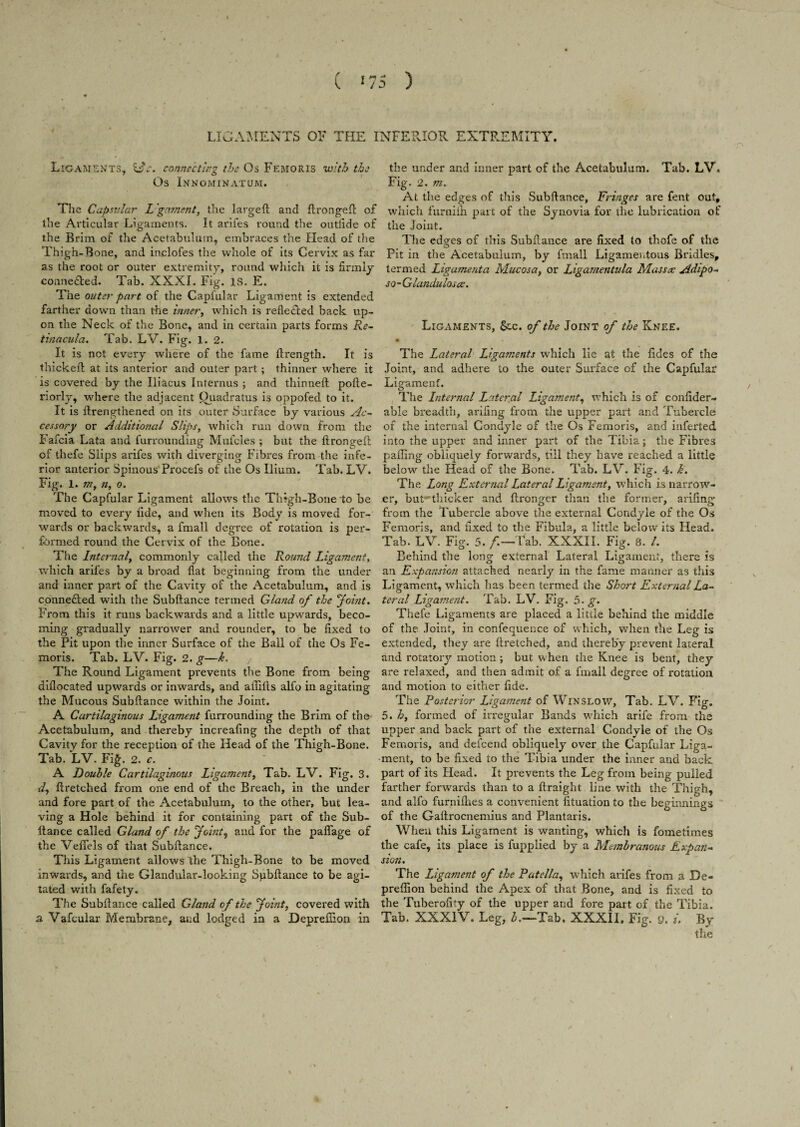 LIGAMENTS OE THE INFERIOR EXTREMITY. Ligaments, l£c. connecting the Os Femoris with the Os Innominatum. The Capsular L ganient, the .larged and dronged of the Articular Ligaments. It arifes round the outllde of the Brim of the Acetabulum, embraces the Head of the Thigh-Bone, and inclofes the whole of its Cervix as far as the root or outer extremity, round which it is firmly conne&ed. Tab. XXXI. Fig. 18. E. The outer part of the Capfular Ligament is extended farther down than the inner, which is reflected back up¬ on the Neck of the Bone, and in certain parts forms Re¬ tinacula. Tab. LV. Fig. l. 2. It is not every where of the fame drength. It is thicked at its anterior and outer part; thinner where it is covered by the Iliacus Interims ; and thinned pode- riorly, where the adjacent Quadratus is oppofed to it. It is drengthened on its outer Surface by various Ac¬ cessory or Additional Slips, which run down from the Fafcia Lata and furrounding Mul’cles ; but the dronged of thefe Slips arifes with diverging Fibres from the infe¬ rior anterior Spinous Procefs of the Os Ilium. Tab. LV. Fig. 1. m, n, o. The Capfular Ligament allows the Thigh-Bone to be moved to every fide, and when its Body is moved for¬ wards or backwards, a fmall degree of rotation is per¬ formed round the Cervix of the Bone. The Internal, commonly called the Round Ligament, which arifes by a broad flat beginning from the under and inner part of the Cavity of the Acetabulum, and is connected with the Subdance termed Gland of the Joint. From this it runs backwards and a little upwards, beco¬ ming gradually narrower and rounder, to be fixed to the Pit upon the inner Surface of the Ball of the Os Fe¬ moris. Tab. LV. Fig. 2. g—k. The Round Ligament prevents the Bone from being diflocated upwards or inwards, and aflids alfo in agitating the Mucous Subdance within the Joint. A Cartilaginous Ligament furrounding the Brim of the Acetabulum, and thereby increafing the depth of that Cavity for the reception of the Head of the Thigh-Bone. Tab. LV. Fig. 2. c. A Double Cartilaginous Ligament, Tab. LV. Fig. 3. d, dretched from one end of the Breach, in the under and fore part of the Acetabulum, to the other, but lea¬ ving a Hole behind it for containing part of the Sub- dance called Gland of the Joint, and for the paflage of the Veffels of that Subdance. This Ligament allows the Thigh-Bone to be moved inwards, and the Glandular-looking Spbdance to be agi¬ tated with fafety. The Subdance called Gland of the Joint, covered with a Vafcular Membrane, and lodged in a Depredion in the under and inner part of the Acetabulum. Tab. LV, Fig. 2. m. At the edges of this Subdance, Fringes are fent out, which furnith part of the Synovia for the lubrication of the Joint. The edges of this Subdance are fixed to tbofe of the Pit in the Acetabulum, by fmall Ligamentous Bridles, termed Ligamenta Mucosa, or Ligamentula Mass sc Adipo- so-Glandulosce. Ligaments, See. of the Joint of the Knee. • The Lateral Ligaments which lie at the fides of the Joint, and adhere to the outer Surface of the Capfular Ligament. The Internal Lateral Ligament, which is of confider- able breadth, arifing from the upper part and Tubercle of the internal Condyle of the Os Femoris, and inferted into the upper and inner part of the Tibia; the Fibres pading obliquely forwards, till they have reached a little below the Head of the Bone. Tab. LV. Fig. 4. k. The Long External Lateral Ligament, which is narrow¬ er, but- thicker and dronger than the former, arifing from the Tubercle above the external Condyle of the Os Femoris, and fixed to the Fibula, a little below its Head. Tab. LV. Fig. 5. f.— Tab. XXXII. Fig. 8. /. Behind the long external Lateral Ligament, there is an Expansion attached nearly in the fame manner as this Ligament, which has been termed the Short External La¬ teral Ligament. Tab. LV. Fig. 5. g. Thefe Ligaments are placed a little behind the middle of the Joint, in confequence of which, when the Leg is extended, they are dretched, and thereby prevent lateral and rotatory motion ; but when the Knee is bent, they are relaxed, and then admit of a fmall degree of rotation and motion to either fide. The Posterior Ligament of Winslow, Tab. LV. Fig. 5. h, formed of irregular Bands which arife from the upper and back part of the external Condyle of the Os Femoris, and delcend obliquely over the Capfular Liga¬ ment, to be fixed to the Tibia under the inner and back part of its Head. It prevents the Leg from being pulled farther forwards than to a draight line with the Thigh, and alfo furnidies a convenient lituation to the beginnings of the Gadrocnemius and Plantaris. When this Ligament is wanting, which is fometimes the cafe, its place is fupplied by a Membranous Expan¬ sion. The Ligament of the Patella, which arifes from a De- preflion behind the Apex of that Bone, and is fixed to the Tuberofity of the upper and fore part of the Tibia. Tab. XXXIV. Leg, b.—Tab. XXXII, Fig. 9. i. By the