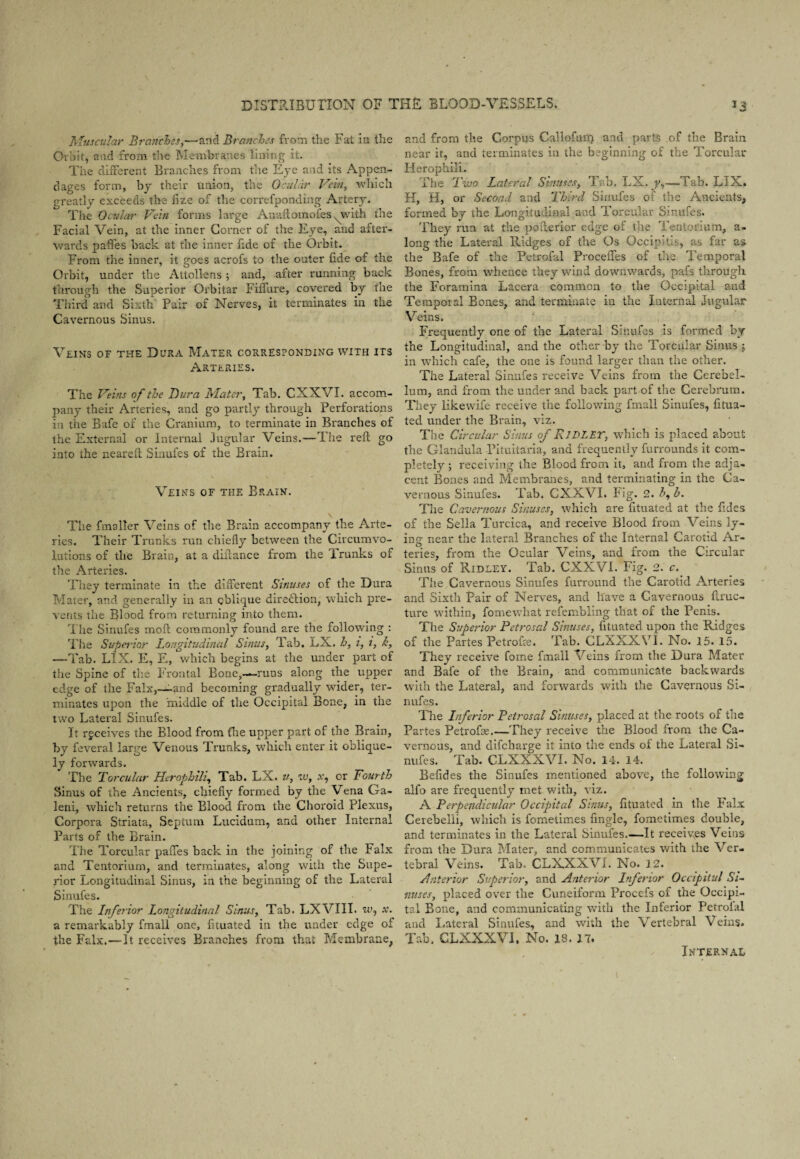 Muscular Branches,—and Branches from the Fat in the Orbit, and from the Membranes lining it. The different Branches from the Eye and its Appen¬ dages form, by their union, the Ocular Vein, which greatly exceeds the fize of the correfponding Artery. The Ocular Vein forms large Auaftomofes^with the Facial Vein, at the inner Corner of the Eye, and after¬ wards paffes back at the inner fide of the Orbit. From the inner, it goes acrofs to the outer fide of the Orbit, under the Attollens ; and, after running back through the Superior Orbitar Fiffure, covered by the Third and Sixth Pair of Nerves, it terminates in the Cavernous Sinus. Veins of the Dura Mater corresponding with its Arteries. The Veins of the Dura Mater, Tab. CXXVI. accom¬ pany their Arteries, and go partly through Perforations in the Bafe of the Cranium, to terminate in Branches of the External or Internal Jugular Veins.—The reft go into the neareft Sinufes of the Brain. Veins of the Brain. The fmaller Veins of the Brain accompany the Arte¬ ries. Their Trunks run chiefly between the Circumvo¬ lutions of the Brain, at a diftance from the Trunks of the Arteries. They terminate in the different Sinuses of the Dura Mater, and generally in an oblique direction, which pre¬ vents the Blood from returning into them. The Sinufes moft commonly found are the following : The Superior Longitudinal Sinus, Tab. LX. h, i, i, k, —Tab. LIX. E, E, which begins at the under part of the Spine of the Frontal Bone,—runs along the upper edge of the Falx,—-and becoming gradually wider, ter¬ minates upon the middle of the Occipital Bone, in the two Lateral Sinufes. It receives the Blood from the upper part of the Brain, by feveral large Venous Trunks, which enter it oblique¬ ly forwards. The Torcular Herophili, Tab. LX. v, w, v, or Fourth Sinus of the Ancients, chiefly formed by the Vena Ga- leni, which returns the Blood from the Choroid Plexus, Corpora Striata, Septum Lucidum, and other Internal Parts of the Brain. The Torcular paffes back in the joining of the Falx and Tentorium, and terminates, along with the Supe¬ rior Longitudinal Sinus, in the beginning of the Lateral Sinufes. The Inferior Longitudinal Sinus, Tab. LXVIII. wy x. a remarkably fmall one, fimated in the under edge of the Falx.—It receives Branches from that Membrane. and from the Corpus Callofuip and parts of the Brain near it, and terminates in the beginning of the Torcular Herophili. The Tvjo Lateral Sinuses, Tab, LX. y,,— fab. LIX. H, H, or Second and Third Sinufes of the Ancients, formed by the Longitudinal and Torcular Sinufes. They run at the pofterior edge of the Tentorium, a- long the Lateral Ridges of the Os Occipitis, as far as the Bafe of the Petrofal Proceffes of the Temporal Bones, from whence they wind downwards, pafs through the Foramina Lacera common to the Occipital and Temporal Bones, and terminate in the Internal Jugular Veins. Frequently one of the Lateral Sinufes is formed by the Longitudinal, and the other by the Torcular Sinus ; in which cafe, the one is found larger than the other. The Lateral Sinufes receive Veins from the Cerebel¬ lum, and from the under and back part of the Cerebrum. They likewife receive the following fmall Sinufes, fitua- ted under the Brain, viz. The Circular Sinus of RlDLET, which is placed about the Glandula pituitaria, and frequently furrounds it com¬ pletely ; receiving the Blood from it, and from the adja¬ cent Bones and Membranes, and terminating in the Ca¬ vernous Sinufes. Tab. CXXVI. Fig. 2. h, h. The Cavernous Sinuses, which are fttuated at the fides of the Sella Turcica, and receive Blood from Veins ly¬ ing near the lateral Branches of the Internal Carotid Ar¬ teries, from the Ocular Veins, and from the Circular Sinus of Ridley. Tab. CXXVI. Fig. 2. c. The Cavernous Sinufes furround the Carotid Arteries and Sixth Pair of Nerves, and have a Cavernous ftruc- ture within, fomewliat refembling that of the Penis. The Superior Petrosal Sinuses, fttuated upon the Ridges of the Partes Petrofte. Tab. CLXXXYI. No. 15. 15. They receive fome fmall Veins from the Dura Mater and Bafe of the Brain, and communicate backwards with the Lateral, and forwards with the Cavernous Si¬ nufes. The Inferior Petrosal Sinuses, placed at the roots of the Partes Petrofae,—They receive the Blood from the Ca¬ vernous, and difcharge it into the ends of the Lateral Si¬ nufes. Tab. CLXXXVI. No. 14. 14. Befides the Sinufes mentioned above, the following alfo are frequently met with, viz. A Perpendicular Occipital Sinus, fttuated in the Falx Cerebelli, which is fometimes fingle, fometimes double, and terminates in the Lateral Sinufes.—It receives Veins from the Dura Mater, and communicates with the Ver¬ tebral Veins. Tab. CLXXXVi. No. 12. AInterior Superior, and Anterior Inferior Occipitul Si¬ nuses, placed over the Cuneiform Procefs of the Occipi¬ tal Bone, and communicating with the Inferior Petroial and Lateral Sinufes, and with the Vertebral Veins. Tab. CLXXXVI. No. 13. IT.