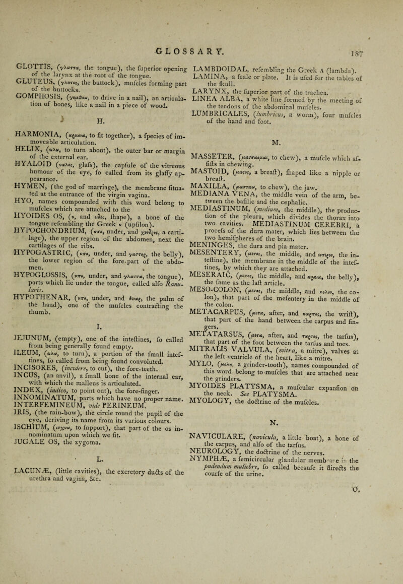 GLOTTIS, (yXarrx, the tongue), the fuperior opening of the larynx at the root of the tongue. GLU 1 EUS, (yAnTCiy the buttock), mufcles forming part of the buttocks. GOMPHOSIS, (yopQou, to drive in a nail), an articula¬ tion of bones, like a nail in a piece of wood. HARMONIA, (to fit together), a fpecies of im¬ moveable articulation. HELIX, (*<x», to turn about), the outer bar or margin of the external ear. HYALOID (vxAe5, glafs), the capfule of the vitreous humour of the eye, fo called from its glafly ap¬ pearance. HYMEN, (the god of marriage), the membrane fitua- ted at the entrance of the virgin vagina. HYO, names compounded with this word belong to mufcles which are attached to the OIDES OS, (v, and fhape), a bone of the tongue refembling the Greek « (upfilon). HYPOCHONDRIUM, (wo, under, and a carti¬ lage), the upper region of the abdomen, next the cartilages of the ribs. HYPOGASTRIC, (wo, under, and yx<rr^, the belly), the lower region of the fore-part of the abdo¬ men. , HYPOGLOSSIS, (wo, under, and yXas-rx, the tongue), parts which lie under the tongue, called alfo Ranu- laris. H^PO THENAR, (wo, under, and fo*x^, the palm of the hand), one of the mufcles contracting the thumb. I. JEJUNUM, (empty), one of the- intellines, fo called from being generally found empty. ILEUM, (uXu, to turn), a portion of the fmall intef- tines, fo called from being found convoluted. INCTSORES, (iincidere, to cut), the fore-teeth. INCUS, (an anvil), a fmall bone of the internal ear, with which the malleus is articulated. INDEX, (indico, to point out), the fore-finger. 1NNOMINATUM, parts which have no proper name. INTERFEM1NEUM, vide PERINEUM. IRIS, (the rain-bow), the circle round the pupil of the eye, deriving its name from its various colours. ISCHIUM, (ktx,vo>, to fupport), that part of the os in- nominatum upon which we fit. JUGALE OS, the zygoma. L. LACUNA:, (little cavities), the excretory duds of the urethra and vagina, &c. LAMBDOIDAL, refembling the Greek A (lambda). LAMINA, a l'cale or plate. It is ufed for the tables of the fkull. LARYNX, the fuperior part of the trachea. LINEA ALBA, a white line formed by the meeting of the tendons of the abdominal mufcles. LUMBRICALES, (lumbricus, a worm), four mufcles of the hand and foot. M. MASSETER, (pxrrxopxt, to chew), a mufcle which af- fifts in chewing. O MASTOID, (pastj, a bread:), fhaped like a nipple or bread. MAXILLA, (pxrtretu, to chew), the jaw. MEDIANA VENA, the middle vein of the arm, be¬ tween the bafilic and the cephalic. MEDIASTINUM, (medium, the middle), the produc¬ tion of the pleura, which divides the thorax into two cavities. MEDIASTINUM CEREBRI, a procefs of the dura mater, which lies between the two hemifpheres of the brain. MENINGES, the dura and pia mater. MESENTER1, (ftirog, the middle, and (vngoi/, the in- teftine), the membrane in the middle of the intef- tmes, by which they are attached. MESERAlC, (f’iio•<>?, the middle, and x^xtx, the belly), the fame as the lad article. MESO-COLON, (fAio-oi, the middle, and xoA«», the co¬ lon), that part of the mefentery in the middle of the colon. ME! ACARPUS, (ftirx, after, and xx^tto;, the wrrid), that part 01 the hand between the carpus and fin¬ gers. ME TA TARSUS, (y>irx, after, and tx^to%, the tarfus), that part of the foot between the tarfus and toes. MITRALIS VALVULA, (mitro, a mitre), valves at the left ventricle of the heart, like a mitre. MYLO, (jtoM, a grinder-tooth), names compounded of this word belong to mufcles that are attached near the grinders. MYOIDES PLATYSMA, a mufcular expanfion on the neck. See PLATYSMA. MYOLOGY, the dodrine of the mufcles. N. NAVICULARE, (navicula, a little boat), a bone of the carpus, and alfo of the tarfus. NEUROLOG1, the dodrine of the nerves. NYMPHjE, a femicircular glandular memb'are in the pudendum muliebre, fo called becaufe it aireds the courfe of the urine. O.