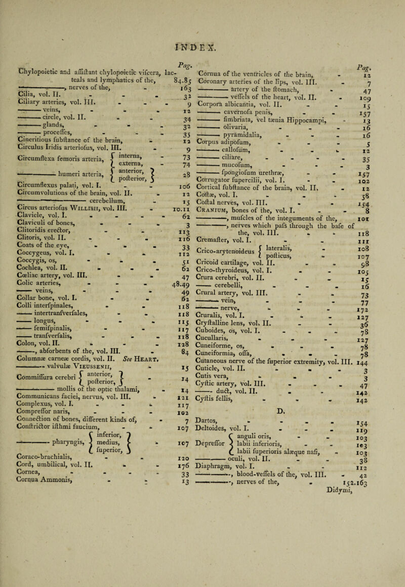 Chylopoietic and afftftant chylopoietic vifcera, teals and lymphatics of the, ■ --, nerves of the, Cilia, vol. II. Ciliary arteries, vol. III. — --veins, - • -*-circle, vol. II. -- - glands, - — ■ ■ procefles, - - Cineritious fubftance of the brain, Circulus Iridis arteriofus, vol. III. Circumflexa femoris arteria, -T *nteina> L externa, * -— humeri arteria, anterior, 7 poiterior, } Circumflexus palati, vol. I. Circumvolutions of the brain, vol. II. -- 1 - cerebellum. Circus arteriofus Willisii, vol. III. Clavicle, vol. I. - _ » Claviculi of bones, - Clitoridis eredtor, Clitoris, vol. II. *. Coats of the eye, * . _ Coccygeus, vol. I. - » Coccygis, os, - - . Cochlea, vol. II. - . Coeliac artery, vol. III. - - Colic arteries, - » - veins, - . • Collar bone, vol. I. - . Colli interfpinales, ——— intertranfverfales, - -longus, - - - ‘— femifpinalis, — -tranfverfalis, - _ Colon, vol. II. * --, abforbents of the, vol. III. Columnae cameae cordis, vol. II. See HEART, — valvulae Vieussenii, *. I anterior, ) \ pofterior, J ----mollis of the optic thalami, Communicans faciei, nervus, vol. III. - Complexus, vol. I. . . Compreffor naris, - Connedlion of bones, different kinds of, Conftridtor iflhmi faucium, - - C inferior, --pharyngis, } medius, £ fuperior, Coraco-brachialis, Cord, umbilical, vol. II. Cornea, Cornua Ammonis, lac- Commiffura cerebri Pag. 84.85 *63 32 9 12 34 32 35 12 9 73 74 28 106 12 l5 TO.II 62 3 116 33 112 Sl 62 47 48.49 49 62 118 118 ”5 117 118 128 84 *S *4 x 21 117 102 7 107 107 120 176 33 *3 Cornua of the ventricles of the btain. Coronary arteries of the lips, vol. III. -artery of the ftbmach, --— vefiels of the heart, vol. II. Corpora albicantia, vol. II. ■ -- cavernofa penis, — fimbriata, vel taenia Hippocampi, - olivaria, . ■ - pyramidalia, - » Corpus adipofum, - - - — callofum, - _ u --- ciliare, - ■ -mucofum, - - -fpongiofum urethrae, Corrugator fupercilii, vol. I. Cortical fubftance of the brain, vol. II. Coftae, vol. I. _ * Coftal nerves, vol. III. Cranium, bones of the, vol. I. - - -- mufcles of the integuments of the, -> nerves which pafs through the bafe of the, vol. III. *. - Cremafter, vol. I. Crico-arytenoideus T l polticus, Cricoid cartilage, vol. II. - * Crico-thyroideus, vol. I. Crura cerebri, vol. II. - «. -- cerebelli, . _ Crural artery, vol. III. - * --- vein, . ■-■■■■  nerve, - _ _ Cruralis, vol. I. . - Gryftalline lens, vol. II. Cuboides, os, vol. I. - % Cucullaris, ... Cuneiforme, os, Cuneifbrmia, ofla, • ' . Cutaneous nerve of the fuperior extremity, vol. III. 144 Cuticle, vol. II. * a . Cutis vera, *. Cyftic artery, vol. III. - -dudt, vol. II. Cyltis fellis, „ Pag, 12 7 47 109 15 I57 13 16 16 5 12 35 3 *57 102 12 58 J54 8 IQI Il8 III 108 I07 98 15 15 73 77 172 127 36 78 127 78 78 3 3 47 142 142 D. Dartos, *. _ Deltoides, vol. I. - C anguli oris, Depreffor < labii inferioris, (_ labii fuperioris alaeque nafi, -oculi, vol. II. Diaphragm, vol. I. --blood-veffels of the, vol. III. ———-, nerves of the. Didymi, 154 n9 103 Ie3 103 38 112 42 152.163